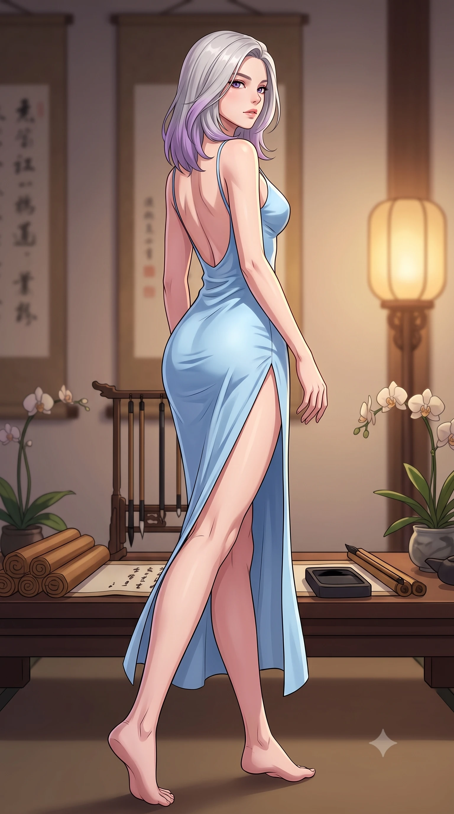 score_9, masterpiece, best quality, ultra-detailed, high-budget anime keyframe, tasteful artistic composition, Caucasian woman. low angle full-body shot from head to toe showing her feet, filling the entire 9:16 vertical frame with her statuesque presence, stretching her vertical silhouette. stepping gracefully while looking back over her shoulder, her dress draped tightly to reveal her silhouette the background shows a soft-focus a traditional study room with wooden scrolls, ink stones, and orchid plants. She has an absolutely perfect, statuesque 8.5-heads proportion, an exceptionally tall and slender model-like female figure with impossibly long slender legs and an ultra-slim waist. sharp v-shaped jawline, high-bridge nose, intricate jewel-like eyes with depth, thick eyelashes, glossy lips with a natural sheen. wearing a body-hugging lightweight silk slip dress in baby blue with a high side slit and a low-cut back. soft warm paper lamp glow creating a quiet and meditative atmosphere. highly saturated vibrant anime colors, cel-shading, 2d style, master piece, 9:16 ratio
