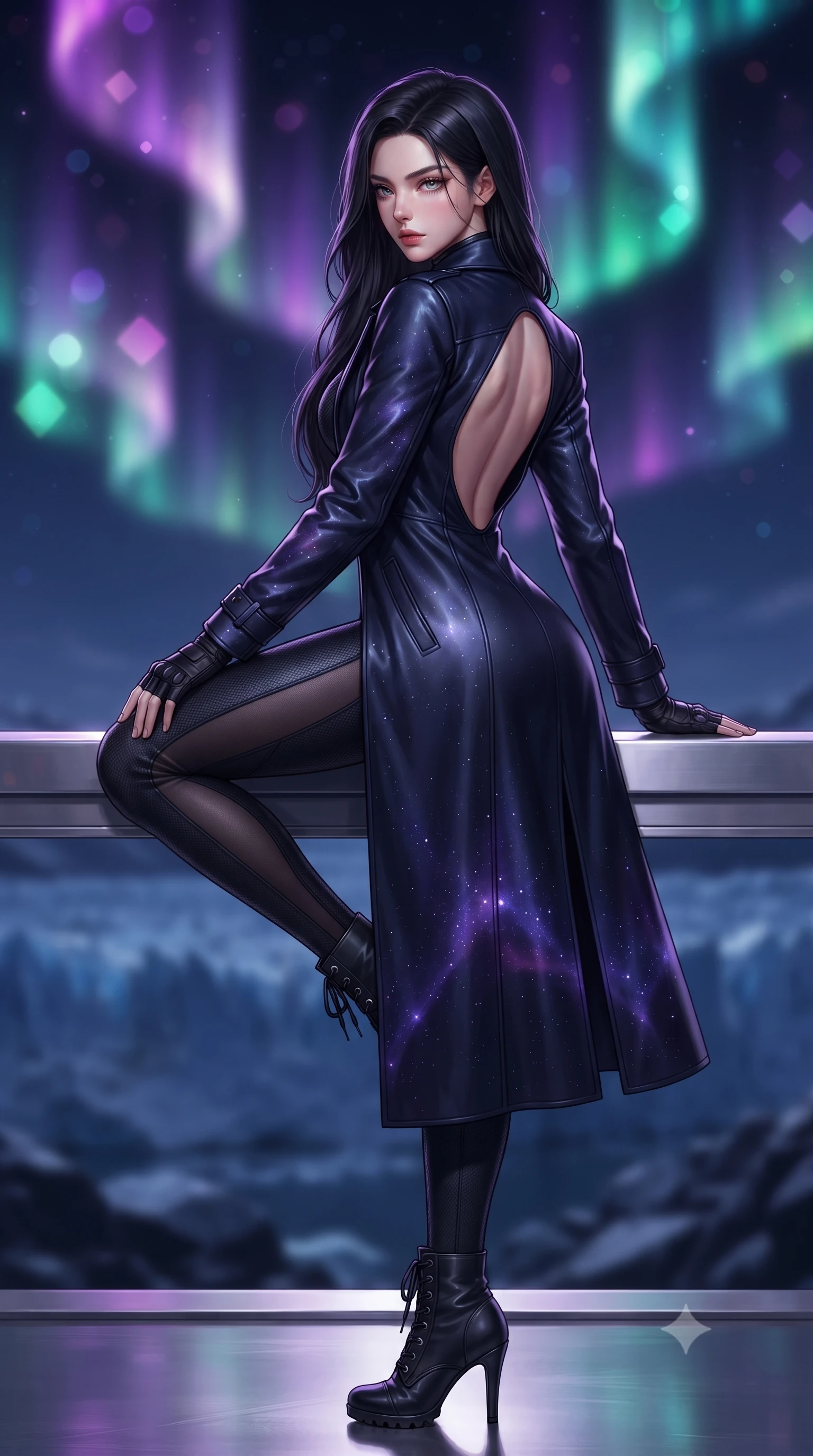 score_9, masterpiece, best quality, ultra-detailed, high-budget anime keyframe, editorial fashion photography, tasteful artistic composition, Korean woman. low angle full-body shot from head to toe showing her feet, filling the entire 9:16 vertical frame with her statuesque presence, stretching her vertical silhouette. reclining on her side in an elegant Cleopatra pose with one knee drawn up, the dramatic contour of her rounded hips and long slender legs commanding the 9:16 vertical frame while standing poised on a polished titanium altar overlooking midnight glaciers, twisting her torso to look back with fierce, intoxicating allure as auroras dance overhead. The composition keeps background elements in soft focus with creamy bokeh. swirling violet, emerald, and magenta aurora curtains and distant glacier peaks blurred into glowing amethyst, teal, and diamond bokeh. She has an absolutely perfect, statuesque 8.5-heads proportion, an exceptionally tall and slender model-like female figure with impossibly long slender legs, a toned flat midriff, an ultra-slim waist, and beautifully sculpted feminine hips. sharp v-shaped jawline, high-bridge nose, intricate jewel-like eyes with depth, thick eyelashes, glossy parted lips with a natural sheen, intensely captivating and seductive bedroom-eyes expression, flawlessly proportioned anatomical accuracy, strict slender model proportions, natural body alignment, perfectly sculpted long slender limbs, ultra-slim waistline, clean dynamic posture without body distortion. wearing a second-skin dark carbon-weave infiltration catsuit paired with a tailored long leather trench coat in deep midnight navy and glowing violet starlight, made of sheer contouring power-mesh panels with anatomical curve lines, complemented by tactical fingerless combat gloves and stiletto combat boots, the dramatically scooped open back descending to the base of her spine, accentuating her razor-sharp statuesque lines and curvy hourglass silhouette. surrounded by an indomitable, lethal, and breathtakingly majestic cyber-valkyrie goddess aura. ultra-reflective glossy finish, specular highlights, rich textural contrasts, high-contrast stereoscopic depth, volumetric dynamic lighting, 2k, ultra detail, master piece, 9:16 ratio