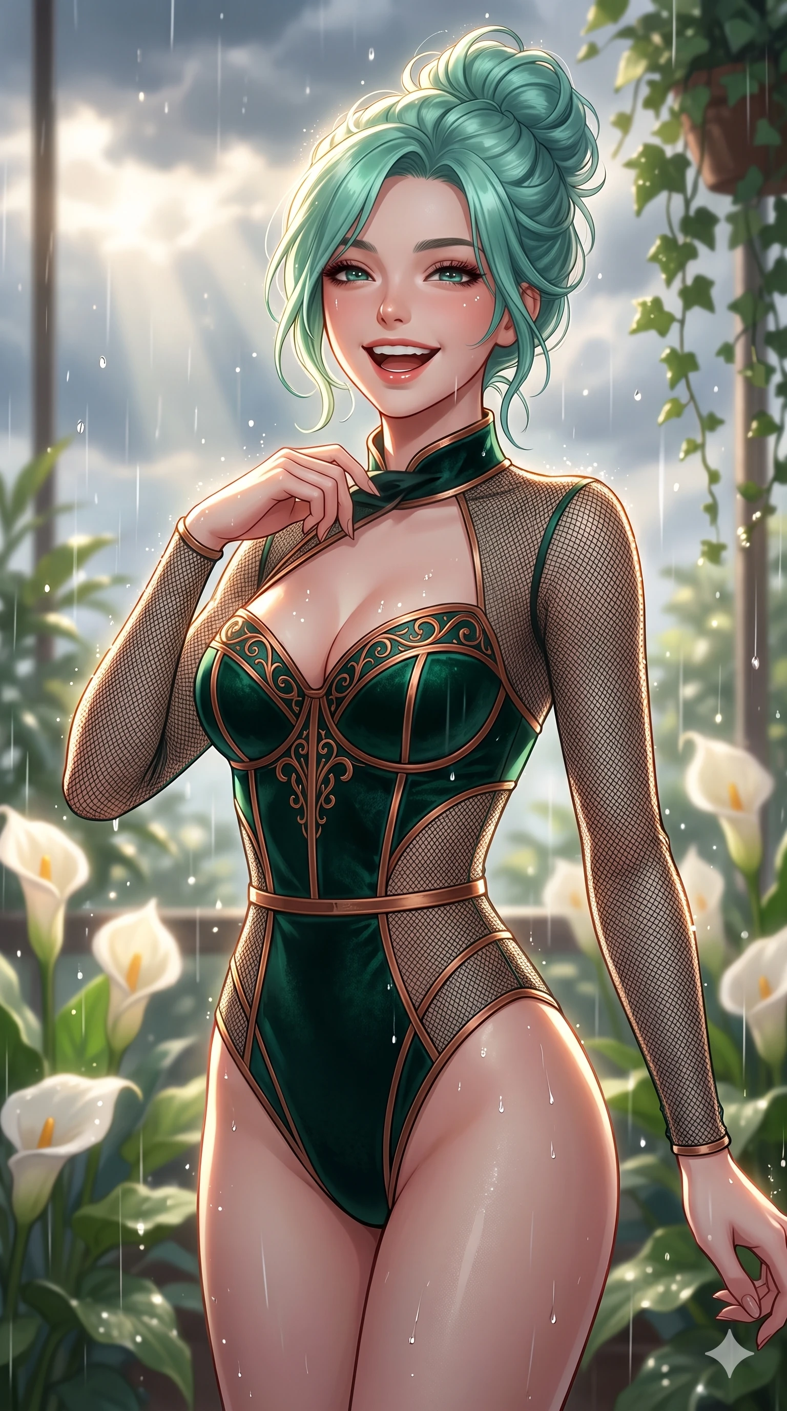 score_9, masterpiece, best quality, ultra-detailed, high-budget anime keyframe, vibrant anime aesthetic, Japanese woman. close-up cowboy shot from the waist and thighs up, the character dominates the composition, filling the frame with her large presence, background elements kept in soft focus. She is laughing cheerfully while adjusting her collar in the soft drizzle, with a warm and inviting look with a lively, expressive stance. the background shows a soft-focus sunlit plant conservatory filled with white calla lilies and hanging ivy, as sunbeams pierce through storm clouds (Code-P22-159). She has an absolutely perfect proportion, an exceptionally elegant and slender female figure with an ultra-slim waist. V-shaped jawline, high-bridge nose, intricate jewel-like eyes with depth, thick eyelashes, glossy lips with a natural sheen. wearing a delicate mesh-textured bodysuit featuring a structured textured bodice with a sweetheart neckline in dark emerald and copper details. She is lit by sparkling rain droplets reflecting the morning sun, creating a glowing halo, tracing the elegant lines of her shoulders inside the retro conservatory cafe. 2k, ultra detail, master piece, 9:16 ratio