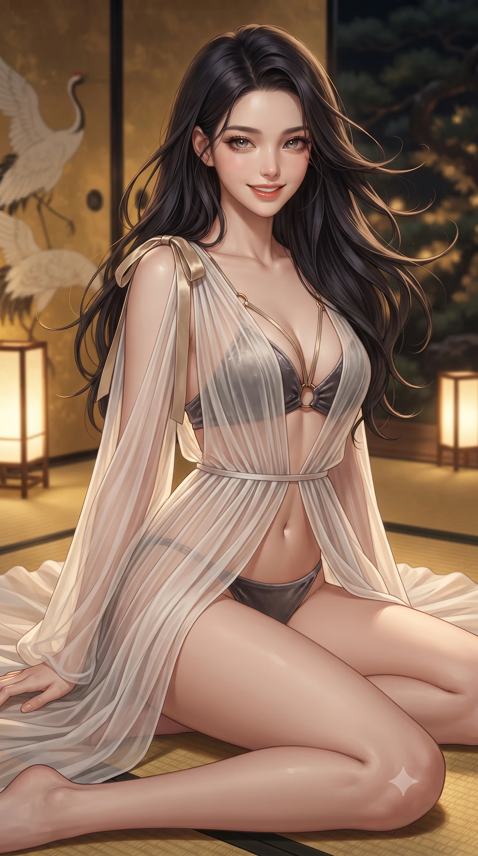 score_9, masterpiece, best quality, ultra-detailed, high-budget anime keyframe, editorial fashion photography, tasteful artistic composition, Korean woman. close-up cowboy shot from the waist and thighs up, the character dominates the composition, filling the frame with her large presence. turning slowly with an enchanting smoldering smile, her glossy hair tossing in the breeze as her hips angle gracefully in a captivating contrapposto while sitting gracefully in seiza-turned-alluring side drape across the golden tatami mats, arching her spine with effortless geisha-inspired supermodel poise. The background shows a soft-focus hand-painted gold-leaf crane motifs on sliding fusuma doors, glowing andon paper floor lamps, and dark pine courtyard garden blurred into gold, amber, and obsidian bokeh. She has an exceptionally elegant, slender, and willowy female figure with an ultra-slim waist, flat toned midriff, narrow ribcage, and sculpted feminine hips creating an alluring, slim hourglass silhouette without bulk. sharp v-shaped jawline, high-bridge nose, intricate jewel-like sparkling eyes with depth, thick eyelashes, glossy parted lips with a natural peach sheen, bright cheerful beaming smile with an enchanting and coquettish sensual glint, exuding both youthful cute charm and seductive allure, flawlessly proportioned anatomical accuracy, strict slender model proportions, natural body alignment, perfectly sculpted long slender limbs, ultra-slim waistline, clean dynamic posture without body distortion. wearing an ethereal sheer Grecian pleated chiffon peignoir gown cascading open over a matching strappy gold-ring bralette and bikini in Hollywood starlight platinum and smoky charcoal, tailored from ultra-plush silk velvet with rich tactile depth and deep shadow gradients, finished with satin ribbon ties at the shoulders fluttering in the gentle breeze, the second-skin tailored fabric adhering flawlessly to her sculpted flat midriff and slender torso, emphasizing her long leg lines and perfectly proportioned willowy build. bathed in the soft, intimate 2200K ambient illumination of traditional washi paper lanterns and floor-standing andon lights. ultra-reflective glossy finish, specular highlights, rich textural contrasts, high-contrast stereoscopic depth, volumetric dynamic lighting, 2k, ultra detail, master piece, 9:16 ratio
