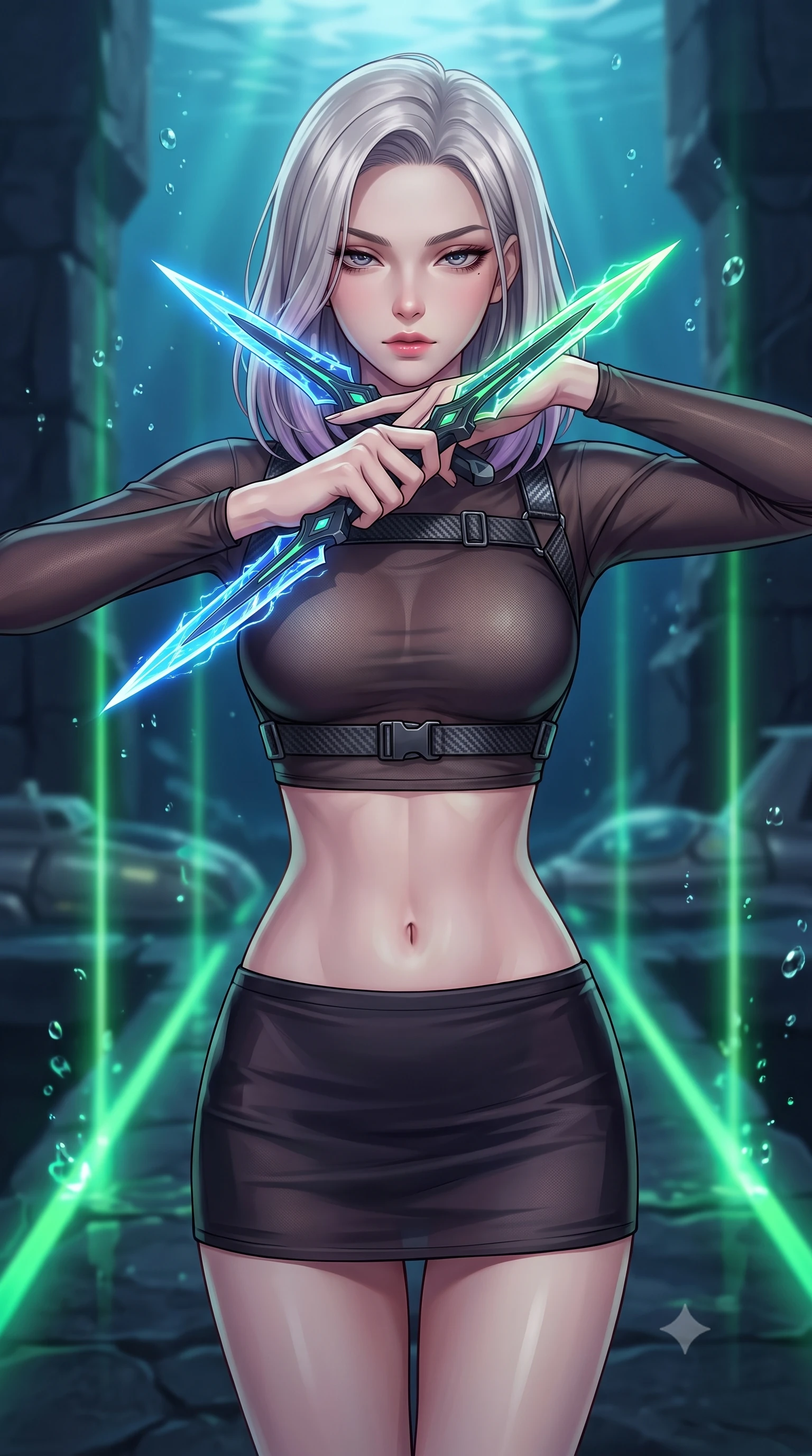 score_9, masterpiece, best quality, ultra-detailed, high-budget anime keyframe, editorial fashion photography, tasteful artistic composition, Caucasian woman. close-up cowboy shot from the waist and thighs up, the character dominates the composition, filling the frame with her large presence, background elements kept in soft focus. holding two energy daggers crossed in front of her elegant collarbone, casting a heavy-lidded, sultry look, the background shows a soft-focus an underwater dock for personal submarines made of dark basalt stone. She has an exceptionally elegant, slender, and willowy female figure with an ultra-slim waist, a gracefully sculpted slender torso, and a refined silhouette. sharp v-shaped jawline, high-bridge nose, intricate jewel-like eyes with depth, thick eyelashes, glossy lips with a natural sheen. wearing a form-contouring semi-opaque dark mesh crop top paired with a micro skirt, layered with a carbon-fiber harness. fluorescent green dock status lasers refracting through water droplets. highly saturated vibrant anime colors, detailed shading with soft gradients, rich glossy textures, high-contrast stereoscopic depth, volumetric dynamic lighting, master piece, 9:16 ratio