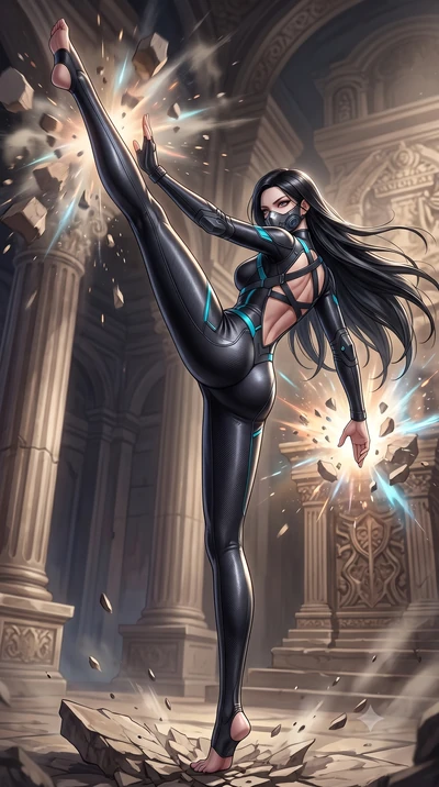 score_9, masterpiece, best quality, ultra-detailed, high-budget anime keyframe, semi-realistic 3D game render, editorial fashion photography, tasteful artistic composition, Korean woman. low angle full-body shot from head to toe showing her feet, fil