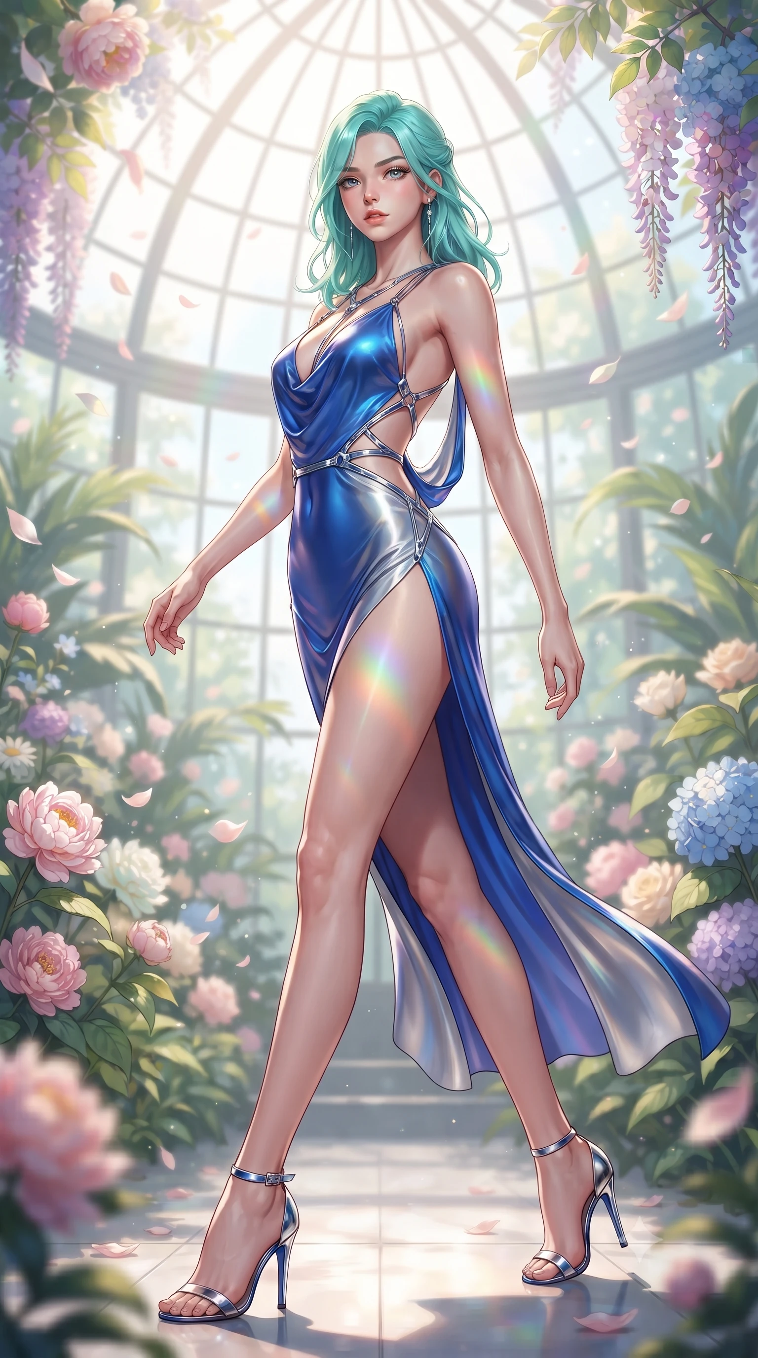 score_9, masterpiece, best quality, ultra-detailed, high-budget anime keyframe, editorial fashion photography, tasteful artistic composition, Japanese woman. low angle full-body shot from head to toe showing her feet, filling the entire 9:16 vertical frame with her statuesque presence, stretching her vertical silhouette. striding forward in a proud, statuesque motion with a dangerous smolder, her vertical silhouette dominating the frame from head to toe while stretching forward with an alluring S-curve silhouette on a crystal garden bench as rainbow light bands cross her skin. The composition keeps background elements in soft focus with creamy bokeh. sunlit glasshouse dome arches and floating flower petals softened in dreamy shallow depth of field. She has an absolutely perfect, statuesque 8.5-heads proportion, an exceptionally tall and slender model-like female figure with impossibly long slender legs, a toned flat midriff, and an ultra-slim waist. sharp v-shaped jawline, high-bridge nose, intricate jewel-like eyes with depth, thick eyelashes, glossy lips with a natural sheen, flawlessly proportioned anatomical accuracy, strict slender model proportions, natural body alignment, perfectly sculpted long slender limbs, ultra-slim waistline, clean dynamic posture without body distortion. wearing a precision-fitted liquid jersey bodycon dress with a dramatic draped cowl back that swoops down to her waist and a high side slit in liquid electric cobalt blue and polished silver, made of smooth iridescent silk chiffon that shifts colors with movement, reinforced by a sleek metallic chrome harness and delicate glowing micro-straps, the liquid-tight tailored fabric emphasizing every curve of her tall, slender model proportions and sculptured silhouette during dynamic movement. surrounded by a pure, romantic, and breathtakingly alluring floral sanctuary atmosphere. ultra-reflective glossy finish, specular highlights, metallic sheen, high-contrast stereoscopic depth, volumetric dynamic lighting, 2k, ultra detail, master piece, 9:16 ratio