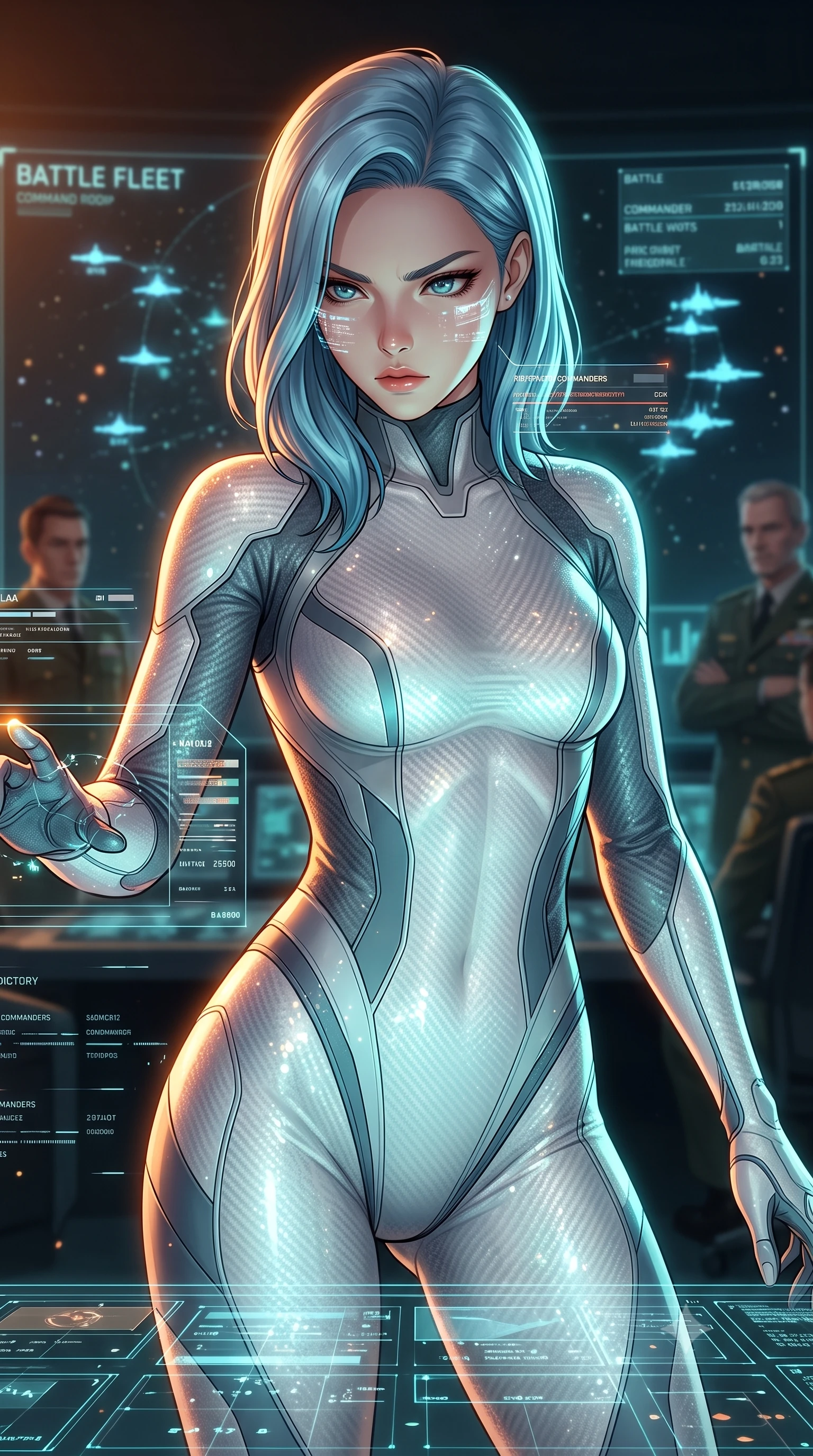score_9, masterpiece, best quality, ultra-detailed, high-budget anime keyframe, editorial fashion photography, tasteful artistic composition, Korean woman. close-up cowboy shot from the waist and thighs up, the character dominates the composition, filling the frame with her large presence, background elements kept in soft focus. Scanning the digital tactical security grid with a fierce focused gaze, hologram overlays reflecting in her eyes. set against a soft-focus background of a dark room with a holographic starmap showing battle fleets, military commanders in soft focus. She has an exceptionally elegant and slender, willowy female figure with an ultra-slim waist, a gracefully sculpted slender torso, and a refined slim physique. sharp v-shaped jawline, high-bridge nose, intricate jewel-like eyes with depth, thick eyelashes, glossy lips with a natural sheen. wearing catching and diffusing the glowing particles, shimmering softly in response to the surrounding light, a body-hugging body-hugging carbon-fiber bodysuit in white and slate grey, tracing her slender torso with aerodynamic lines. highly saturated vibrant anime colors, intense vivid color palette, soft 3D volumetric shading, volumetric dynamic lighting, warm amber rim lighting combined with cool teal fill light creating dramatic contrast. 2k, ultra detail, master piece, 9:16 ratio