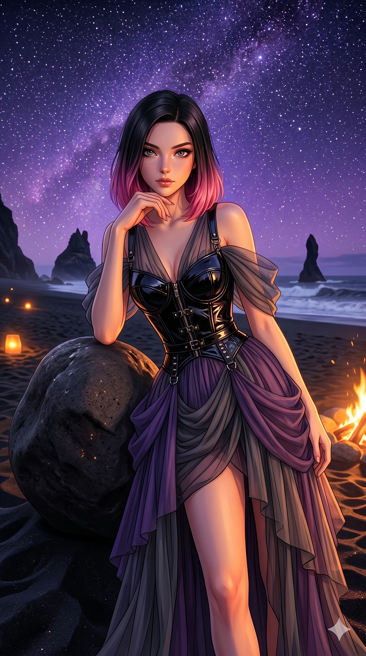 score_9, masterpiece, best quality, ultra-detailed, high-budget anime keyframe, editorial fashion photography, tasteful artistic composition, Korean woman. cowboy shot from the thighs up, character and outfit filling the frame for maximum editorial presence. resting her chin on her hand, looking directly at the camera with a confident gaze on a secluded black volcanic beach under a sky of violet starlight (Code-P18-160). She has an absolutely perfect 8-heads proportion, an exceptionally tall and slender female figure with impossibly long slender legs and an ultra-slim waist. V-shaped jawline, high-bridge nose, intricate jewel-like eyes with depth, thick eyelashes, glossy lips with a natural sheen. wearing a fine chiffon dress with a black structured bodice bodice. warm amber firelight casting dancing shadows and a soft golden glow over her features. 2k, ultra detail, master piece, 9:16 ratio