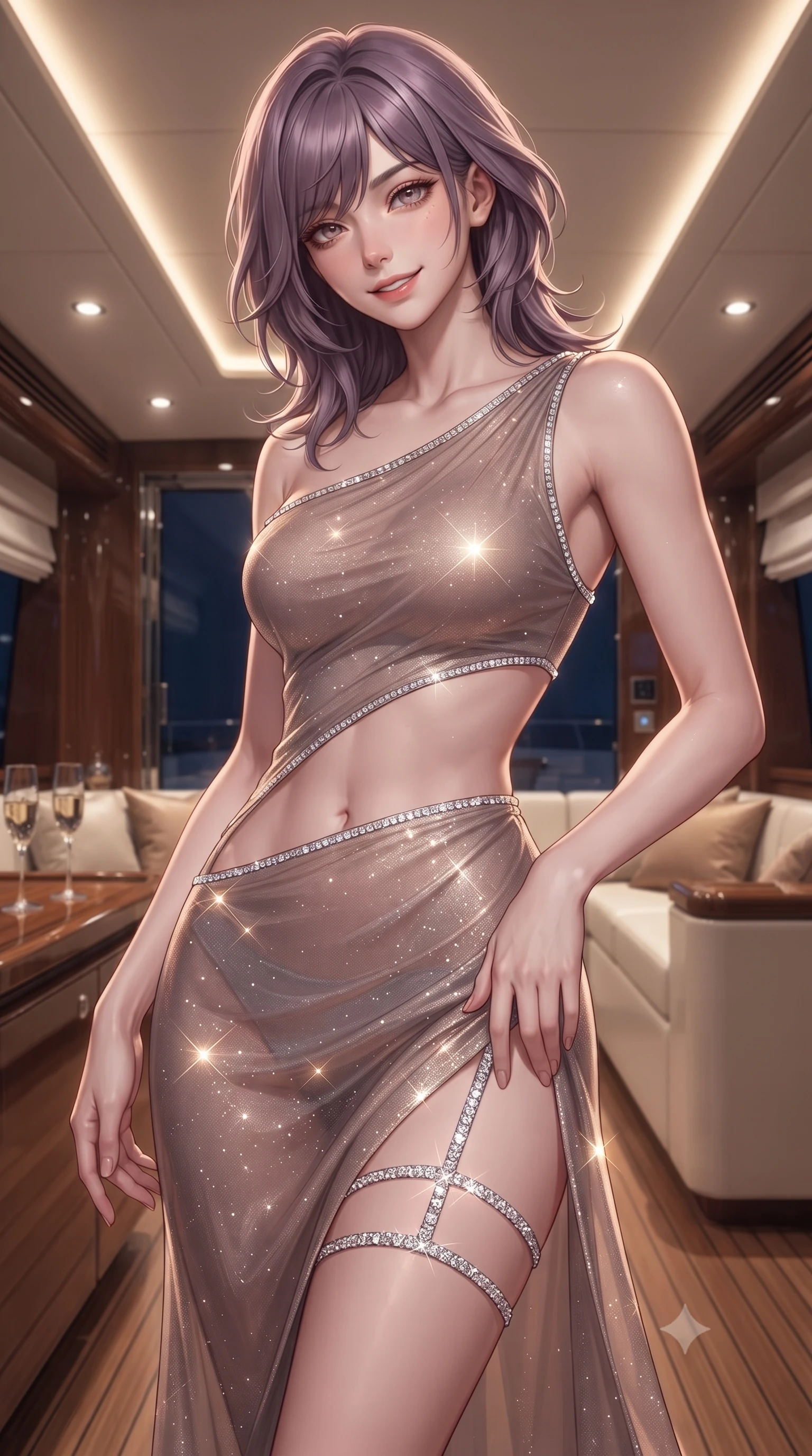 score_9, masterpiece, best quality, ultra-detailed, high-budget anime keyframe, editorial fashion photography, tasteful artistic composition, Japanese woman. close-up cowboy shot from the waist and thighs up, the character dominates the composition, filling the frame with her large presence. tilting her head with a teasing half-smile, running one hand slowly down the side of her hip in a flirtatious S-curve as warm candlelight caresses her silhouette while twisting her slender torso in an alluring S-curve against the polished white superstructure, silvery moonlight tracing her waist and hip curves. The surrounding environment is rendered in vivid detail and crisp panoramic clarity: sharp polished marine-grade stainless steel reflections, teak wood caulking seams, and crystal champagne glass clarity in deep focus. She has an exceptionally elegant, slender, and willowy female figure with an ultra-slim waist, flat toned midriff, narrow ribcage, and sculpted feminine hips creating an alluring, slim hourglass silhouette without bulk. sharp v-shaped jawline, high-bridge nose, sparkling eyes with hypnotic seductive depth, thick curled eyelashes, glossy parted lips with a natural dewy peach sheen, alluring bedroom-eyes with an enchanting coquettish smile, exuding magnetic siren charisma and sophisticated high-fashion glamour, flawlessly proportioned anatomical accuracy, strict slender model proportions, natural body alignment, perfectly sculpted long slender limbs, ultra-slim waistline, clean dynamic posture without body distortion. wearing an asymmetric one-shoulder liquid jersey gown with dramatic hip-high slit and waist cutout in sheer dusky champagne and glistening crystal trims, woven from stretch metallic lurex jersey casting radiant starlight glints across her silhouette, finished with delicate crystal-encrusted thigh garter straps glinting in the dim light, the form-contouring silhouette accentuating her sculpted flat midriff, narrow delicate ribcage, and gracefully curvy hips with intoxicating allure. illuminated by ocean moonbeam bounce and sharp platinum rim lights sculpting her jawline, flat midriff, and curvaceous hips. ultra-reflective glossy finish, specular highlights, rich textural contrasts, high-contrast stereoscopic depth, volumetric dynamic lighting, 2k, ultra detail, master piece, 9:16 ratio