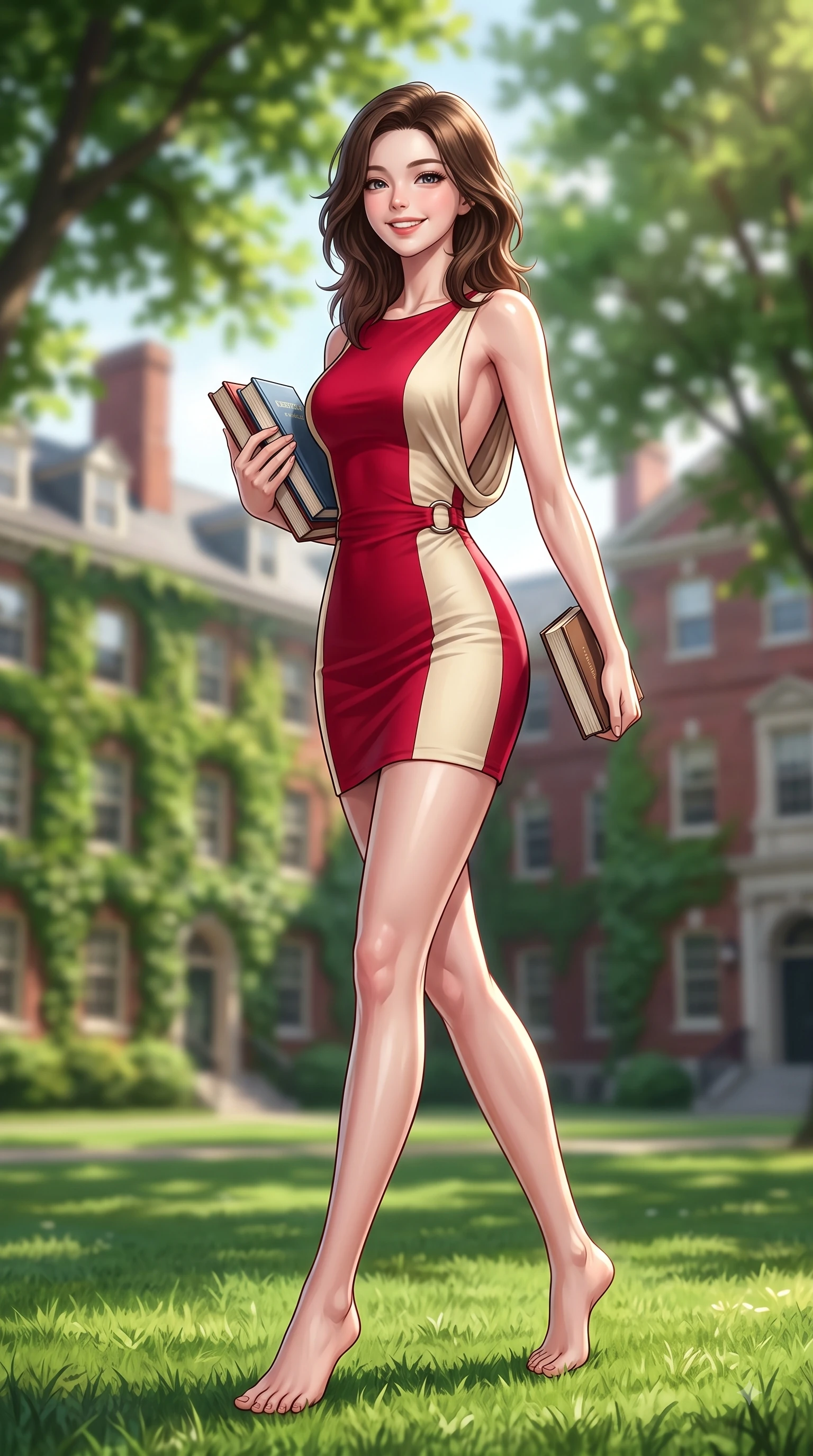 score_9, masterpiece, best quality, ultra-detailed, high-budget anime keyframe, editorial fashion photography, tasteful artistic composition, Korean woman. low angle full-body shot from head to toe showing her feet, filling the entire 9:16 vertical frame with her statuesque presence, stretching her vertical silhouette. stepping forward gracefully in mid-motion with a delighted cute expression, displaying her statuesque model proportions while walking happily across a lush green university campus quad carrying books with a beaming smile. The composition keeps background elements in soft focus with dreamy bokeh. ivy-covered red-brick academic halls and green leaf canopies blurred into soft background bokeh. She has an absolutely perfect, statuesque 8.5-heads proportion, an exceptionally tall and slender model-like female figure with impossibly long slender legs and an ultra-slim waist. sharp v-shaped jawline, high-bridge nose, intricate jewel-like eyes with depth, thick eyelashes, glossy lips with a natural sheen, flawlessly proportioned anatomical accuracy, natural body alignment, perfectly sculpted elegant limbs, clean dynamic posture without body distortion. wearing a precision-fitted bodycon dress with a graceful open draped back in vivid crimson red and champagne cream, tailored from fine wool crepe with clean lines, accented with subtle metallic ring hardware framing her waist, the glove-like fit emphasizing her statuesque silhouette during motion. surrounded by an uplifting, fresh, and youthful academic ambiance. highly saturated vibrant anime colors, detailed shading with soft gradients, rich glossy textures, high-contrast stereoscopic depth, volumetric dynamic lighting, master piece, 9:16 ratio