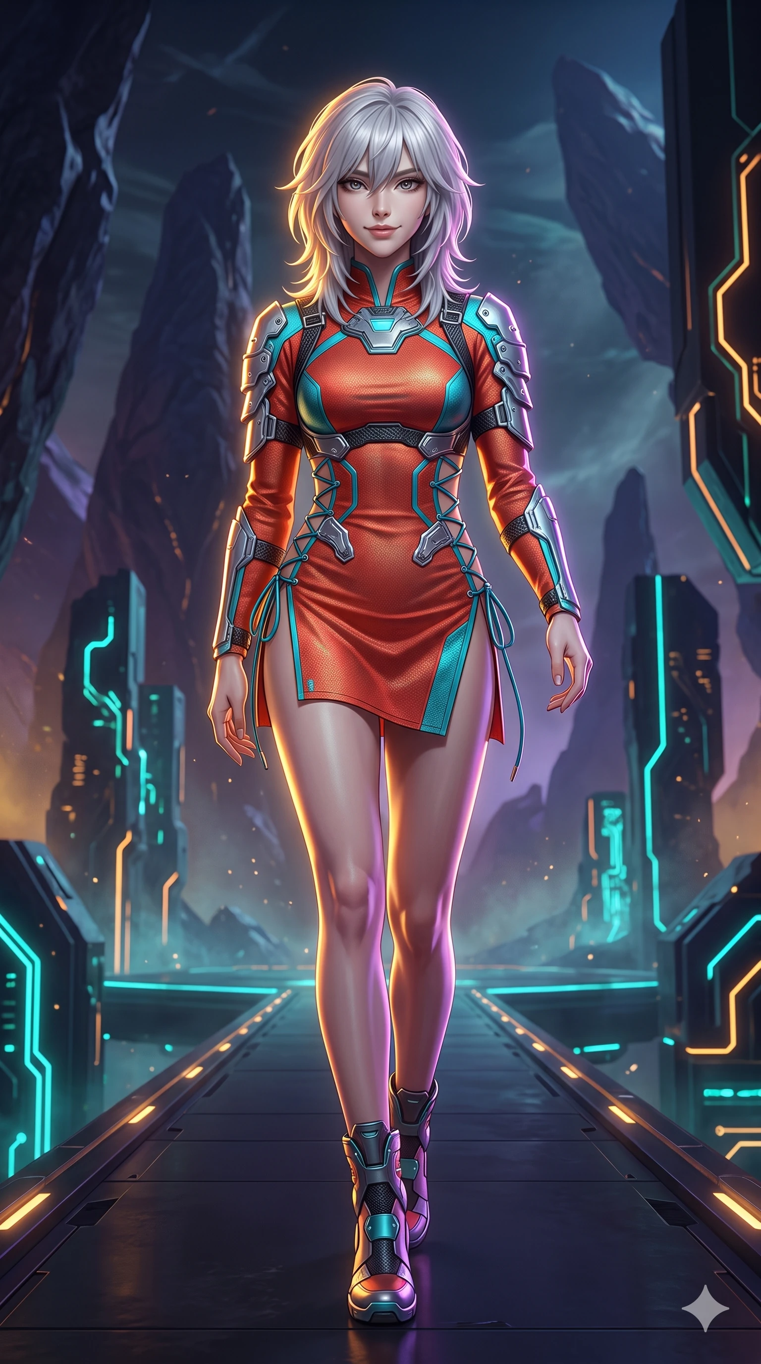 score_9, masterpiece, best quality, ultra-detailed, high-budget anime keyframe, semi-realistic 3D game render, editorial fashion photography, tasteful artistic composition, Japanese woman. low angle full-body shot from head to toe showing her feet, filling the entire 9:16 vertical frame with her statuesque presence, stretching her vertical silhouette. stepping forward in a confident stride along the catwalk, her long slender legs and curvaceous hips creating a dynamic, sweeping vertical line while twisting her slender torso in an alluring contrapposto, dual amber-violet solar rays tracing her narrow waist and curvy hips in sharp contrast. The surrounding environment is rendered in vivid detail and crisp panoramic clarity: intricate cyber-samurai armor plating, sleek carbon weave, and alien geological formations in razor-sharp precision. She has an absolutely perfect, statuesque 8.5-heads proportion, an exceptionally tall and slender model-like female figure with impossibly long slender legs, an ultra-slim waist, a flat toned midriff, narrow delicate ribcage, and beautifully sculpted feminine hips creating a graceful, slim hourglass silhouette without any bulky heaviness. sharp v-shaped jawline, high-bridge nose, intricate jewel-like sparkling eyes with depth, thick eyelashes, glossy parted lips with a natural sheen, bright confident smile with an enchanting and coquettish sensual glint, exuding both youthful magnetic charm and sovereign high-tech allure, flawlessly proportioned anatomical accuracy, strict slender model proportions, natural body alignment, perfectly sculpted long slender limbs, ultra-slim waistline, clean dynamic posture without body distortion. wearing a provocative open-waist cutout tactical mini dress framed by sculptural chrome hardware and thigh-high slit in cyber-shinto vermilion and laser turquoise, woven from high-density tech-wool with subtle metallic thread weave, featuring fine criss-cross lace-up side ties revealing tantalizing glimpses of her hip curve, the form-contouring cut accentuating her sculpted flat midriff, narrow delicate ribcage, and gracefully curvy hips with cybernetic supermodel precision. illuminated by glowing monolith circuit veins and sharp golden-amber rim lights sculpting her razor-sharp jawline, narrow waist, and curvy hips. highly saturated vibrant anime colors, detailed shading with soft gradients, rich glossy textures, high-contrast stereoscopic depth, volumetric dynamic lighting, master piece, 9:16 ratio