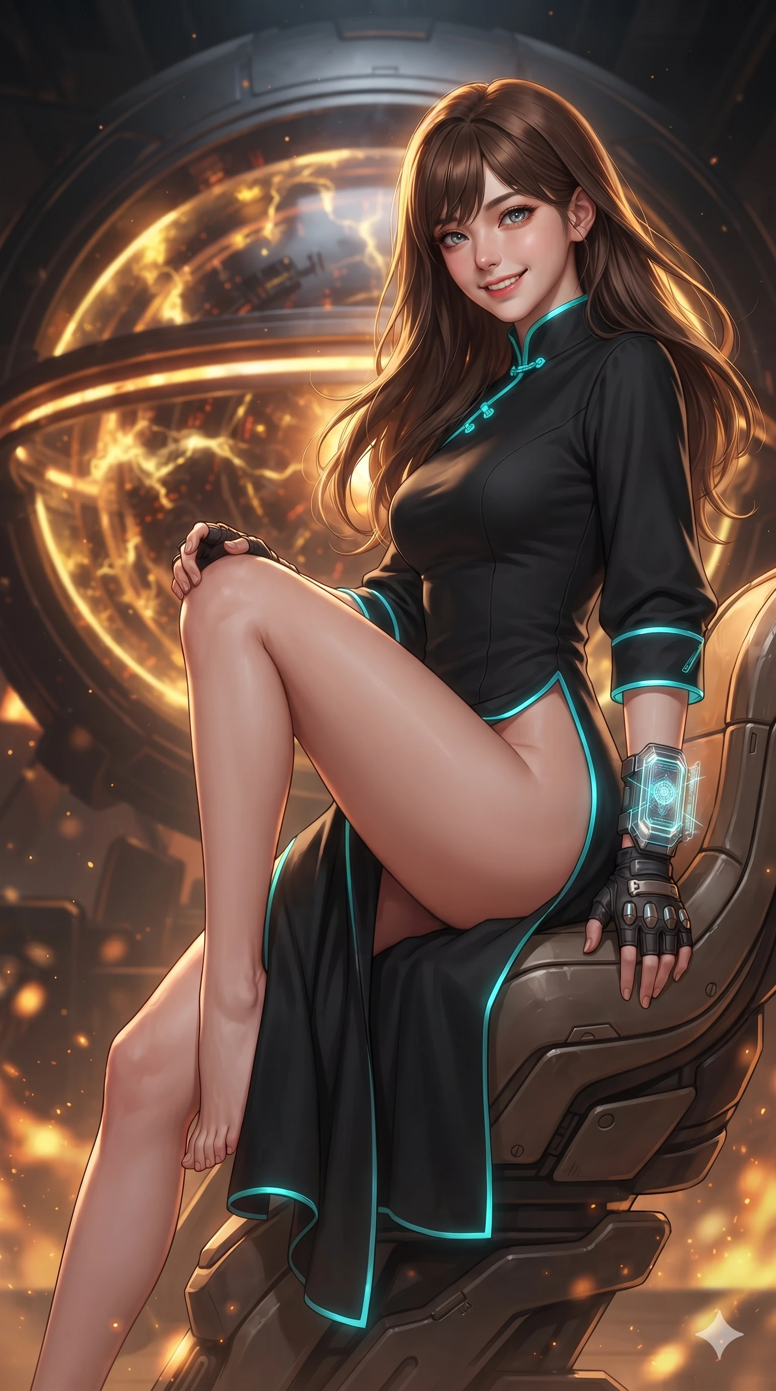 score_9, masterpiece, best quality, ultra-detailed, high-budget anime keyframe, editorial fashion photography, tasteful artistic composition, Korean woman. close-up cowboy shot from the waist and thighs up, the character dominates the composition, filling the frame with her large presence. perched sideways on the pilot seat, one knee drawn up to showcase her slender leg line while her arched back accentuates her feminine hip curve while standing poised before the massive volcanic fusion reactor sphere, arching her spine with ethereal cyber-operative poise as pulsing magnetic containment rings rotate in silence. The background shows a soft-focus pulsing spherical plasma containment fields, drifting cooling mist, and glowing telemetry arrays blurred into fiery gold, amber, and obsidian bokeh. She has an exceptionally elegant, slender, and willowy female figure with an ultra-slim waist, flat toned midriff, narrow ribcage, and sculpted feminine hips creating an alluring, slim hourglass silhouette without bulk. sharp v-shaped jawline, high-bridge nose, intricate jewel-like sparkling eyes with depth, thick eyelashes, glossy parted lips with a natural sheen, bright confident smile with an enchanting and coquettish sensual glint, exuding both youthful magnetic charm and sovereign high-tech allure, flawlessly proportioned anatomical accuracy, strict slender model proportions, natural body alignment, perfectly sculpted long slender limbs, ultra-slim waistline, clean dynamic posture without body distortion. wearing an aristocratic planetary council ceremonial tunic dress with high mandarin collar and bracelet sleeves in matte obsidian black and glowing neon cyan trim, made of flexible bullet-resistant ballistic microfiber with high-tensile strength, complemented by fingerless armored tactical gloves and a glowing holographic wrist terminal, the impeccably tailored cut draping gracefully along her slender figure with aristocratic poise. illuminated by reactor gantry reflection bounce and sharp golden-amber rim lights sculpting her razor-sharp jawline, narrow waist, and curvy hips. ultra-reflective glossy finish, specular highlights, rich textural contrasts, high-contrast stereoscopic depth, volumetric dynamic lighting, 2k, ultra detail, master piece, 9:16 ratio