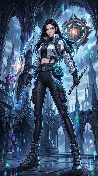 score_9, masterpiece, best quality, ultra-detailed, high-budget anime movie keyframe, cinematic anime lighting, intricate line art, Caucasian (strictly human ears) woman. Dynamic full-body shot stretching the vertical silhouette across the 9:16 frame