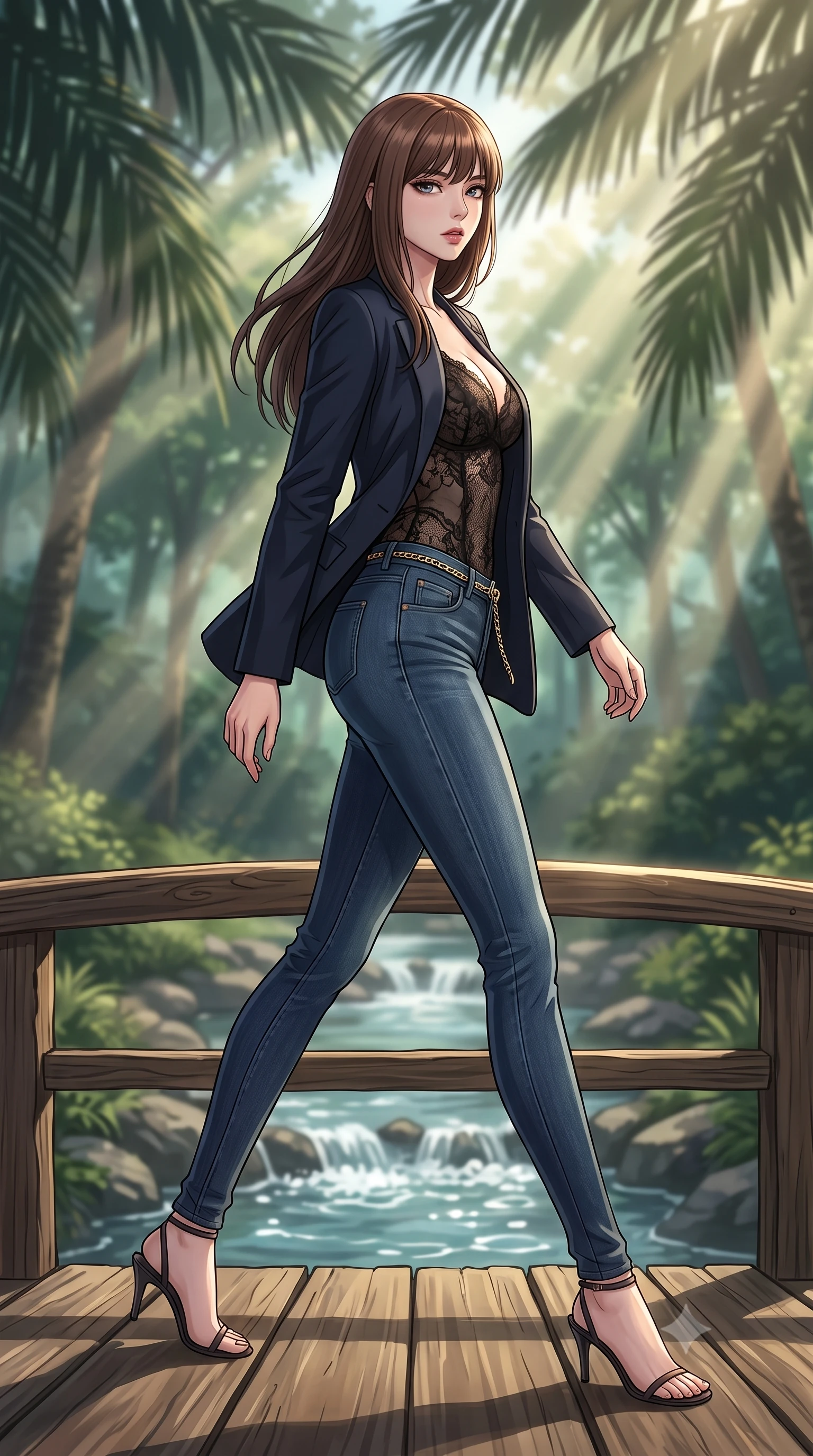 score_9, masterpiece, best quality, ultra-detailed, high-budget anime keyframe, tasteful artistic composition, Korean woman. low angle full-body shot from head to toe showing her feet, filling the entire 9:16 vertical frame with her statuesque presence, stretching her vertical silhouette. stepping gracefully while looking back over her shoulder, her dress draped tightly to reveal her silhouette the background shows a soft-focus a rustic wood bridge over a bubbling creek in a private estate garden. She has an absolutely perfect, statuesque 8.5-heads proportion, an exceptionally tall and slender model-like female figure with impossibly long slender legs and an ultra-slim waist. sharp v-shaped jawline, high-bridge nose, intricate jewel-like eyes with depth, thick eyelashes, glossy lips with a natural sheen. wearing a slim-fit semi-opaque dark lace bodysuit worn under a tailored open blazer and jeans. sun rays slicing through the tree fronds, creating dramatic volumetric shafts of light. highly saturated vibrant anime colors, cel-shading, 2d style, master piece, 9:16 ratio