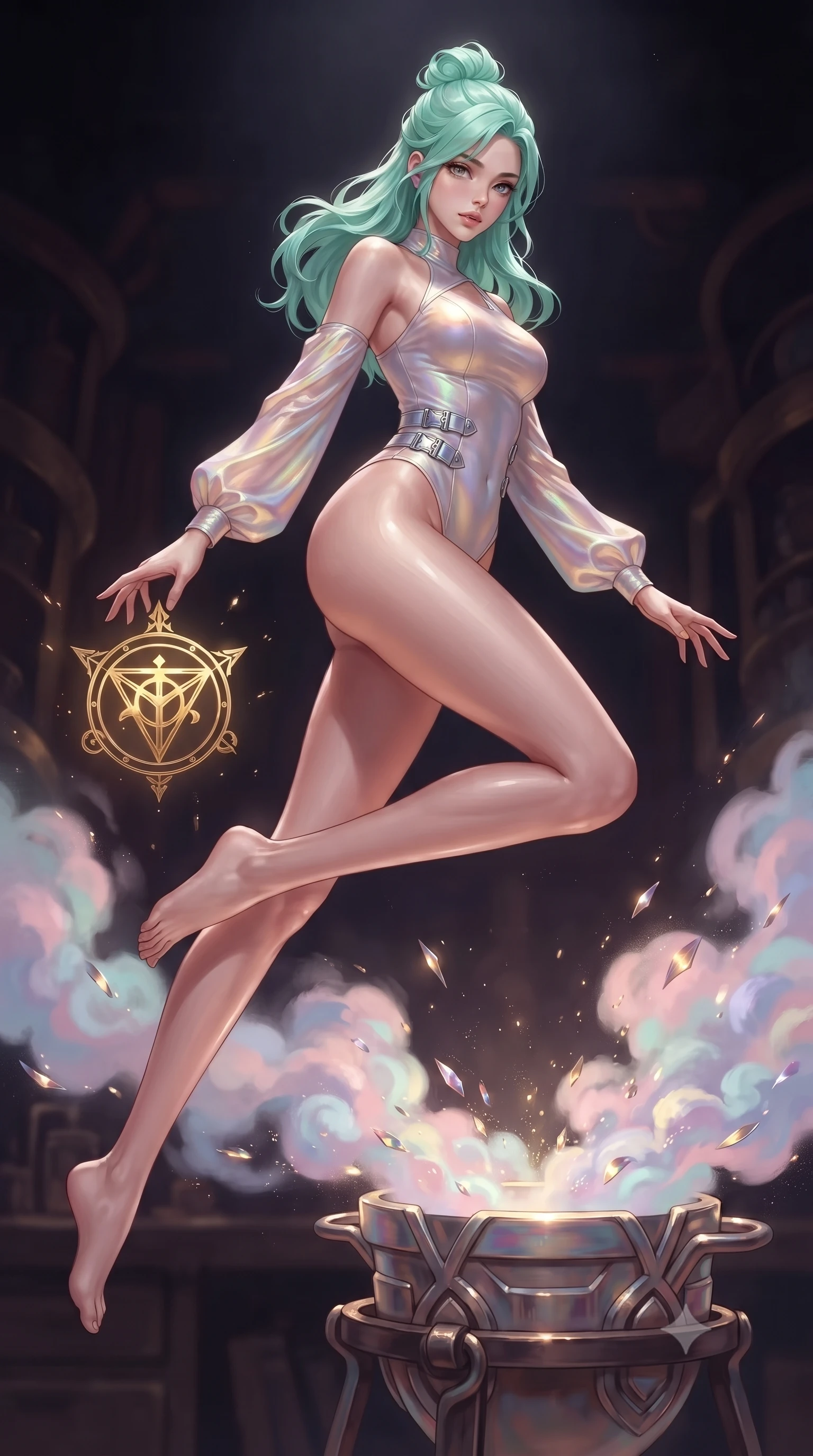 score_9, masterpiece, best quality, ultra-detailed, high-budget anime keyframe, editorial fashion photography, tasteful artistic composition, Japanese woman. low angle full-body shot from head to toe showing her feet, filling the entire 9:16 vertical frame with her statuesque presence, stretching her vertical silhouette. leaping gracefully through mid-air with statuesque elegance, her impossibly long slender legs stretched in perfect balance while reaching her hand forward to touch a glowing golden alchemy symbol floating over a crucible, pastel-colored steam clouds scattering bright metallic highlights. She has an absolutely perfect, statuesque 8.5-heads proportion, an exceptionally tall and slender model-like female figure with impossibly long slender legs and an ultra-slim waist. sharp v-shaped jawline, high-bridge nose, intricate jewel-like eyes with depth, thick eyelashes, glossy lips with a natural sheen, flawlessly proportioned anatomical accuracy, natural body alignment, perfectly sculpted elegant limbs, clean dynamic posture without body distortion. wearing an asymmetrical high-cut tech-bodysuit with detached sleeves in pearl white and rose gold, crafted from iridescent chiffon that shifts colors in the light, detailed with polished silver buckles along the waistline, the form-contouring material highlighting her ultra-slim waist and long lines. illuminated by golden alchemy rune radiance and dramatic top key light. ultra-reflective glossy finish, specular highlights, metallic sheen, high-contrast stereoscopic depth, volumetric dynamic lighting, 2k, ultra detail, master piece, 9:16 ratio