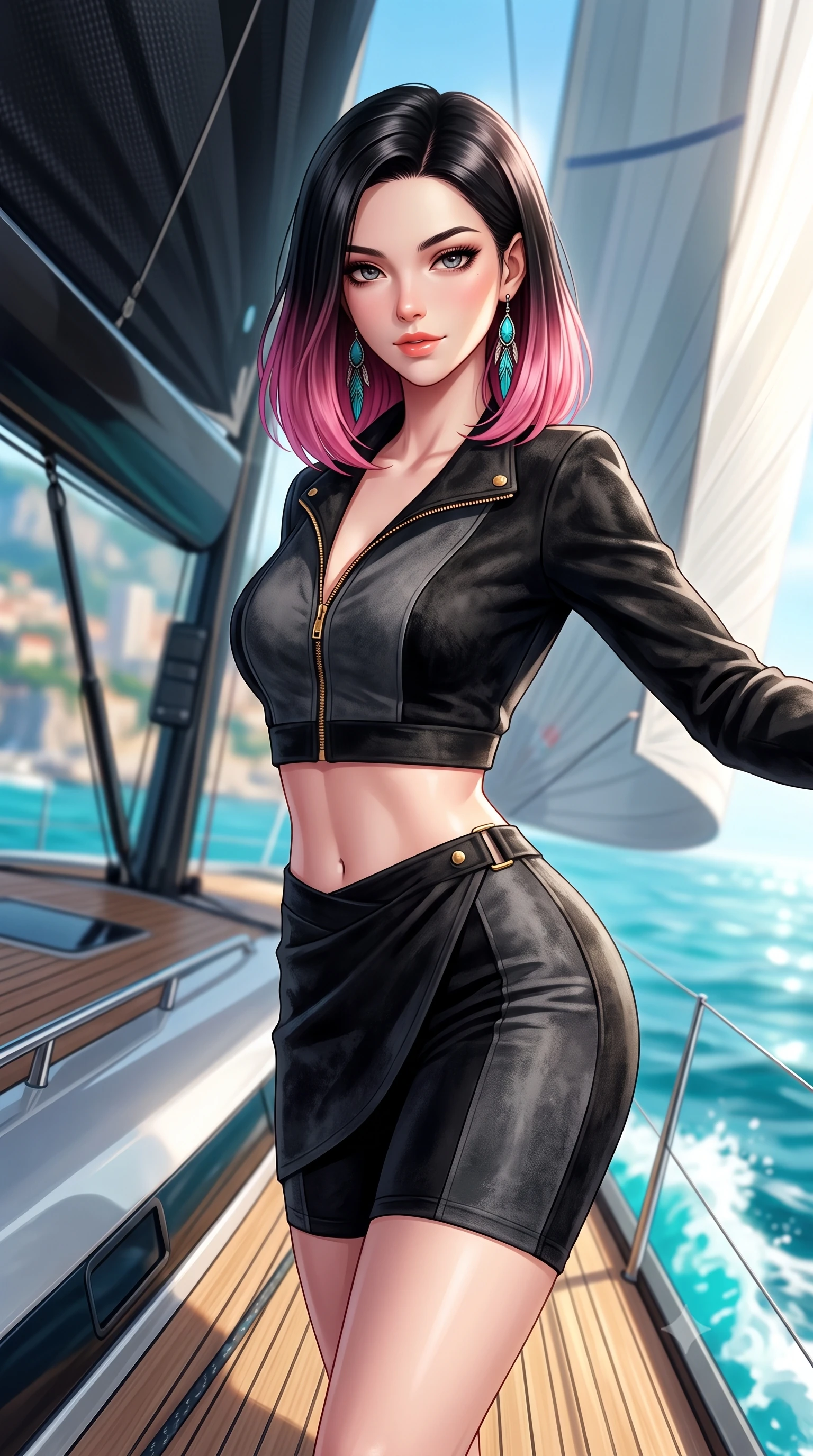 score_9, masterpiece, best quality, ultra-detailed, high-budget anime keyframe, semi-realistic 3D game render, editorial fashion photography, tasteful artistic composition, Korean woman. close-up cowboy shot from the waist and thighs up, the character dominates the composition, filling the frame with her large presence. leaning forward while arching her lower back to accentuate her curvy hips, looking into the camera with an intoxicating smoldering gaze and bedroom-eyes while standing poised on the sleek teak foredeck of the carbon racing yacht, arching her back with high-octane regatta glamour. The background shows a soft-focus billowing sails, turquoise bow wave wake, and the distant Monaco palace cliffs blurred into seafoam, cobalt, and amber bokeh. She has an exceptionally elegant, slender, and willowy female figure with an ultra-slim waist, flat toned midriff, narrow ribcage, and sculpted feminine hips creating an alluring, slim hourglass silhouette without bulk. sharp v-shaped jawline, high-bridge nose, sparkling eyes with hypnotic seductive depth, thick curled eyelashes, glossy parted lips with a natural dewy peach sheen, alluring bedroom-eyes with an enchanting coquettish smile, exuding magnetic siren charisma and sophisticated glamour, flawlessly proportioned anatomical accuracy, strict slender model proportions, natural body alignment, perfectly sculpted long slender limbs, ultra-slim waistline, clean dynamic posture without body distortion. wearing a modern two-piece desert outlaw set featuring a zip-front crop jacket and curve-hugging low-rise biker shorts in high-contrast coastal monochrome with gold hardware, tailored from ultra-soft distressed suede with velvety hand-feel and rich shadow depth, accented with turquoise and silver bohemian feather earrings swaying near her bare neck, the high-slit wrap tailoring accentuating her ultra-slim waistline and the enchanting curve of her feminine hips with alluring seductive charm. bathed in intense maritime sunlight reflecting from open Mediterranean waters and crisp white sails. highly saturated vibrant anime colors, detailed shading with soft gradients, rich glossy textures, high-contrast stereoscopic depth, volumetric dynamic lighting, master piece, 9:16 ratio