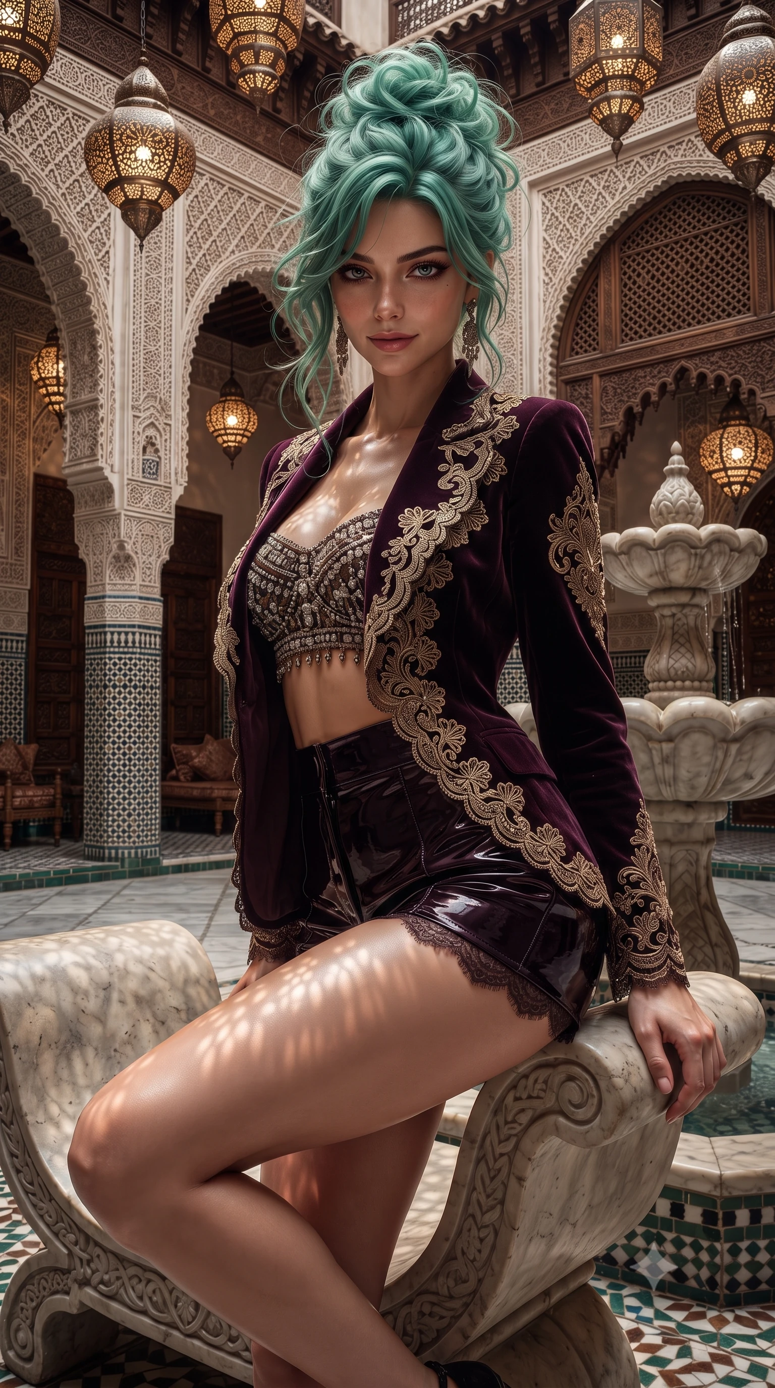 score_9, masterpiece, best quality, ultra-detailed, high-budget anime keyframe, editorial fashion photography, tasteful artistic composition, Japanese woman. close-up cowboy shot from the waist and thighs up, the character dominates the composition, filling the frame with her large presence. perched sideways on the lounge seat, one knee drawn up to showcase her slender leg line while her arched back accentuates her feminine hip curve while leaning against the carved stone water fountain in the center courtyard with hips cocked back, casting an alluring smoldering gaze. The surrounding environment is rendered in vivid detail and crisp panoramic clarity: detailed structured metallic corset top weave, micro-pleated skirt drape, and authentic Arabian architecture in high resolution. She has an exceptionally elegant, slender, and willowy female figure with an ultra-slim waist, flat toned midriff, narrow ribcage, and sculpted feminine hips creating an alluring, slim hourglass silhouette without bulk. sharp v-shaped jawline, high-bridge nose, intricate jewel-like sparkling eyes with depth, thick eyelashes, glossy parted lips with a natural peach sheen, bright cheerful beaming smile with an enchanting and coquettish sensual glint, exuding both youthful cute charm and seductive allure, flawlessly proportioned anatomical accuracy, strict slender model proportions, natural body alignment, perfectly sculpted long slender limbs, ultra-slim waistline, clean dynamic posture without body distortion. wearing a modern tailored open-front smoking jacket blazer worn over a jeweled bandeau crop top and high-waisted tailored micro-shorts in opulent dark velvet plum and gilded filigree, crafted from high-tensile reflective patent leather with sleek specular highlights, finished with scalloped eyelash lace trim framing her sweetheart neckline with intimate elegance, the precision-cut side openings and low-back scoop framing her graceful spine and the sensual sweep of her slim, toned hips. bathed in the magical patterned light and shadow cast by dozens of authentic pierced Moroccan lanterns. ultra-reflective glossy finish, specular highlights, rich textural contrasts, high-contrast stereoscopic depth, volumetric dynamic lighting, 2k, ultra detail, master piece, 9:16 ratio