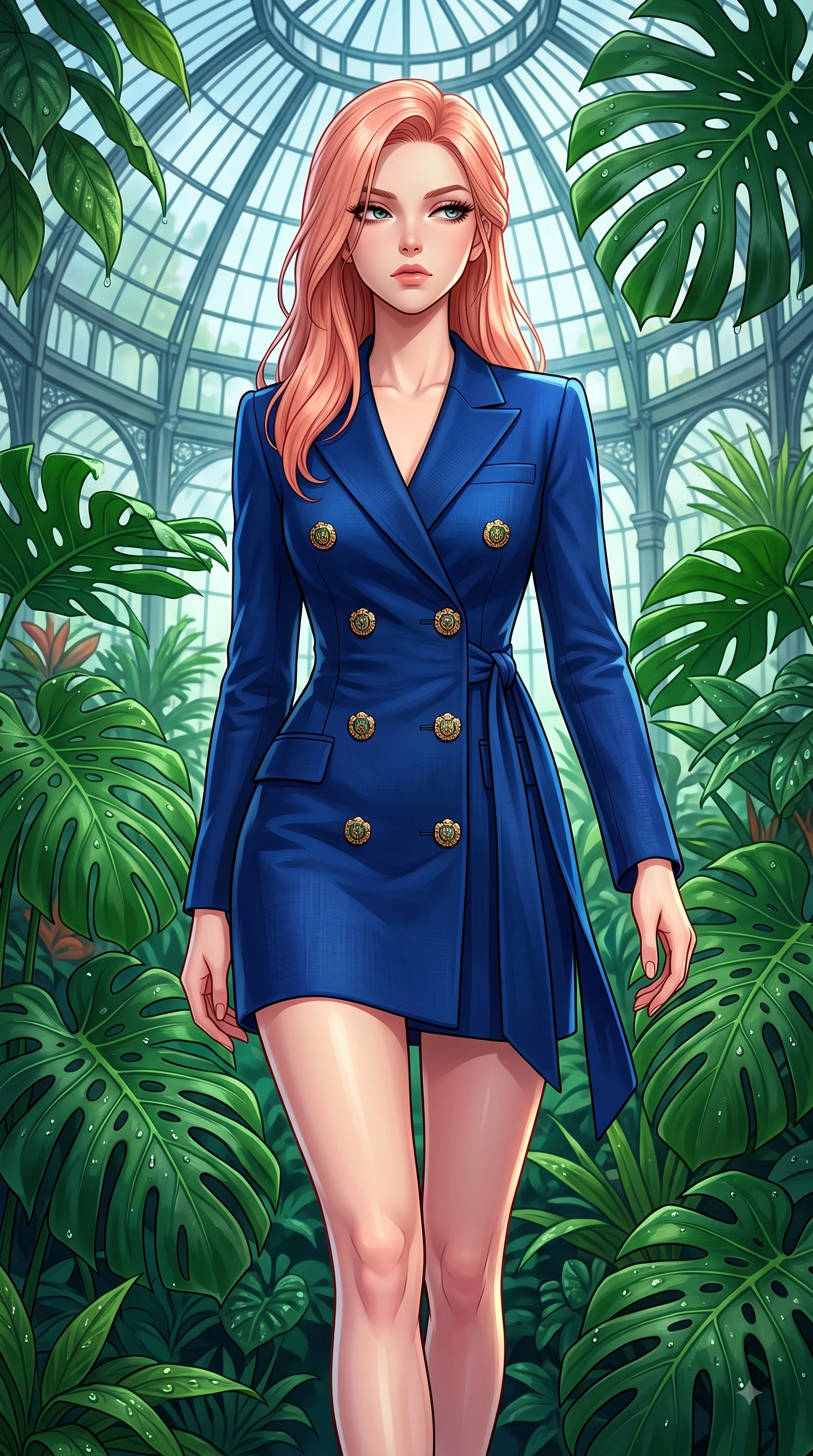 score_9, masterpiece, best quality, ultra-detailed, high-budget anime keyframe, editorial fashion photography, tasteful artistic composition, Japanese woman. close-up cowboy shot from the waist and thighs up, the character dominates the composition, filling the frame with her large presence. Indifferent cold glance casting a disdainful side-eye from beneath long dark eyelashes with aloof confidence while strolling through a lush botanical glasshouse surrounded by deep emerald Monstera leaves. The surrounding environment is rendered in vivid detail and crisp panoramic clarity. intricate glasshouse steel dome architecture, tropical plant leaf textures, and dewdrop details in crisp resolution. She has an exceptionally elegant, slender, and willowy female figure with an ultra-slim waist, a gracefully sculpted slender torso, and a refined silhouette. sharp v-shaped jawline, high-bridge nose, intricate jewel-like eyes with depth, thick eyelashes, glossy lips with a natural sheen, flawlessly proportioned anatomical accuracy, natural body alignment, perfectly sculpted elegant limbs, clean dynamic posture without body distortion. wearing a royal navy blue double-breasted blazer dress accented with gold crest buttons in deep emerald green and champagne gold, crafted from soft breathable Italian linen, accented with a delicate side waist sash creating fluid lines, the sleek second-skin fit accentuating her magnetic presence. surrounded by a lush, vibrant, and enchanting garden editorial ambiance. highly saturated vibrant anime colors, detailed shading with soft gradients, rich glossy textures, high-contrast stereoscopic depth, volumetric dynamic lighting, master piece, 9:16 ratio