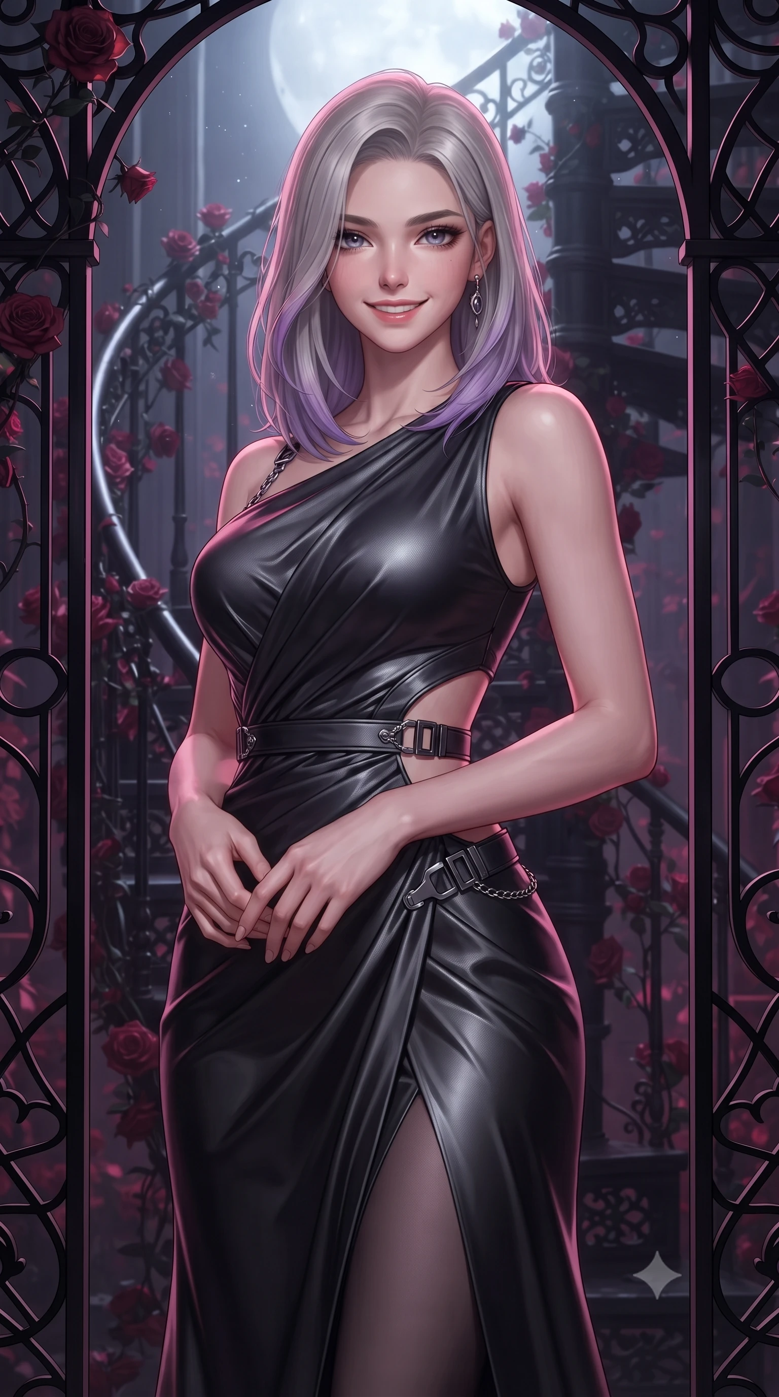 score_9, masterpiece, best quality, ultra-detailed, high-budget anime keyframe, editorial fashion photography, tasteful artistic composition, Caucasian woman. close-up cowboy shot from the waist and thighs up, the character dominates the composition, filling the frame with her large presence, background elements kept in soft focus. Smiling with quiet, magnetic self-assurance directly into the camera, poised before a dark iron spiral staircase wrapped in dark red rose vines, black iron architectural lattices framing her tall statuesque form. She has an exceptionally elegant, slender, and willowy female figure with an ultra-slim waist, a gracefully sculpted slender torso, and a refined silhouette. sharp v-shaped jawline, high-bridge nose, intricate jewel-like eyes with depth, thick eyelashes, glossy lips with a natural sheen. wearing draped obsidian silk gown featuring tasteful waist slit cutouts in dark charcoal gray, made of matte carbon-fiber weave, framed by dark titanium buckles and silver chain details, the fitted fabric emphasizing her ultra-slim waist. illuminated by eerie ruby orchid glow and cold silver moonlight from above. ultra-reflective glossy finish, specular highlights, metallic sheen, high-contrast stereoscopic depth, volumetric dynamic lighting, 2k, ultra detail, master piece, 9:16 ratio