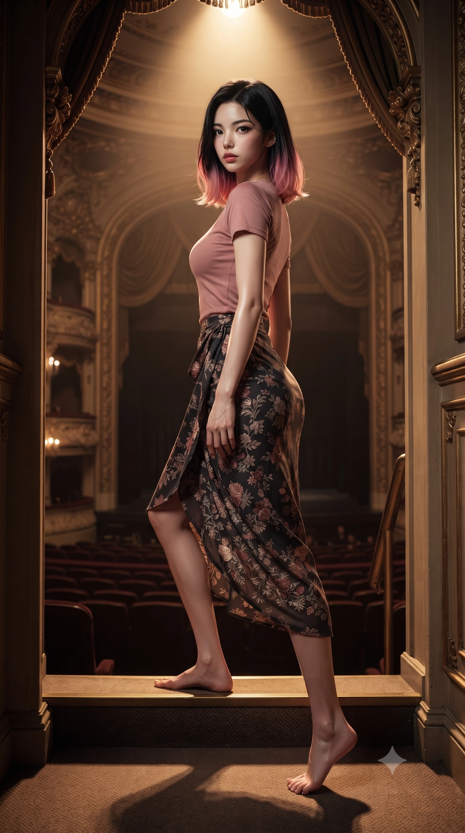 score_9, masterpiece, best quality, ultra-detailed, high-budget anime keyframe, editorial fashion photography, tasteful artistic composition, Korean woman. low angle full-body shot from head to toe showing her feet, filling the entire 9:16 vertical frame with her statuesque presence, stretching her vertical silhouette. stepping gracefully while looking back over her shoulder, her dress draped tightly to reveal her silhouette the background shows a soft-focus a private balcony alcove of a historic grand theater overlooking the empty orchestra pit. She has an absolutely perfect, statuesque 8.5-heads proportion, an exceptionally tall and slender model-like female figure with impossibly long slender legs and an ultra-slim waist. sharp v-shaped jawline, high-bridge nose, intricate jewel-like eyes with depth, thick eyelashes, glossy lips with a natural sheen. wearing a body-hugging simple crewneck t-shirt in dusty pink paired with a floral print wrap skirt. a single warm spotlight from the stage tracing her statuesque posture. ultra-reflective glossy finish, specular highlights, metallic sheen, high-contrast stereoscopic depth, volumetric dynamic lighting, 2k, ultra detail, master piece, 9:16 ratio