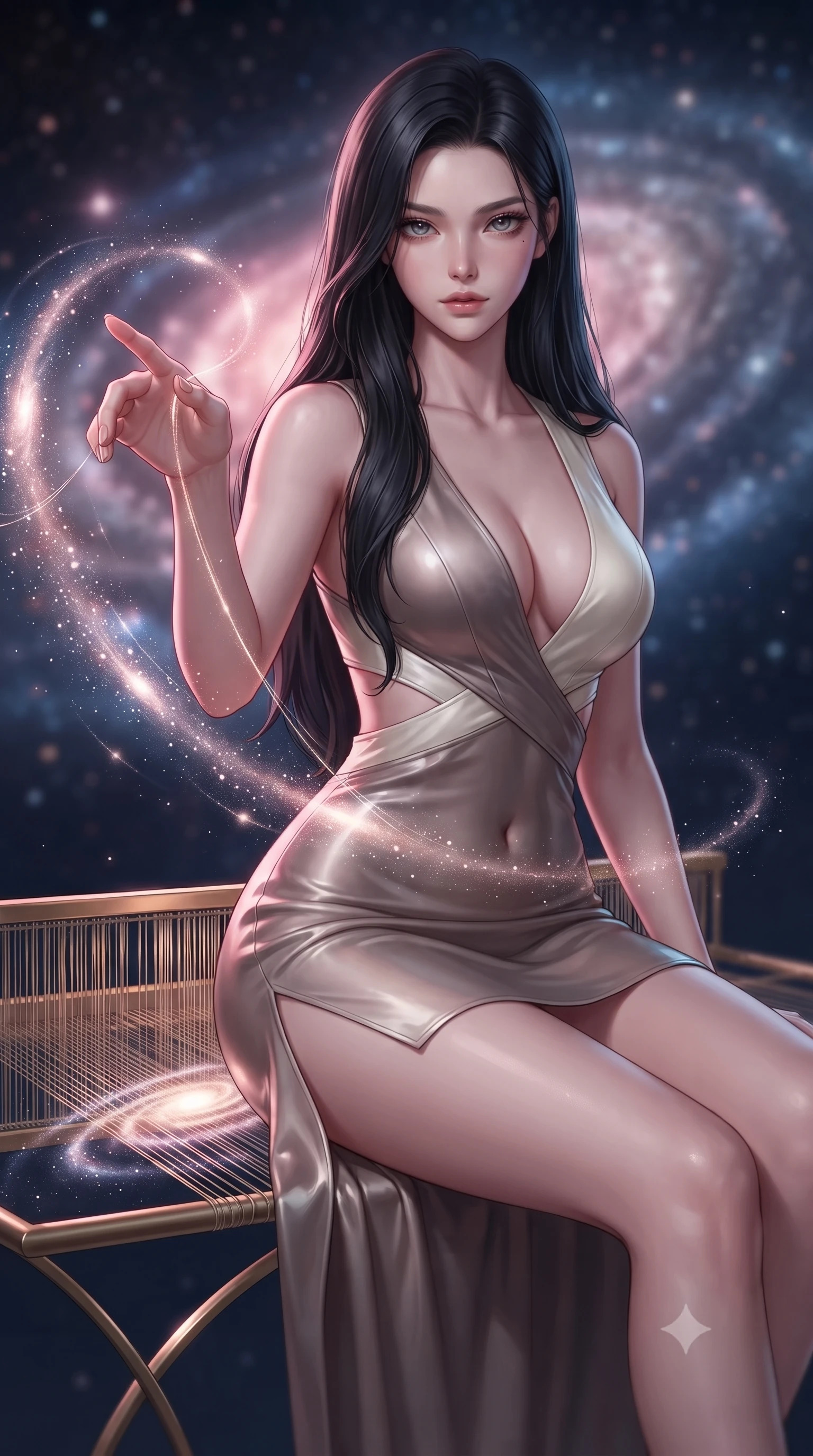 score_9, masterpiece, best quality, ultra-detailed, high-budget anime keyframe, editorial fashion photography, tasteful artistic composition, Korean woman. close-up cowboy shot from the waist and thighs up, the character dominates the composition, filling the frame with her large presence, background elements kept in soft focus. Reaching one hand gracefully toward the viewer with effortless superiority and allure threading brilliant comet dust through a golden celestial loom, swirling galaxy dust creating luminous arcs in the air. She has an exceptionally elegant, slender, and willowy female figure with an ultra-slim waist, a gracefully sculpted slender torso, and a refined silhouette. sharp v-shaped jawline, high-bridge nose, intricate jewel-like eyes with depth, thick eyelashes, glossy lips with a natural sheen. wearing a liquid mercury gloss mini dress with ultra-deep V-neck and waist cutouts in muted taupe and soft ivory, crafted from smooth liquid silk, finished with a sleek side slit ascending to mid-thigh, the tailored fabric tightly following every curve of her athletic build. bathed in radiant cosmic pink and deep navy blue ambient light. ultra-reflective glossy finish, specular highlights, metallic sheen, high-contrast stereoscopic depth, volumetric dynamic lighting, 2k, ultra detail, master piece, 9:16 ratio