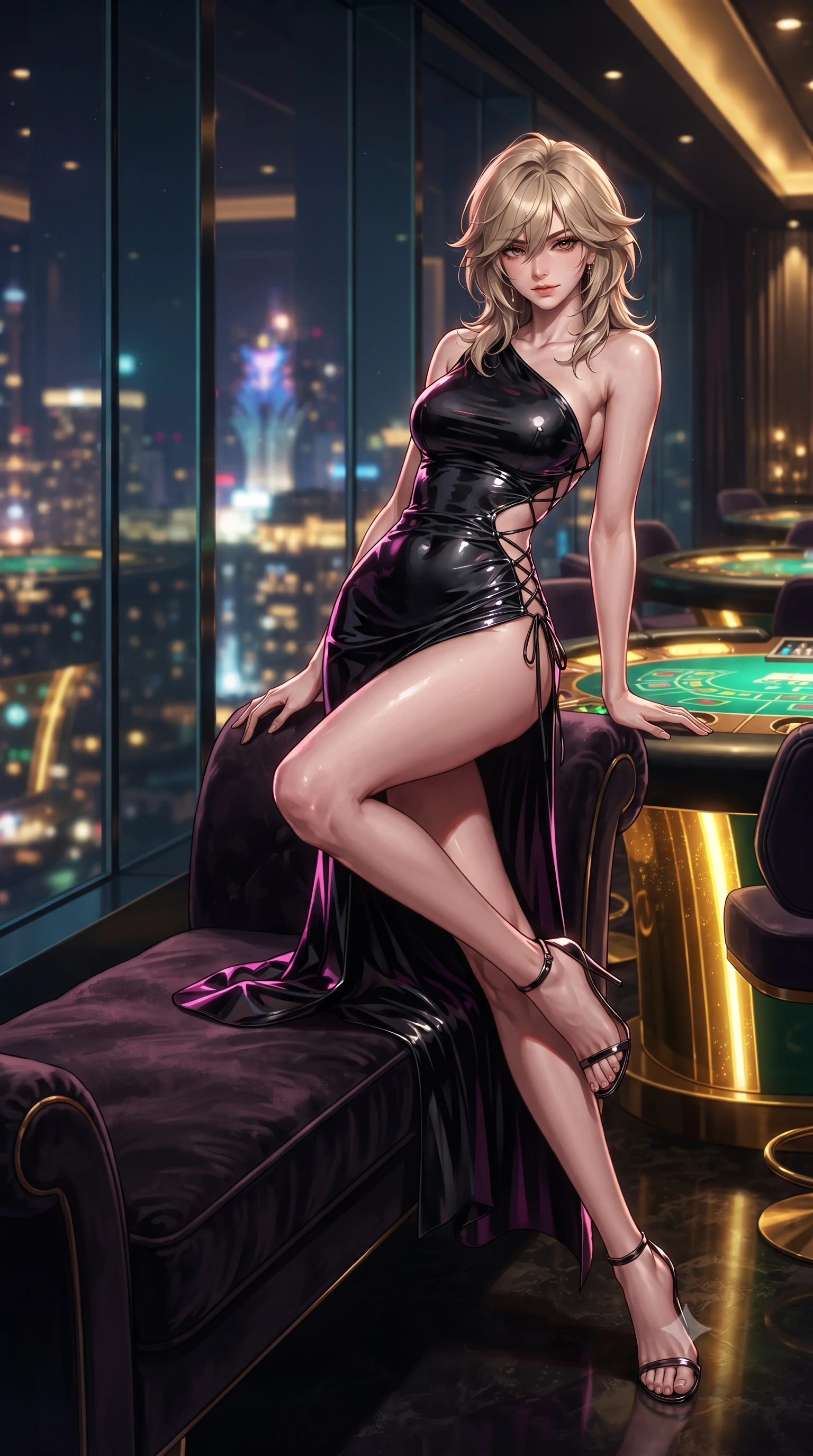 score_9, masterpiece, best quality, ultra-detailed, high-budget anime keyframe, editorial fashion photography, tasteful artistic composition, Japanese woman. low angle full-body shot from head to toe showing her feet, filling the entire 9:16 vertical frame with her statuesque presence, stretching her vertical silhouette. reclining gracefully across the plush chaise lounge with one leg extended, her sculpted silhouette and flat midriff radiating magnetic nocturnal glamour while standing poised beside the floor-to-ceiling glass wall overlooking Macau lights with hips cocked back, casting a smoldering, dangerous half-smile. The background shows a soft-focus high-roller cocktail tables softened in opulent cyberpunk shallow focus. She has an absolutely perfect, statuesque 8.5-heads proportion, an exceptionally tall and slender model-like female figure with impossibly long slender legs, an ultra-slim waist, a flat toned midriff, narrow delicate ribcage, and beautifully sculpted feminine hips creating a graceful, slim hourglass silhouette without any bulky heaviness. sharp v-shaped jawline, high-bridge nose, sparkling eyes with hypnotic seductive depth, thick curled eyelashes, glossy parted lips with a natural dewy peach sheen, alluring bedroom-eyes with an enchanting coquettish smile, exuding magnetic siren charisma and sophisticated glamour, flawlessly proportioned anatomical accuracy, strict slender model proportions, natural body alignment, perfectly sculpted long slender limbs, ultra-slim waistline, clean dynamic posture without body distortion. wearing an asymmetric one-shoulder liquid jersey nymph dress with dramatic hip-high slit and waist cutout in wet-look onyx black with electric magenta reflections, crafted from wet-look high-gloss vinyl fabric with dazzling specular surface reflections, featuring fine criss-cross lace-up side ties revealing tantalizing glimpses of her hip curve, the liquid-tight tailored fabric clinging flawlessly to her narrow waist and rounded feminine hips, emphasizing every millimeter of her sculpted slim hourglass curves without any bulky heaviness. bathed in intense gold and emerald illumination radiating from under-lit gaming tables. ultra-reflective glossy finish, specular highlights, rich textural contrasts, high-contrast stereoscopic depth, volumetric dynamic lighting, 2k, ultra detail, master piece, 9:16 ratio