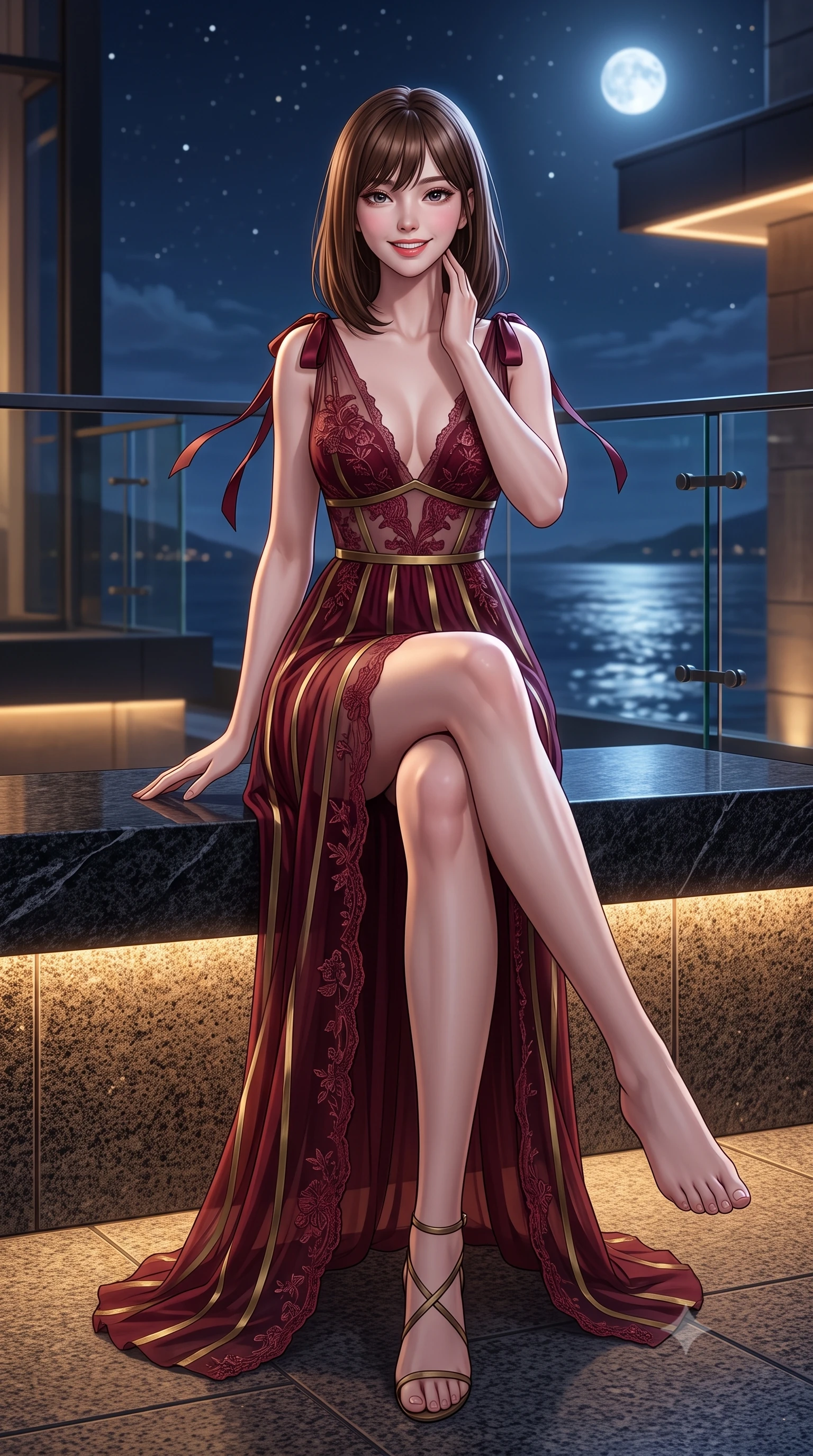 score_9, masterpiece, best quality, ultra-detailed, high-budget anime keyframe, semi-realistic 3D game render, editorial fashion photography, tasteful artistic composition, Korean woman. low angle full-body shot from head to toe showing her feet, filling the entire 9:16 vertical frame with her statuesque presence, stretching her vertical silhouette. stepping slowly toward the camera with hypnotic grace, hips swaying in an alluring sensual rhythm that accentuates her curvy hourglass silhouette and long slender legs while sitting gracefully on the warm granite bench with legs crossed, running one manicured hand slowly along her neck with magnetic allure. The surrounding environment is rendered in vivid detail and crisp panoramic clarity: sharp honed black granite stone veining, water surface tension meniscus, and precision glass railing hardware in deep focus. She has an exceptionally tall and slender model-like 8.5-heads proportion, an ultra-slim waist, a flat toned midriff, narrow delicate ribcage, and beautifully sculpted feminine hips creating a graceful, slim hourglass silhouette without any bulky heaviness, with impossibly long slender legs. sharp v-shaped jawline, high-bridge nose, intricate jewel-like sparkling eyes with depth, thick eyelashes, glossy parted lips with a natural peach sheen, bright cheerful beaming smile with an enchanting and coquettish sensual glint, exuding both youthful cute charm and seductive allure, flawlessly proportioned anatomical accuracy, strict slender model proportions, natural body alignment, perfectly sculpted long slender limbs, ultra-slim waistline, clean dynamic posture without body distortion. wearing a plunge-front sheer illusion tulle slip dress with liquid gold ribbon stripes hugging her curves in French boudoir bordeaux wine and antique brass, made of delicate embroidered tulle lace with intricate floral motifs and soft transparency, finished with satin ribbon ties at the shoulders fluttering in the gentle breeze, the high-slit wrap tailoring accentuating her ultra-slim waistline and the enchanting curve of her feminine hips with alluring seductive charm. bathed in cool moonlight and starlight balanced with warm 2700K architectural recessed ledge downlights. highly saturated vibrant anime colors, detailed shading with soft gradients, rich glossy textures, high-contrast stereoscopic depth, volumetric dynamic lighting, master piece, 9:16 ratio