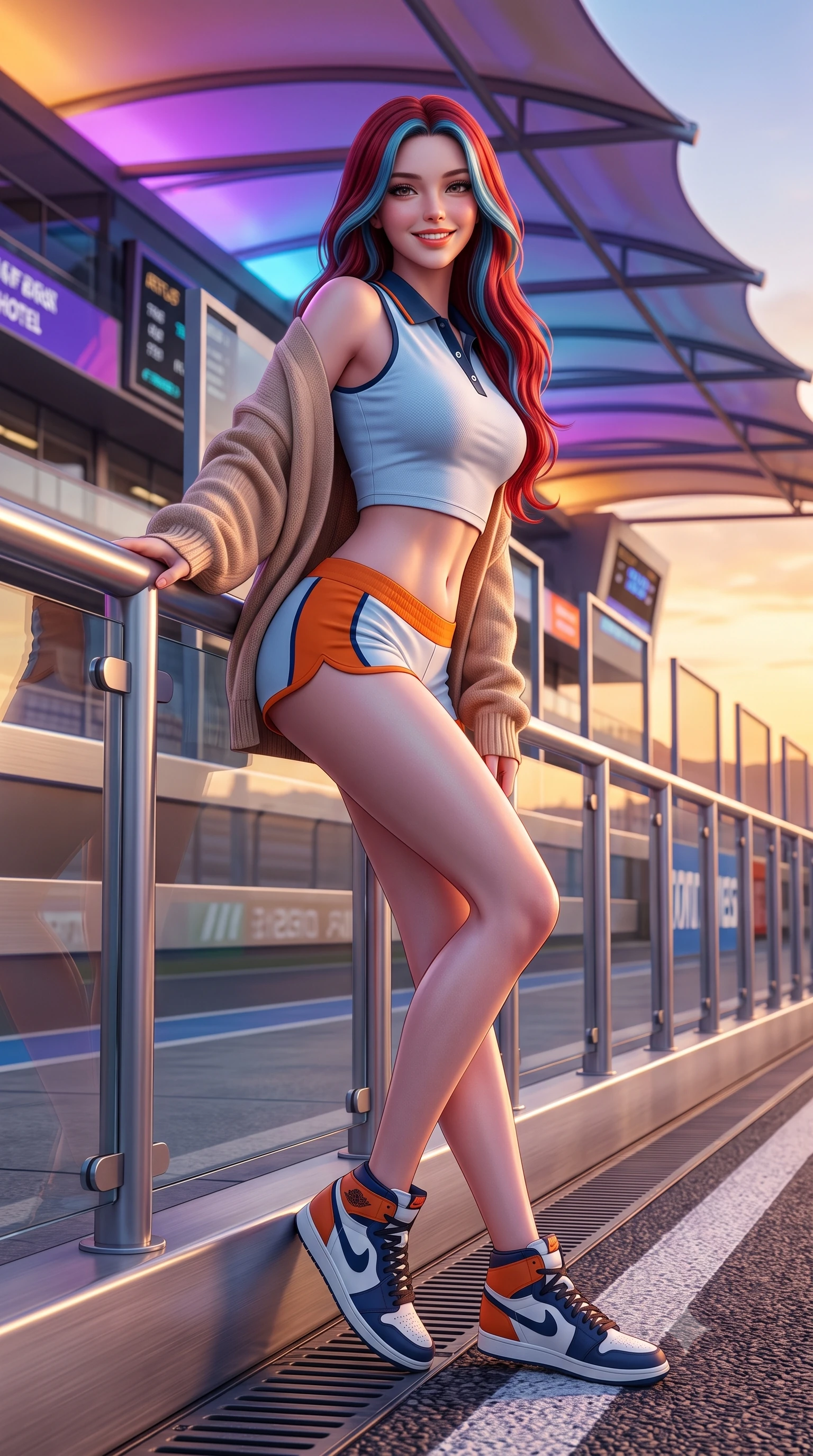 score_9, masterpiece, best quality, ultra-detailed, high-budget anime keyframe, semi-realistic 3D game render, editorial fashion photography, tasteful artistic composition, Caucasian woman. low angle full-body shot from head to toe showing her feet, filling the entire 9:16 vertical frame with her statuesque presence, stretching her vertical silhouette. leaning deep against the pit lane barrier with hips cocked back in an unapologetically alluring high-fashion stance, flashing a warm beaming smile while twisting her slender torso in an alluring S-curve, dynamic LED color shifts from the hotel canopy illuminating her tight racing outfit and hips. The surrounding environment is rendered in vivid detail and crisp panoramic clarity: sharp glass parapet bevels, brushed aluminum deck fittings, and racetrack curbing texture in deep focus. She has an absolutely perfect, statuesque 8.5-heads proportion, an exceptionally tall and slender model-like female figure with impossibly long slender legs, an ultra-slim waist, a flat toned midriff, narrow delicate ribcage, and beautifully sculpted feminine hips creating a graceful, slim hourglass silhouette without any bulky heaviness. sharp v-shaped jawline, high-bridge nose, sparkling eyes with athletic focus and depth, thick curled eyelashes, glossy parted lips with a natural coral-peach sheen, bright confident and coquettish smile with alluring bedroom-eyes, exuding both youthful sporty vigor and sovereign high-society glamour, flawlessly proportioned anatomical accuracy, strict slender model proportions, natural body alignment, perfectly sculpted long slender limbs, ultra-slim waistline, clean dynamic posture without body distortion. wearing a sleek piqué-knit tennis polo crop top with contrasting collar piping paired with low-rise white racing hot-pants in vintage Porsche Gulf blue and vibrant race orange, tailored from crisp cotton poplin with clean aerodynamic structural lines, complemented by an oversized cashmere knit cardigan slipping off one bare shoulder, the form-fitting tailored bodice adhering flawlessly to her sculpted flat midriff and slender torso, emphasizing her long leg lines and perfectly proportioned willowy build. bathed in dramatic desert sunset golden hour twilight combined with vibrant LED canopy color washes. highly saturated vibrant anime colors, detailed shading with soft gradients, rich glossy textures, high-contrast stereoscopic depth, volumetric dynamic lighting, master piece, 9:16 ratio
