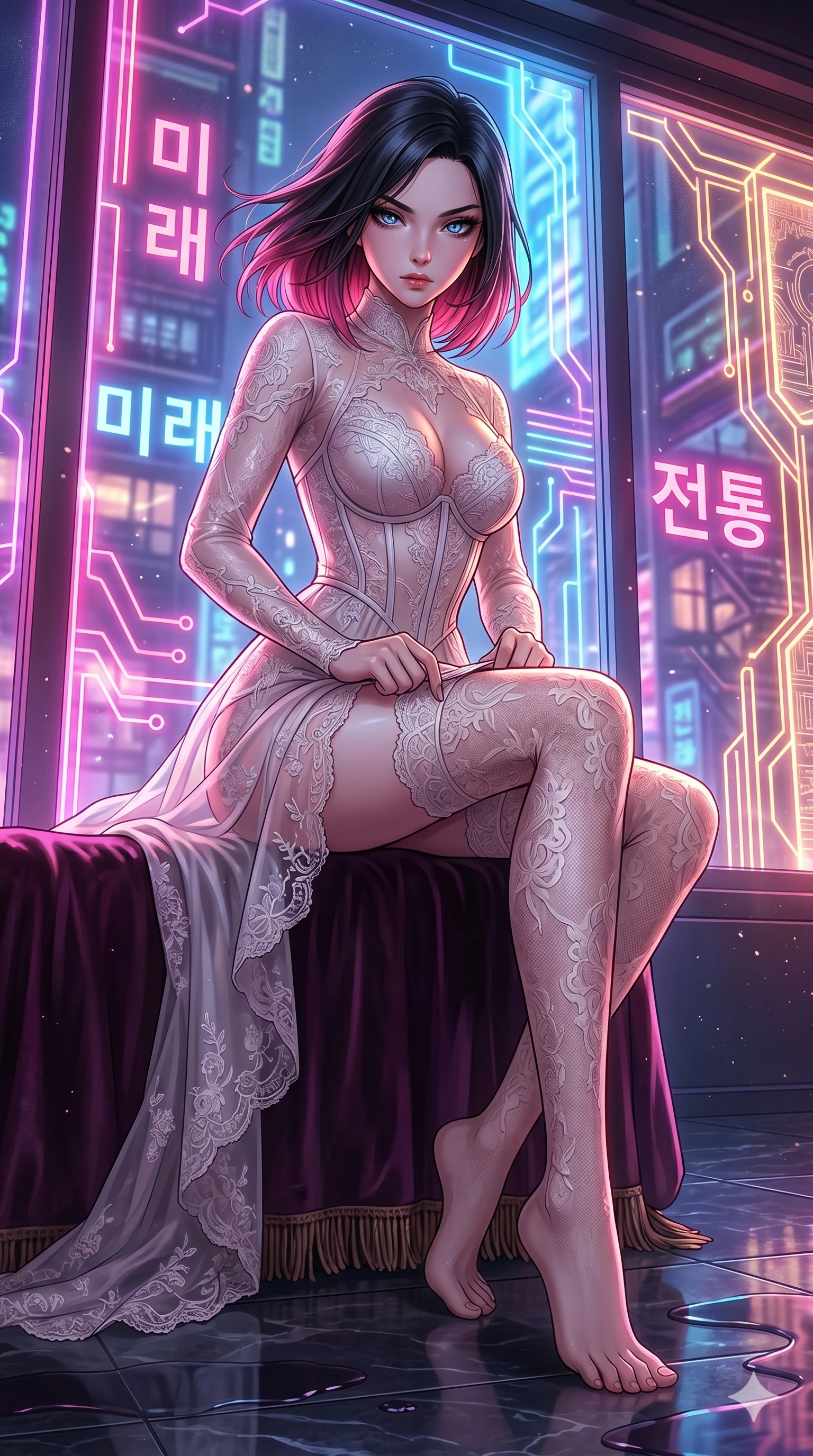 score_9, masterpiece, best quality, ultra-detailed, High-budget Anime Keyframe, Korean woman. Low angle cowboy shot filling the entire 9:16 frame with her statuesque presence. Scenario 77: Adjusting her sculptural over-the-knee stocking by a glowing neon window. Her presence is magnetic and overpowering in this high-budget anime scene. Outfit 77: A delicate technical lace long with a artistic translucent overlays and delicate lace embroidery. The clothing is designed to emphasize her exceptionally tall and slender 8-heads proportion. 8-heads proportion, towering silhouette, ultra-slim waist. sharp v-shaped jawline, intricate jewel-like eyes with depth, thick eyelashes, glossy lips. 2k, ultra detail, master piece, 9:16 ratio