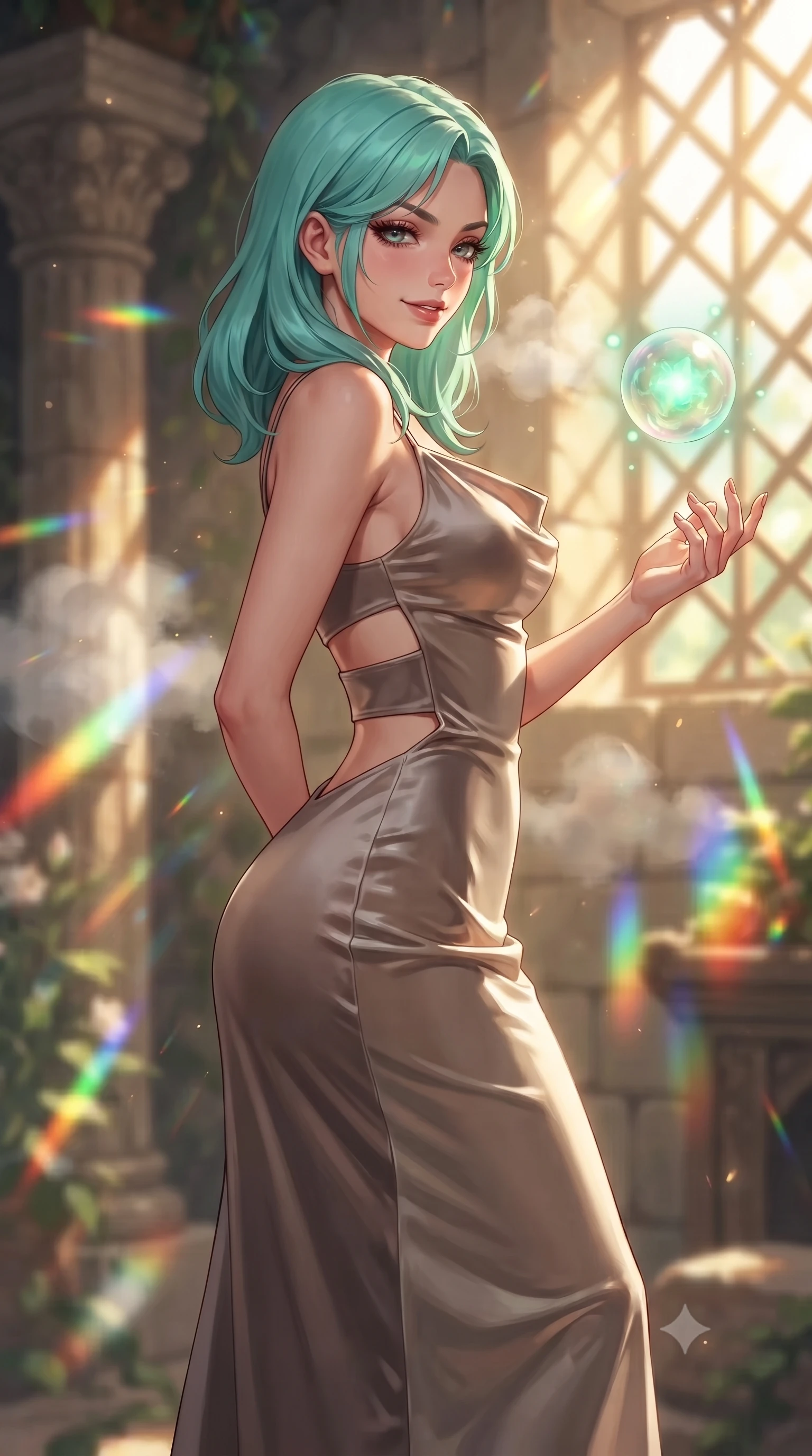 score_9, masterpiece, best quality, ultra-detailed, high-budget anime keyframe, editorial fashion photography, tasteful artistic composition, Japanese woman. close-up cowboy shot from the waist and thighs up, the character dominates the composition, filling the frame with her large presence, background elements kept in soft focus. Glancing sidelong over her shoulder with a smoldering half-smile and heavy lashes interacting with a floating biomorphic pollen orb in a sunlit sanctuary, steam clouds refracting sunlight into brilliant rainbow prisms. She has an exceptionally elegant, slender, and willowy female figure with an ultra-slim waist, a gracefully sculpted slender torso, and a refined silhouette. sharp v-shaped jawline, high-bridge nose, intricate jewel-like eyes with depth, thick eyelashes, glossy lips with a natural sheen. wearing an elegant cowl-neck satin midi dress with a draped neckline in muted taupe and soft ivory, made of premium stretch velvet with a rich sheen, featuring clean architectural cutouts along her slender torso, the glove-like fit emphasizing her statuesque silhouette. bathed in warm golden sunlight and soft emerald bioluminescent glow. highly saturated vibrant anime colors, detailed shading with soft gradients, rich glossy textures, high-contrast stereoscopic depth, volumetric dynamic lighting, master piece, 9:16 ratio
