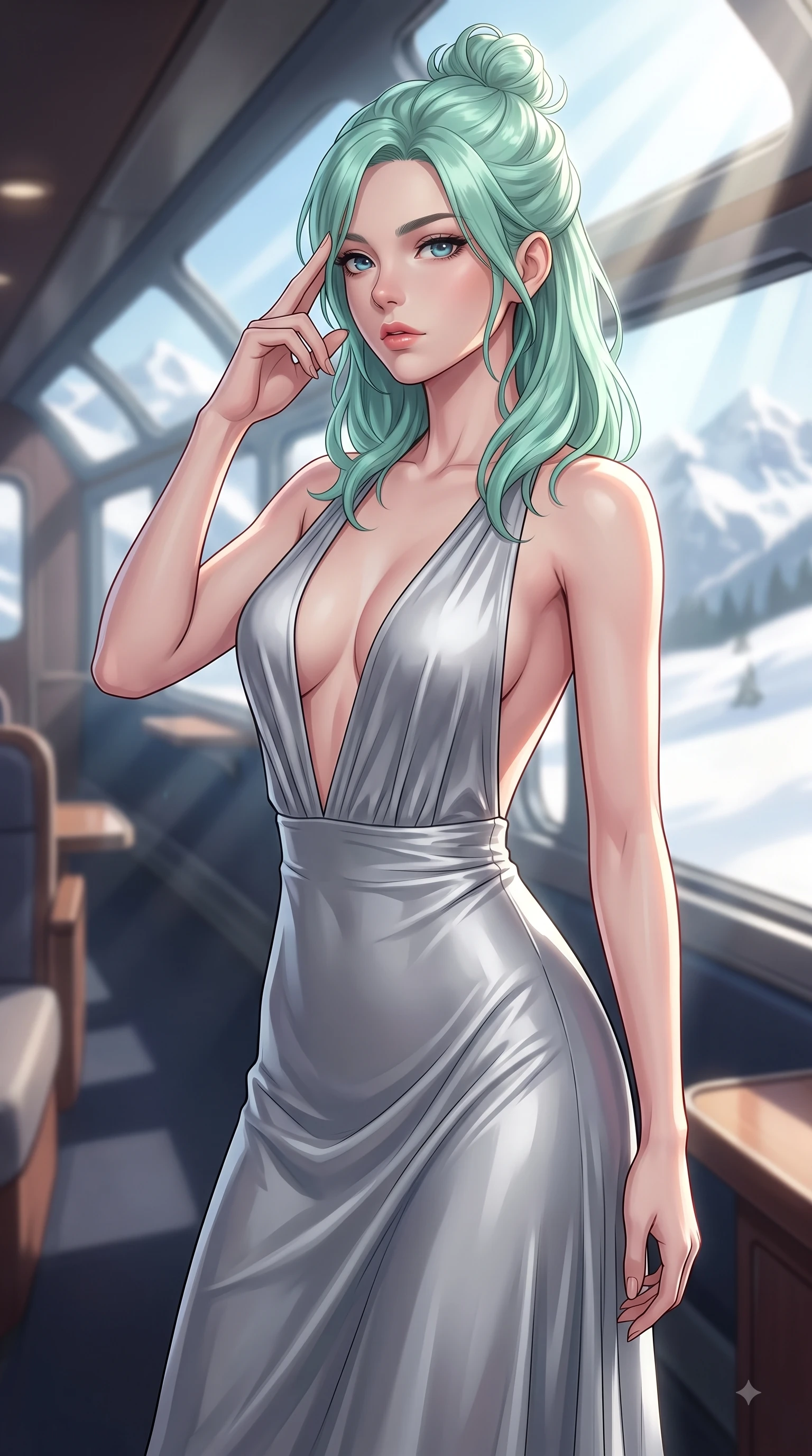 score_9, masterpiece, best quality, ultra-detailed, high-budget anime keyframe, editorial fashion photography, tasteful artistic composition, Japanese woman woman. close-up cowboy shot from the waist and thighs up, the character dominates the composition, filling the frame with her large presence, background elements kept in soft focus. She has an exceptionally elegant, slender, and willowy female figure with an ultra-slim waist, a gracefully sculpted slender torso, and a refined silhouette. pressing two fingers to her temple in a composed gesture, gazing past the camera with sharp focus, flawlessly proportioned anatomical accuracy, natural body alignment, perfectly sculpted elegant limbs, clean dynamic posture without body distortion. set against a soft-focus background of a winding luxury train lounge car showing snowy alpine peaks. wearing a deep plunging V-neck maxi dress in liquid silver jersey with a daring open-back. bathed in crisp alpine morning sunbeams slicing through panoramic window glass. highly saturated vibrant anime colors, detailed shading with soft gradients, rich glossy textures, high-contrast stereoscopic depth, volumetric dynamic lighting, master piece, 9:16 ratio