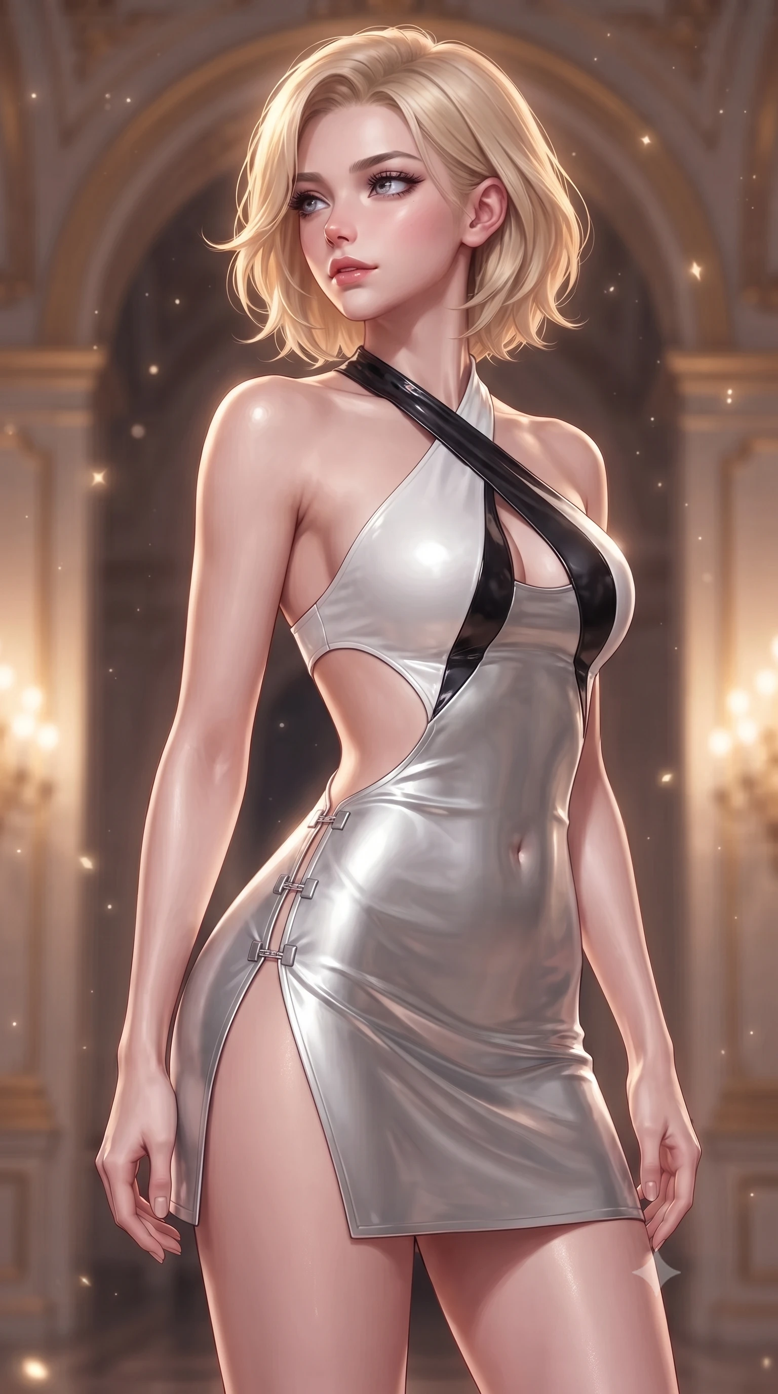 score_9, masterpiece, best quality, ultra-detailed, high-budget anime keyframe, editorial fashion photography, tasteful artistic composition, Caucasian woman. close-up cowboy shot from the waist and thighs up, the character dominates the composition, filling the frame with her large presence. stretching forward with an alluring arch of her spine, glancing over her shoulder with thick eyelashes and a smoldering half-smile while stretching her slender torso in an alluring back-arch as high-altitude breezes flutter her silk drapes against the sunset. The composition keeps background elements in soft focus with creamy bokeh. gilded ballroom arches and floating starlight motes softened in luminous shallow focus. She has an exceptionally elegant, slender, and willowy female figure with an ultra-slim waist, a gracefully sculpted slender torso, toned flat midriff, and a refined slim silhouette. sharp v-shaped jawline, high-bridge nose, intricate jewel-like eyes with depth, thick eyelashes, glossy lips with a natural sheen, flawlessly proportioned anatomical accuracy, strict slender model proportions, natural body alignment, perfectly sculpted long slender limbs, ultra-slim waistline, clean dynamic posture without body distortion. wearing a molten silver liquid-metal mini dress featuring deep side-waist cutouts and a daring crossover halter neckline in high-gloss monochrome white and sharp black contrast, formed from high-gloss patent material with specular light reflections, finished with an ultra-high side slit secured by miniature magnetic clasps, the glove-like aerodynamic second-skin fit tightly clinging to her ultra-slender waist and athletic curves without adding bulk, accentuating her razor-sharp statuesque lines and slim hourglass silhouette. bathed in glorious golden-pink twilight sunbeams and warm chandelier candlelight glow. ultra-reflective glossy finish, specular highlights, metallic sheen, high-contrast stereoscopic depth, volumetric dynamic lighting, 2k, ultra detail, master piece, 9:16 ratio
