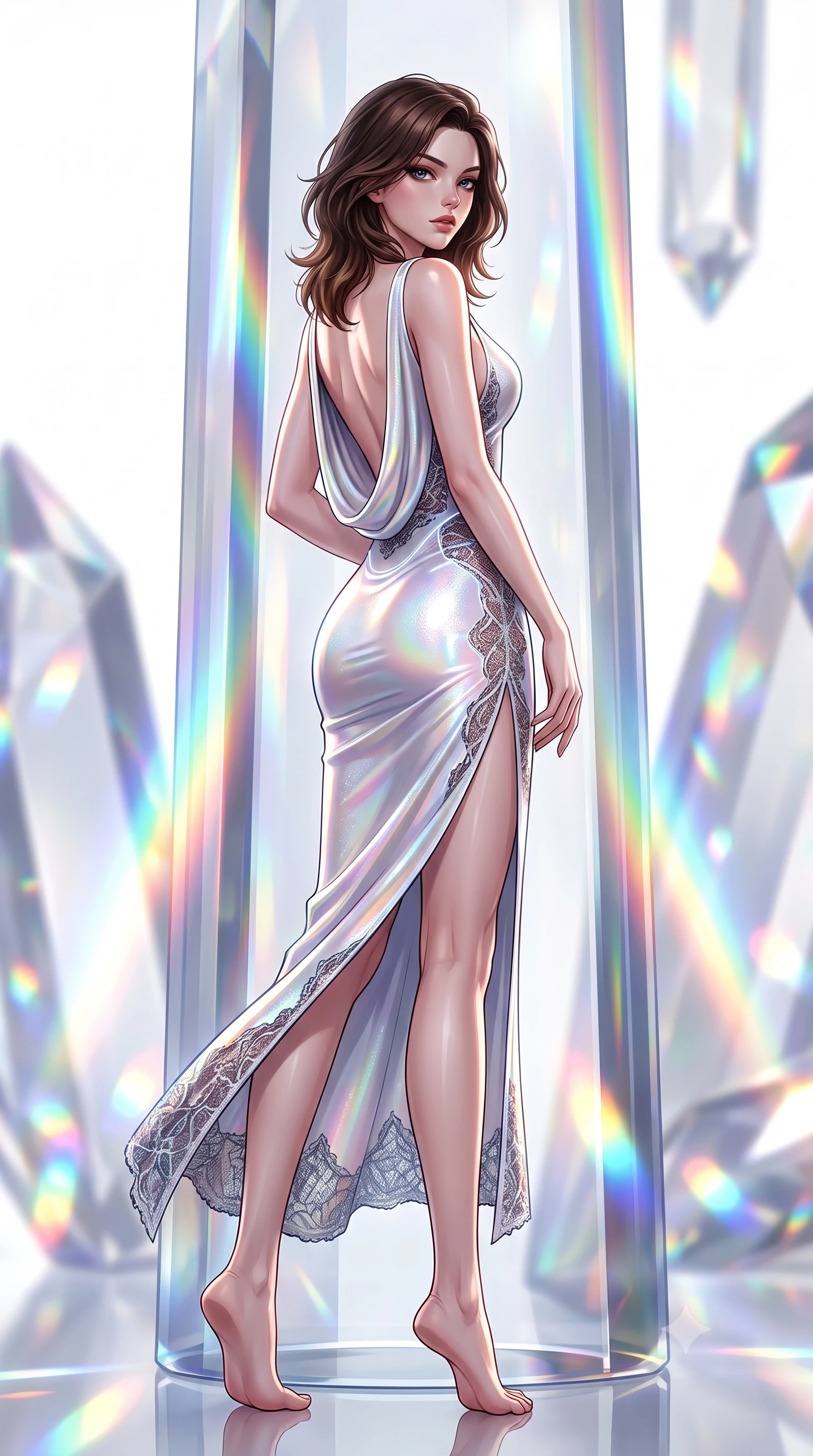 score_9, masterpiece, best quality, ultra-detailed, high-budget anime keyframe, semi-realistic 3D game render, editorial fashion photography, tasteful artistic composition, Korean woman. low angle full-body shot from head to toe showing her feet, filling the entire 9:16 vertical frame with her statuesque presence, stretching her vertical silhouette. pivoting dynamically in mid-motion with a breathtakingly alluring posture, displaying her flawless model proportions and ultra-slim waist while leaning against a towering optical crystal pillar with a haughty, smoldering gaze amidst pure white daylight. The composition keeps background elements in soft focus with creamy bokeh. vibrant rainbow spectrum light beams and crystal facets blurred into dazzling prismatic bokeh. She has an absolutely perfect, statuesque 8.5-heads proportion, an exceptionally tall and slender model-like female figure with impossibly long slender legs, a toned flat midriff, and an ultra-slim waist. sharp v-shaped jawline, high-bridge nose, intricate jewel-like eyes with depth, thick eyelashes, glossy lips with a natural sheen, flawlessly proportioned anatomical accuracy, strict slender model proportions, natural body alignment, perfectly sculpted long slender limbs, ultra-slim waistline, clean dynamic posture without body distortion. wearing a precision-fitted liquid jersey bodycon dress with a dramatic draped cowl back that swoops down to her waist and a high side slit in glistening liquid pearl white with rainbow opalescence, crafted from delicate dark lace interwoven with luminescent micro-fibers, accented with glowing fiber-optic seams tracing her collarbones and hip curves, the form-contouring material adhering flawlessly to her sculpted flat midriff and slender torso, emphasizing her long leg lines and perfectly proportioned willowy build. surrounded by a hyper-creative, radiant, and fiercely chic modern fashion editorial aura. highly saturated vibrant anime colors, detailed shading with soft gradients, rich glossy textures, high-contrast stereoscopic depth, volumetric dynamic lighting, master piece, 9:16 ratio