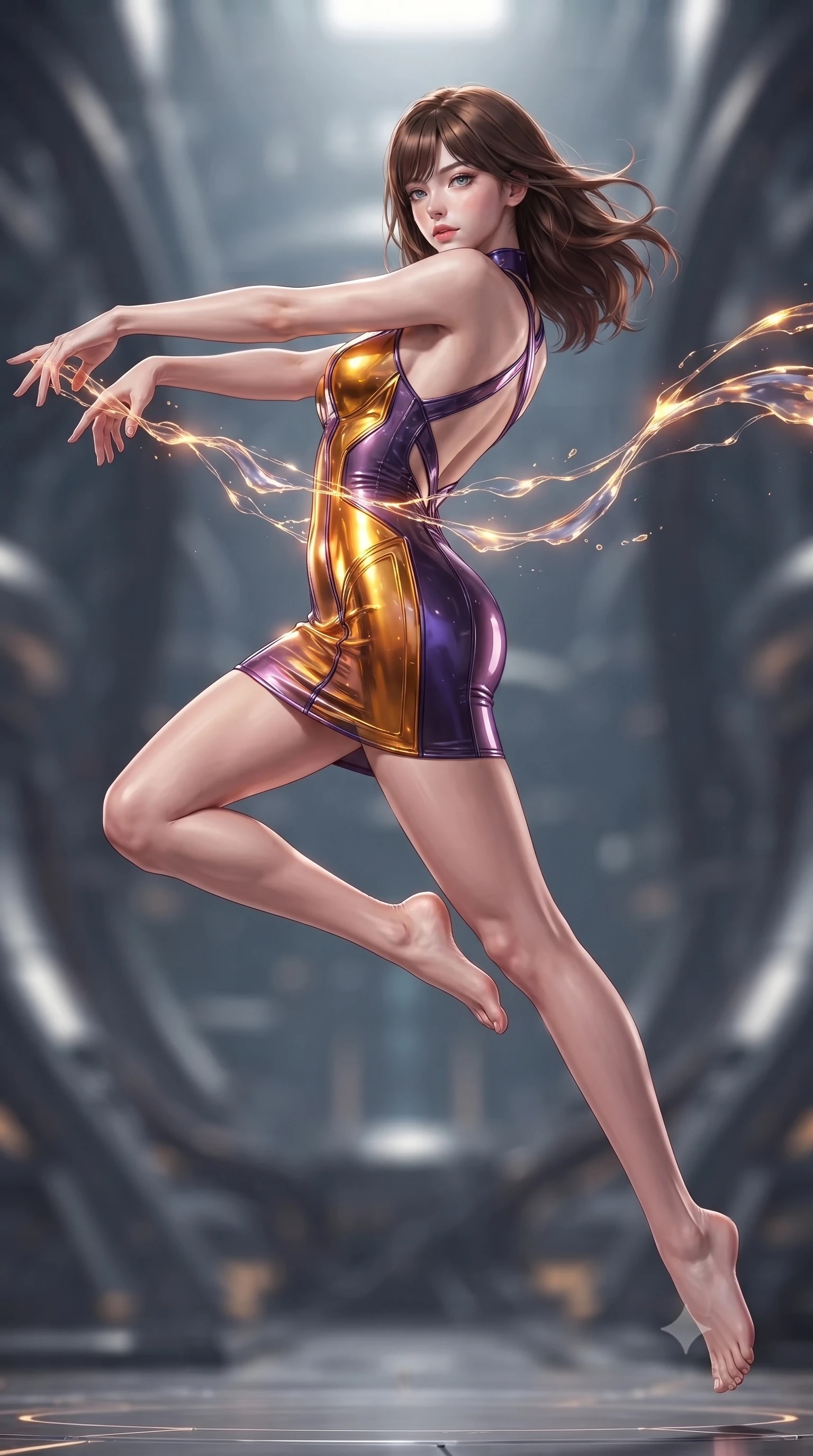 score_9, masterpiece, best quality, ultra-detailed, high-budget anime keyframe, editorial fashion photography, tasteful artistic composition, Korean woman. low angle full-body shot from head to toe showing her feet, filling the entire 9:16 vertical frame with her statuesque presence, stretching her vertical silhouette. leaping through mid-air with an athletic yet alluring arch of her spine, her impossibly long slender legs stretched in flawless poise while reaching forward with a dangerous smolder as streams of liquid plasma wrap around her waist. The composition keeps background elements in soft focus with creamy bokeh. giant reactor core conduits and magnetic field lines softened in shallow focus. She has an absolutely perfect, statuesque 8.5-heads proportion, an exceptionally tall and slender model-like female figure with impossibly long slender legs and an ultra-slim waist. sharp v-shaped jawline, high-bridge nose, intricate jewel-like eyes with depth, thick eyelashes, glossy lips with a natural sheen, flawlessly proportioned anatomical accuracy, natural body alignment, perfectly sculpted elegant limbs, clean dynamic posture without body distortion. wearing a second-skin fashion-latex mini dress with a clean architectural front, featuring an open-back design that wraps around the sides of her waist, showcasing her slender silhouette in lustrous molten gold and pure deep violet, tailored from semi-translucent cybernetic vinyl with glowing micro-filaments, complemented by criss-cross back straps highlighting her completely bare spine, the glove-like fit tightly following every curve of her statuesque athletic build. illuminated by intense volumetric energy beams and high-contrast specular reflections. ultra-reflective glossy finish, specular highlights, metallic sheen, high-contrast stereoscopic depth, volumetric dynamic lighting, 2k, ultra detail, master piece, 9:16 ratio