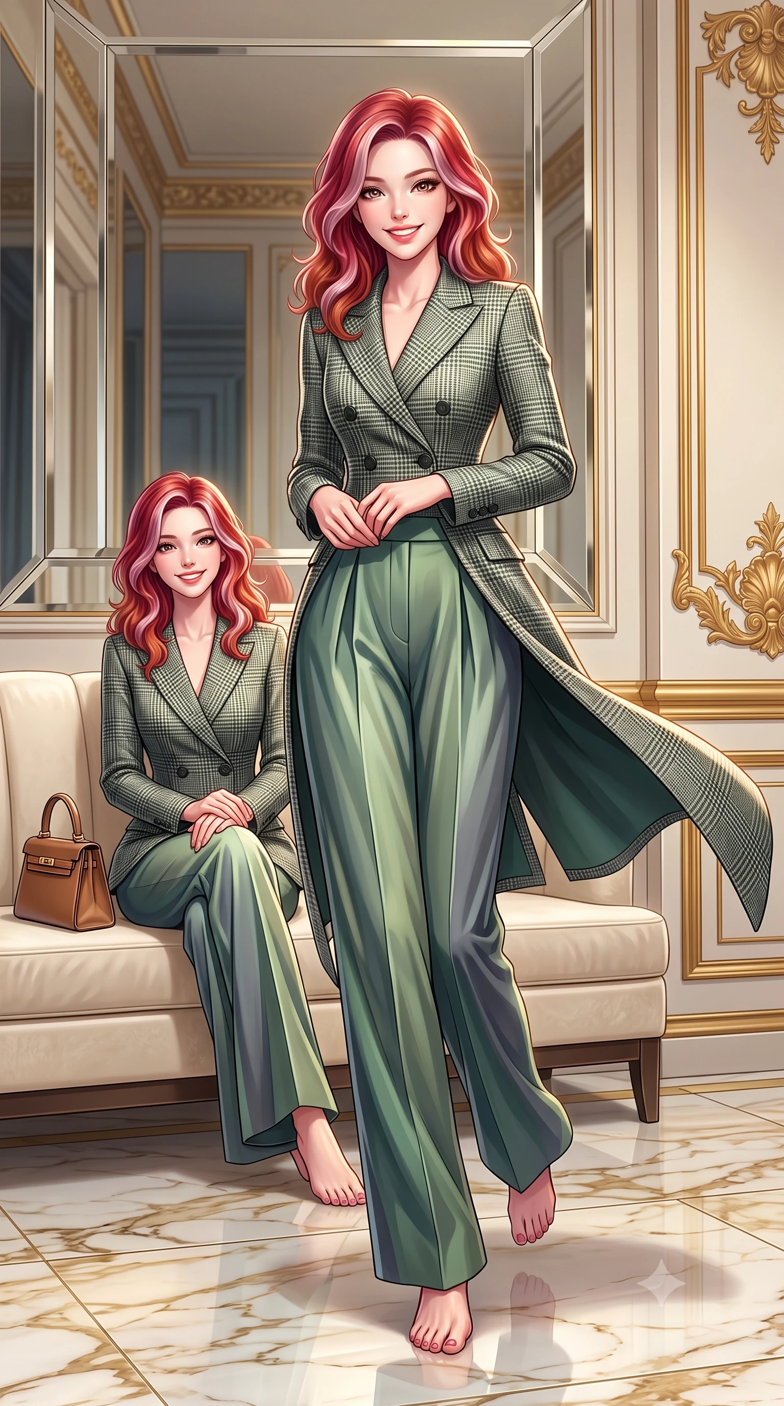 score_9, masterpiece, best quality, ultra-detailed, high-budget anime keyframe, semi-realistic 3D game render, editorial fashion photography, tasteful artistic composition, Caucasian woman. low angle full-body shot from head to toe showing her feet, filling the entire 9:16 vertical frame with her statuesque presence, stretching her vertical silhouette. stepping forward gracefully in mid-motion with a radiant beaming smile, her long tailored coat fluttering around her slender legs while sitting poised on an ivory velvet banquette with hands folded neatly in her lap, exuding impeccable French haute-couture elegance. The surrounding environment is rendered in vivid detail and crisp panoramic clarity: sharp beveled mirror frames, polished Calacatta gold marble floor veining, and gilded acanthus leaf moldings in deep focus. She has an exceptionally tall and slender model-like 8.5-heads proportion, an ultra-slim waist, a flat toned midriff, narrow delicate ribcage, and beautifully sculpted feminine hips creating a graceful, slim hourglass silhouette without any bulky heaviness, with impossibly long slender legs. sharp v-shaped jawline, high-bridge nose, intricate jewel-like sparkling eyes with depth, thick eyelashes, glossy parted lips with a natural peach sheen, bright cheerful beaming smile with an enchanting and coquettish sensual glint, exuding both youthful cute charm and seductive allure, flawlessly proportioned anatomical accuracy, strict slender model proportions, natural body alignment, perfectly sculpted long slender limbs, ultra-slim waistline, clean dynamic posture without body distortion. wearing a double-breasted Prince of Wales check tailored wool blazer paired with high-waisted pleated wide-leg trousers in misty Arashiyama bamboo green and slate grey, crafted from fluid mulberry silk twill with an understated lustrous pearl finish, finished with a structured leather top-handle mini bag resting gracefully at her side, the sharp shoulder tailoring and gently nipped waist framing her slender torso with pristine sartorial perfection. illuminated by polished marble floor bounce and pristine champagne rim lights defining her razor-sharp jawline and elegant tailored silhouette. highly saturated vibrant anime colors, detailed shading with soft gradients, rich glossy textures, high-contrast stereoscopic depth, volumetric dynamic lighting, master piece, 9:16 ratio