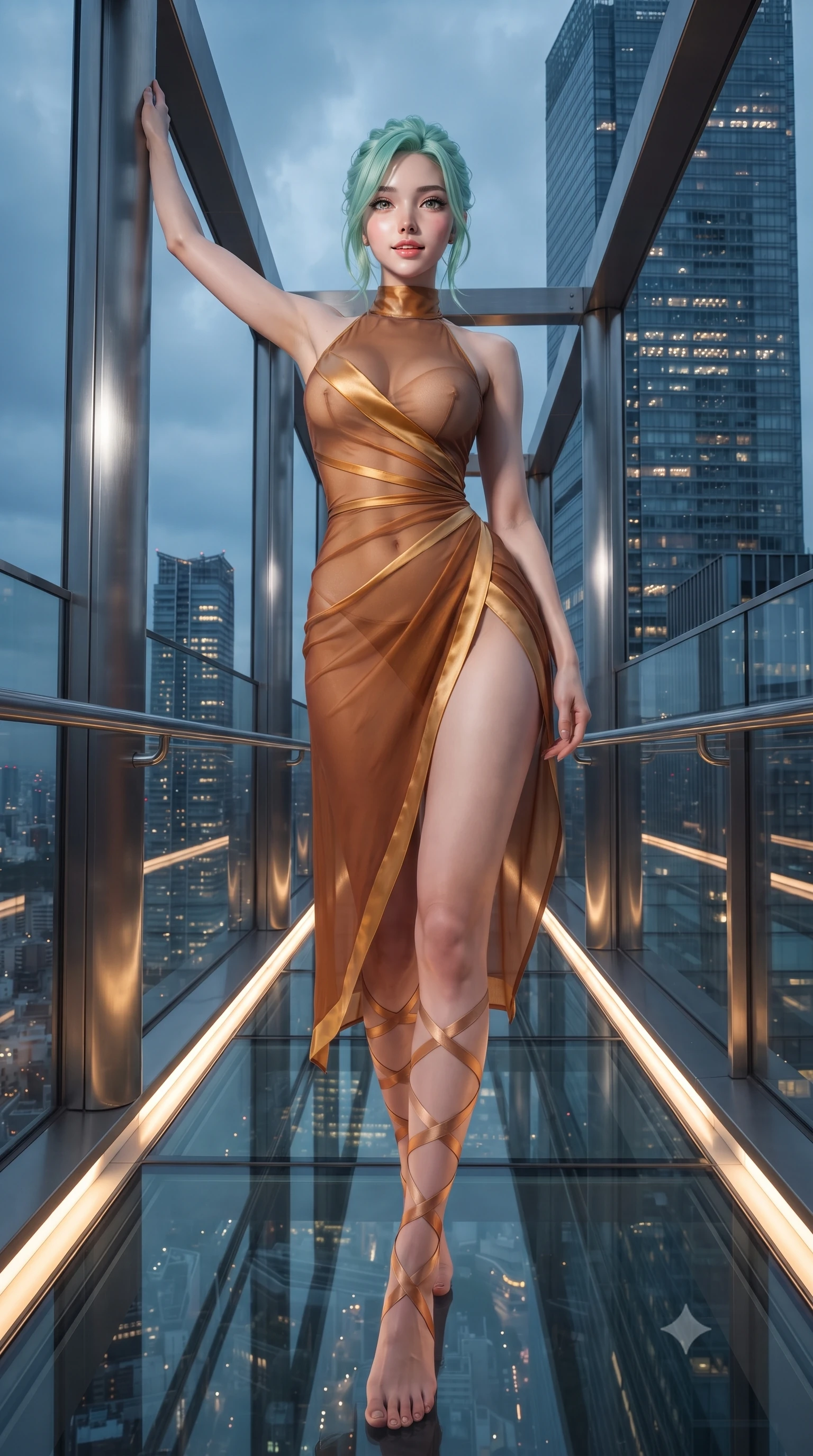 score_9, masterpiece, best quality, ultra-detailed, high-budget anime keyframe, editorial fashion photography, tasteful artistic composition, Japanese woman. low angle full-body shot from head to toe showing her feet, filling the entire 9:16 vertical frame with her statuesque presence, stretching her vertical silhouette. standing tall beside the architectural column, one hand resting high while arching her lower back to emphasize her sculpted feminine hips and slender waist while standing centered on the suspended glass skybridge connecting two mega-skyscrapers, arching her back with breathtaking statuesque presence. The surrounding environment is rendered in vivid detail and crisp panoramic clarity: detailed wet-look tactical corset cling, glossy parted lips, and mega-structure engineering in razor-sharp precision. She has an absolutely perfect, statuesque 8.5-heads proportion, an exceptionally tall and slender model-like female figure with impossibly long slender legs, an ultra-slim waist, a flat toned midriff, narrow delicate ribcage, and beautifully sculpted feminine hips creating a graceful, slim hourglass silhouette without any bulky heaviness. sharp v-shaped jawline, high-bridge nose, sparkling eyes with hypnotic seductive depth, thick curled eyelashes, glossy parted lips with a natural dewy peach sheen, alluring bedroom-eyes with an enchanting coquettish smile, exuding magnetic siren charisma and sophisticated glamour, flawlessly proportioned anatomical accuracy, strict slender model proportions, natural body alignment, perfectly sculpted long slender limbs, ultra-slim waistline, clean dynamic posture without body distortion. wearing a provocative high-neck sheer illusion ballet dress with liquid satin ribbons contouring her curves in warm amber honey and antique gold leaf, made of semi-opaque stretch illusion mesh with soft shadowy contours, finished with delicate satin ballet ribbon ties criss-crossing up her slender calves to the knee, the high-slit wrap tailoring accentuating her ultra-slim waistline and the enchanting curve of her feminine hips with alluring seductive charm. bathed in cool ambient storm light mixed with warm floor LED lighting strips along the skybridge walkway. ultra-reflective glossy finish, specular highlights, rich textural contrasts, high-contrast stereoscopic depth, volumetric dynamic lighting, 2k, ultra detail, master piece, 9:16 ratio