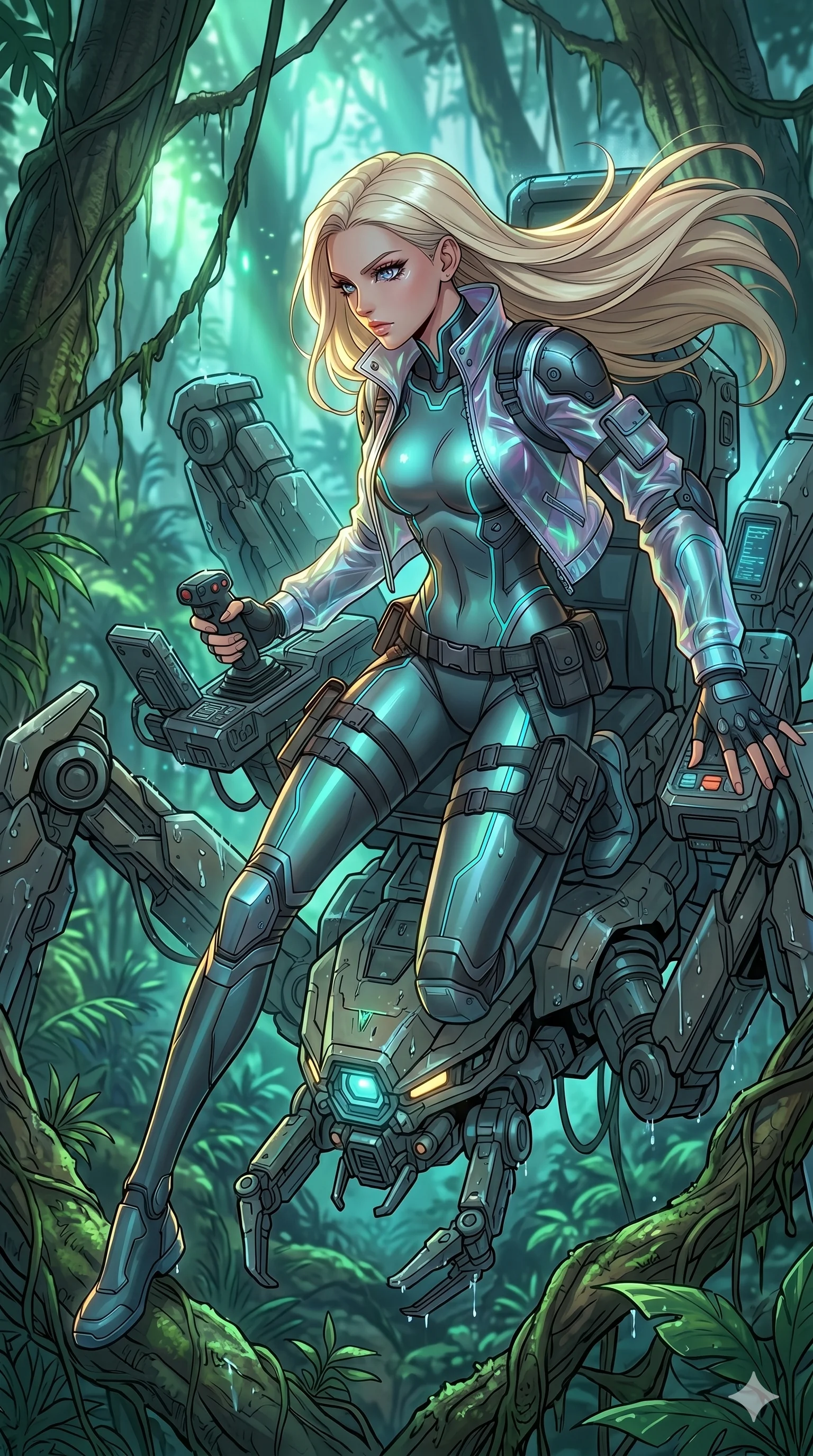 score_9, masterpiece, best quality, ultra-detailed, high-budget anime movie keyframe, cinematic anime lighting, intricate line art, Caucasian (strictly human ears) woman. Low angle cowboy shot capturing a powerful motion and statuesque presence. piloting a giant mechanical spider through a dense jungle. She has an absolutely perfect 8-heads proportion, an exceptionally tall and slender female figure with an ultra-slim waist and impossibly long slender legs. strictly human anatomy, two legs only, no extra limbs, clearly defined legs and arms, perfect anatomy, perfect hands and fingers. sharp v-shaped jawline, high-bridge nose, intricate jewel-like eyes, thick eyelashes, glossy lips. Wearing Tech-Fantasy: Cybernetic tech-suit with glowing seams, translucent PVC over leotard, and modular tactical gear. The scene is illuminated by dramatic atmospheric lighting and vibrant color palettes. , 2k, ultra detail, master piece, 9:16 ratio