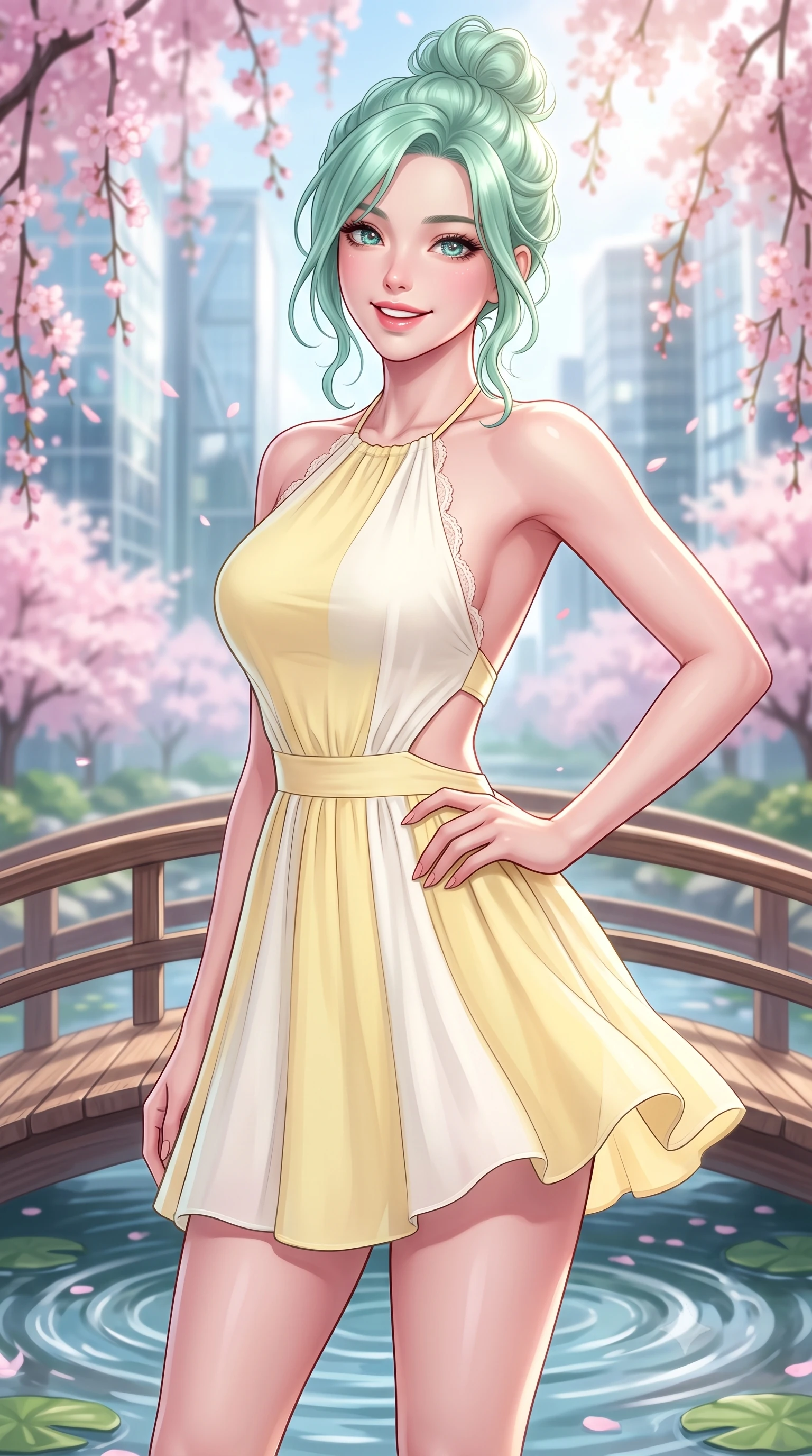 score_9, masterpiece, best quality, ultra-detailed, high-budget anime keyframe, semi-realistic 3D game render, editorial fashion photography, tasteful artistic composition, Japanese woman. close-up cowboy shot from the waist and thighs up, the character dominates the composition, filling the frame with her large presence. twisting her slender torso in an alluring contrapposto stance, one hand resting on her sculpted hip while flashing a radiant, playful smile with parted glossy lips while standing on the curved wooden footbridge above the circular lotus pond, arching her lower back with a bright, charming smile. The composition keeps background elements in soft focus with dreamy creamy bokeh. weeping cherry blossom branches, circular lotus pond ripples, and futuristic glass tower facades blurred into sakura-pink, emerald, and glass-white bokeh. She has an exceptionally elegant, slender, and willowy female figure with an ultra-slim waist, flat toned midriff, narrow ribcage, and sculpted feminine hips creating an alluring, slim hourglass silhouette without bulk. sharp v-shaped jawline, high-bridge nose, intricate jewel-like sparkling eyes with depth, thick eyelashes, glossy parted lips with a natural peach sheen, bright cheerful beaming smile with an enchanting and coquettish sensual glint, exuding both youthful cute charm and seductive allure, flawlessly proportioned anatomical accuracy, strict slender model proportions, natural body alignment, perfectly sculpted long slender limbs, ultra-slim waistline, clean dynamic posture without body distortion. wearing a backless pastel halter sundress with side-waist diamond cutouts and an ultra-fitted hip-hugging silhouette in bright butter yellow and fresh cream white, tailored from fine lightweight chiffon that flutters gently in the breeze, finished with delicate lace scallop edging along the neckline, the high-waisted tailoring accentuating her ultra-slim waistline and the enchanting curve of her feminine hips with alluring charm. bathed in bright morning spring sunlight scattering through blooming flower canopies. highly saturated vibrant anime colors, detailed shading with soft gradients, rich glossy textures, high-contrast stereoscopic depth, volumetric dynamic lighting, master piece, 9:16 ratio