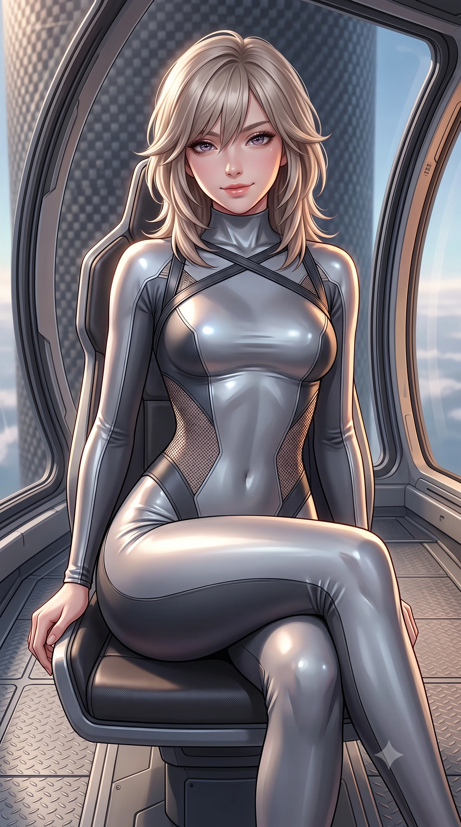 score_9, masterpiece, best quality, ultra-detailed, high-budget anime keyframe, semi-realistic 3D game render, editorial fashion photography, tasteful artistic composition, Japanese woman. close-up cowboy shot from the waist and thighs up, the character dominates the composition, filling the frame with her large presence. turning slowly with a smoldering smile, her sleek hair catching the cockpit HUD rim light as her hips angle gracefully in a captivating contrapposto while lounging in an ergonomic gravity lounge seat with legs crossed, her statuesque presence commanding the monumental space elevator view. The surrounding environment is rendered in vivid detail and crisp panoramic clarity: sharp carbon-nanotube tether weave texture, curved panoramic glass window gaskets, and titanium floor plates in deep focus. She has an exceptionally elegant, slender, and willowy female figure with an ultra-slim waist, flat toned midriff, narrow ribcage, and sculpted feminine hips creating an alluring, slim hourglass silhouette without bulk. sharp v-shaped jawline, high-bridge nose, intricate jewel-like sparkling eyes with depth, thick eyelashes, glossy parted lips with a natural sheen, bright confident smile with an enchanting and coquettish sensual glint, exuding both youthful magnetic charm and sovereign high-tech allure, flawlessly proportioned anatomical accuracy, strict slender model proportions, natural body alignment, perfectly sculpted long slender limbs, ultra-slim waistline, clean dynamic posture without body distortion. wearing a futuristic cut-out nano-suit with diamond-shaped side-torso mesh insets tracing her slim hourglass curves in reflective liquid mercury and matte phantom grey, made of supple second-skin compression stretch jersey clinging flawlessly to her form, finished with criss-cross Kevlar tactical straps tracing her graceful shoulder blades, the high-waisted tailoring accentuating her ultra-slim waistline and the enchanting curve of her feminine hips with alluring dark charm. illuminated by warm cabin ambient fill and crisp platinum rim lighting sculpting her razor-sharp jawline, narrow waist, and curvy hips. highly saturated vibrant anime colors, detailed shading with soft gradients, rich glossy textures, high-contrast stereoscopic depth, volumetric dynamic lighting, master piece, 9:16 ratio