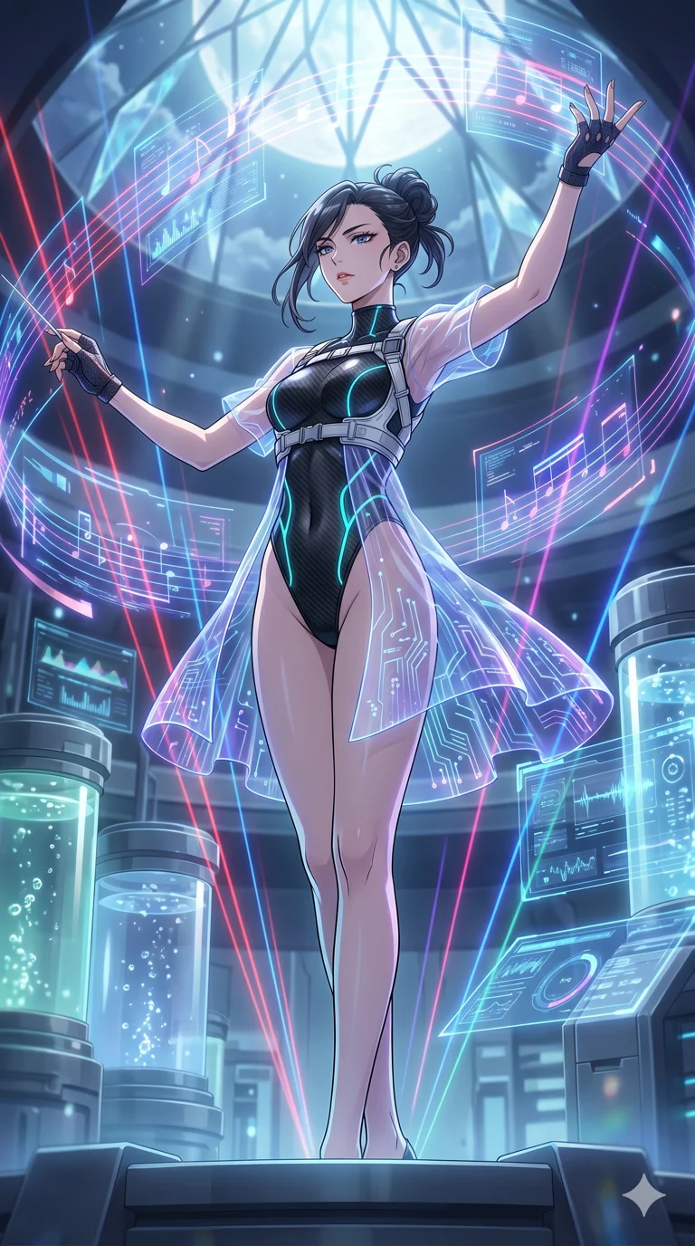 score_9, masterpiece, best quality, ultra-detailed, High-budget Anime Keyframe, vibrant colors, fluid line-art, expressive lighting, cinematic composition, Ufotable-style visual effects, top-tier animation quality, Japanese woman with delicate and elegant anime-inspired features. Low angle cowboy shot filling the entire 9:16 frame with her statuesque presence, looking up to emphasize her height. Orchestrating a complex symphony of laser lights and holographic projections in a grand futuristic concert hall. She has an absolutely perfect 8-heads proportion, an exceptionally tall and slender female figure with impossibly long slender legs and an ultra-slim waist, her statuesque height and towering silhouette dominating the vertical 9:16 frame. Her face is a masterpiece featuring a sharp v-shaped jawline, high-bridge nose, intricate jewel-like eyes with depth, thick eyelashes, and glossy lips with a natural sheen. She is wearing a Transparent mini-dress with glowing internal circuits and a high-cut structural leotard crafted from Carbon-fiber weave with a high-tech matte finish and integrated glowing filaments, with an exposed midriff and a complex harness system that draws the eye. The scene is set in a high-tech research laboratory with glowing glass tanks and complex holographic interfaces, illuminated by ethereal moonlight filtering through a crystalline canopy, creating soft highlights. 2k, ultra detail, master piece, 9:16 ratio