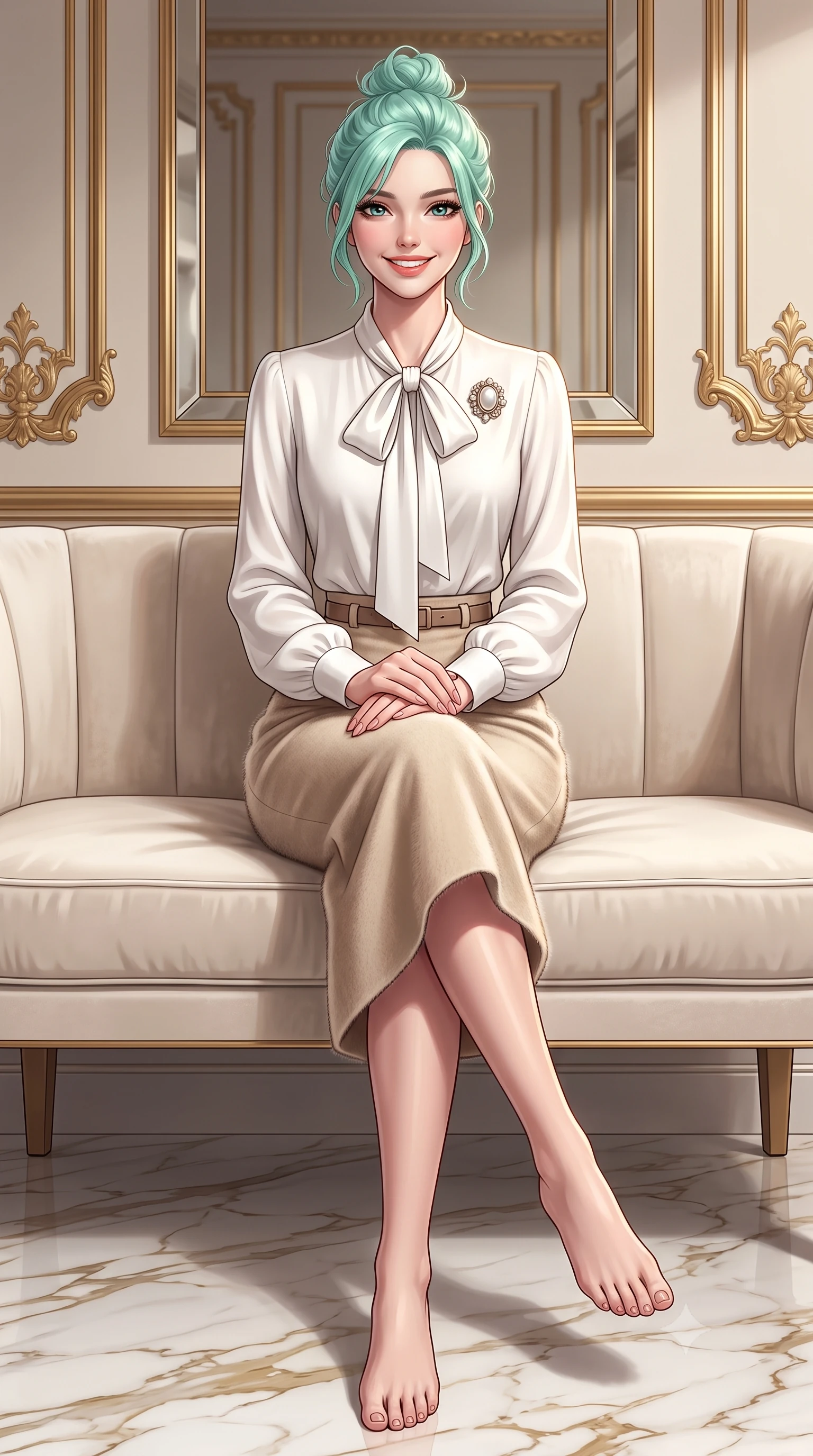 score_9, masterpiece, best quality, ultra-detailed, high-budget anime keyframe, semi-realistic 3D game render, editorial fashion photography, tasteful artistic composition, Japanese woman. low angle full-body shot from head to toe showing her feet, filling the entire 9:16 vertical frame with her statuesque presence, stretching her vertical silhouette. standing tall and centered in the frame with hands tucked into her coat pockets, radiating statuesque poise and calm warmth while sitting poised on an ivory velvet banquette with hands folded neatly in her lap, exuding impeccable French haute-couture elegance. The surrounding environment is rendered in vivid detail and crisp panoramic clarity: sharp beveled mirror frames, polished Calacatta gold marble floor veining, and gilded acanthus leaf moldings in deep focus. She has an exceptionally tall and slender model-like 8.5-heads proportion, an ultra-slim waist, a flat toned midriff, narrow delicate ribcage, and beautifully sculpted feminine hips creating a graceful, slim hourglass silhouette without any bulky heaviness, with impossibly long slender legs. sharp v-shaped jawline, high-bridge nose, intricate jewel-like sparkling eyes with depth, thick eyelashes, glossy parted lips with a natural peach sheen, bright cheerful beaming smile with an enchanting and coquettish sensual glint, exuding both youthful cute charm and seductive allure, flawlessly proportioned anatomical accuracy, strict slender model proportions, natural body alignment, perfectly sculpted long slender limbs, ultra-slim waistline, clean dynamic posture without body distortion. wearing a fluid silk crepe pussy-bow blouse paired with a high-waisted tailored pencil midi skirt and slim leather belt in Swiss alpine snow white and oat cashmere, woven from plush alpaca yarn with a cloud-like fuzzy texture and soft halo, complemented by an antique baroque pearl brooch pinned tastefully on the lapel, the bespoke architectural tailoring hugging her natural waistline with sartorial precision, creating a clean graceful hourglass silhouette with tall model elegance. illuminated by polished marble floor bounce and pristine champagne rim lights defining her razor-sharp jawline and elegant tailored silhouette. highly saturated vibrant anime colors, detailed shading with soft gradients, rich glossy textures, high-contrast stereoscopic depth, volumetric dynamic lighting, master piece, 9:16 ratio