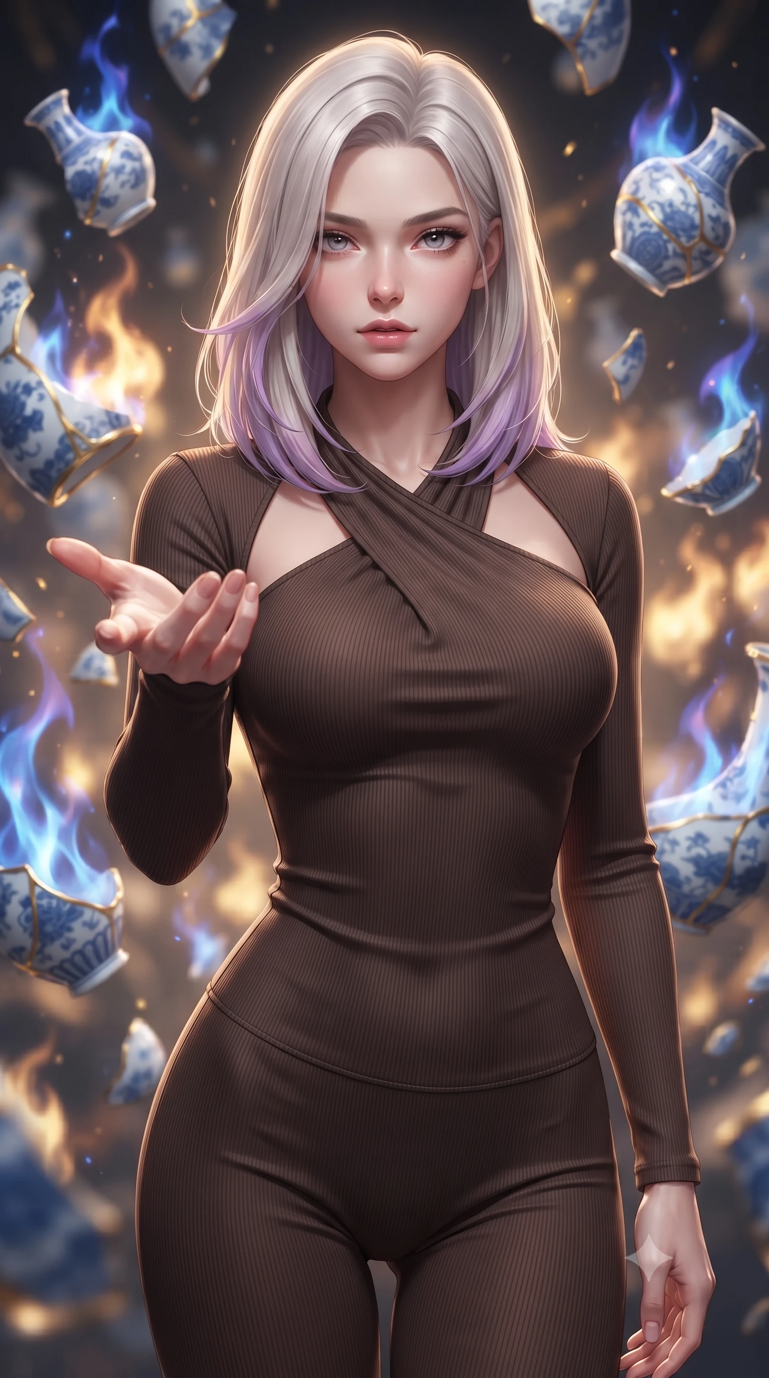 score_9, masterpiece, best quality, ultra-detailed, high-budget anime keyframe, editorial fashion photography, tasteful artistic composition, Caucasian woman. close-up cowboy shot from the waist and thighs up, the character dominates the composition, filling the frame with her large presence, background elements kept in soft focus. Reaching one hand gracefully toward the viewer with effortless superiority and allure poised amidst suspended blue-and-white porcelain vase fragments with gold seams, soft sapphire alchemy flames dancing around white bisque porcelain. She has an exceptionally elegant, slender, and willowy female figure with an ultra-slim waist, a gracefully sculpted slender torso, and a refined silhouette. sharp v-shaped jawline, high-bridge nose, intricate jewel-like eyes with depth, thick eyelashes, glossy lips with a natural sheen. wearing a form-fitting ribbed activewear set in espresso brown with elegant collar cutouts, the elegant draped fit framing her graceful clavicle and slender torso. illuminated by a dramatic contrast of sapphire alchemy flames and warm golden glow. ultra-reflective glossy finish, specular highlights, metallic sheen, high-contrast stereoscopic depth, volumetric dynamic lighting, 2k, ultra detail, master piece, 9:16 ratio