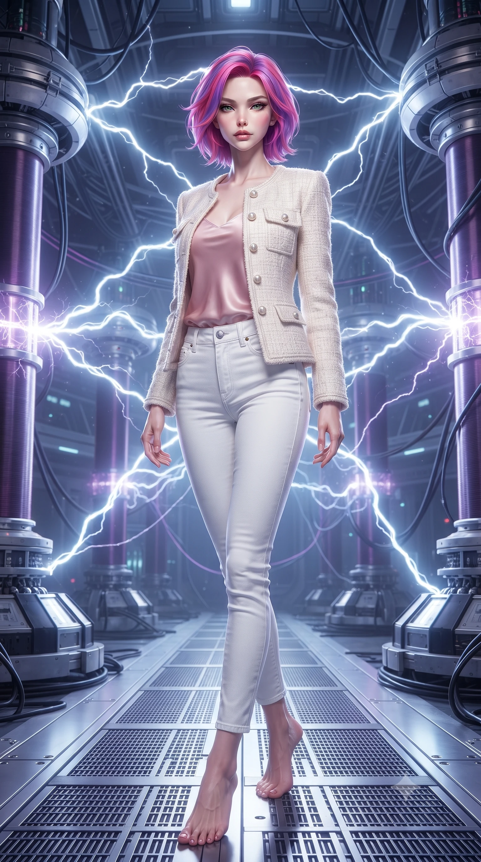score_9, masterpiece, best quality, ultra-detailed, high-budget anime keyframe, editorial fashion photography, tasteful artistic composition, Caucasian woman, strictly human ears. low angle full-body shot from head to toe showing her feet, filling the entire 9:16 vertical frame with her statuesque presence, stretching her vertical silhouette. threading her way through a sanctum powered by a magnetar's electromagnetic pulses where controlled energy arcs in beautiful geometric patterns between conductor pillars and magnetic field lines glow visibly in the charged atmosphere. She has a statuesque 8.5-heads proportion, an exceptionally tall, slender and willowy model-like build with impossibly long legs and a highly sculpted ultra-slim waist. sharp v-shaped jawline, high-bridge nose, intricate jewel-like eyes with depth, thick eyelashes, glossy lips with a natural sheen. wearing a structured ivory tweed jacket with pearl buttons over a blush pink silk camisole and white denim trousers. intense electric blue-white energy arcs providing stroboscopic illumination with residual purple magnetic field glow and sharp white pulse highlights on metallic surfaces. 2k, ultra detail, master piece, 9:16 ratio