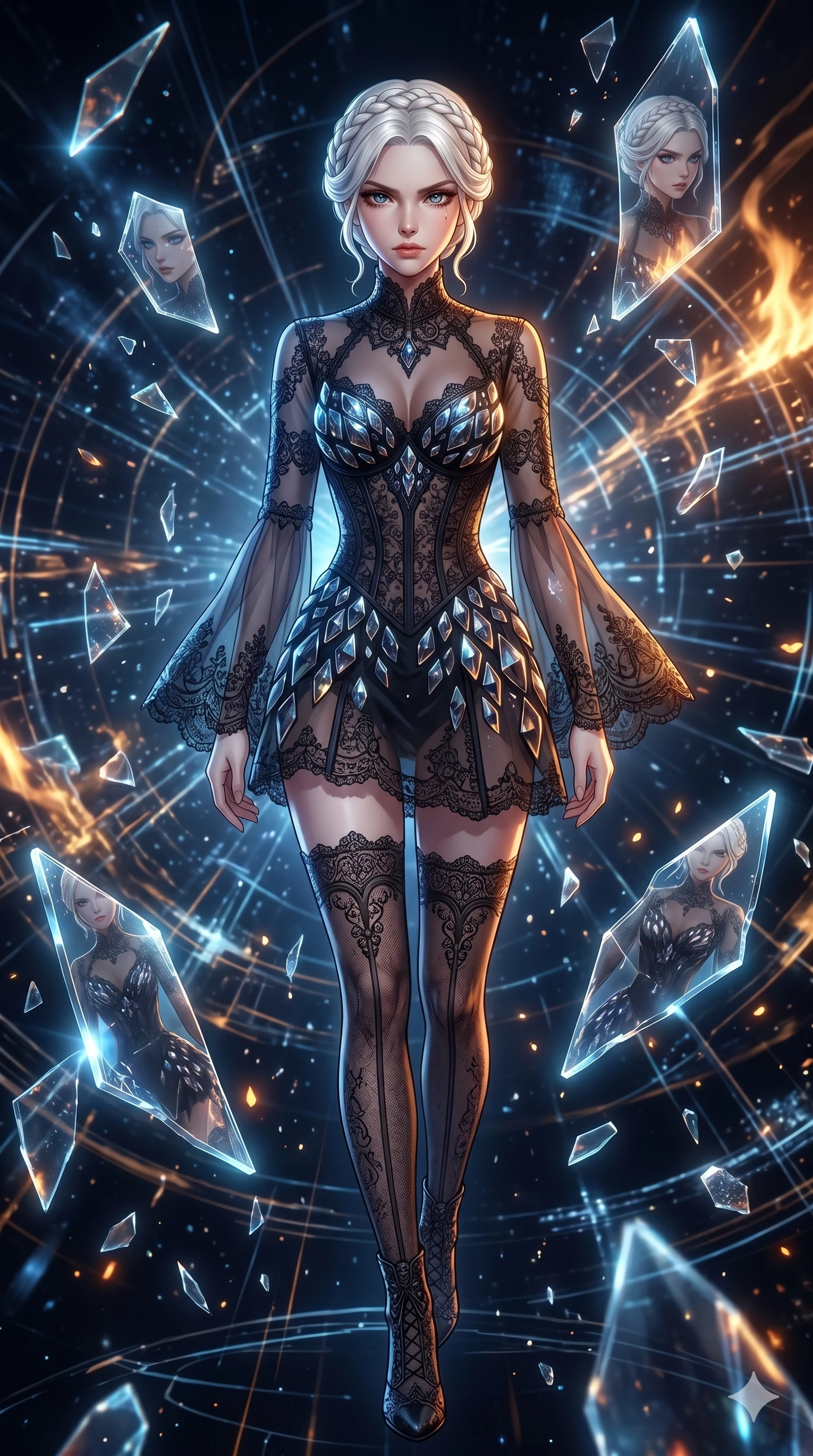 score_9, masterpiece, best quality, ultra-detailed, Set A: High-budget Anime Keyframe, Japanese woman. Upper body close-up from the thighs up, character filling the screen for maximum presence. Walking gracefully through a virtual reality void, with a look of intense determination reflecting the fires of 157 and surrounded by shattered glass fragments. She has an absolutely perfect 8-heads proportion, an exceptionally tall and slender female figure with impossibly long slender legs and an ultra-slim waist. Sharp v-shaped jawline, high-bridge nose, intricate jewel-like eyes with depth, thick eyelashes, glossy lips with a natural sheen. Wearing Gothic lace corset mini-dress with sheer bell-sleeves and obsidian glass scales. Cinematic lighting, vibrant colors, dramatic shadows, 2k, ultra detail, master piece, 9:16 ratio