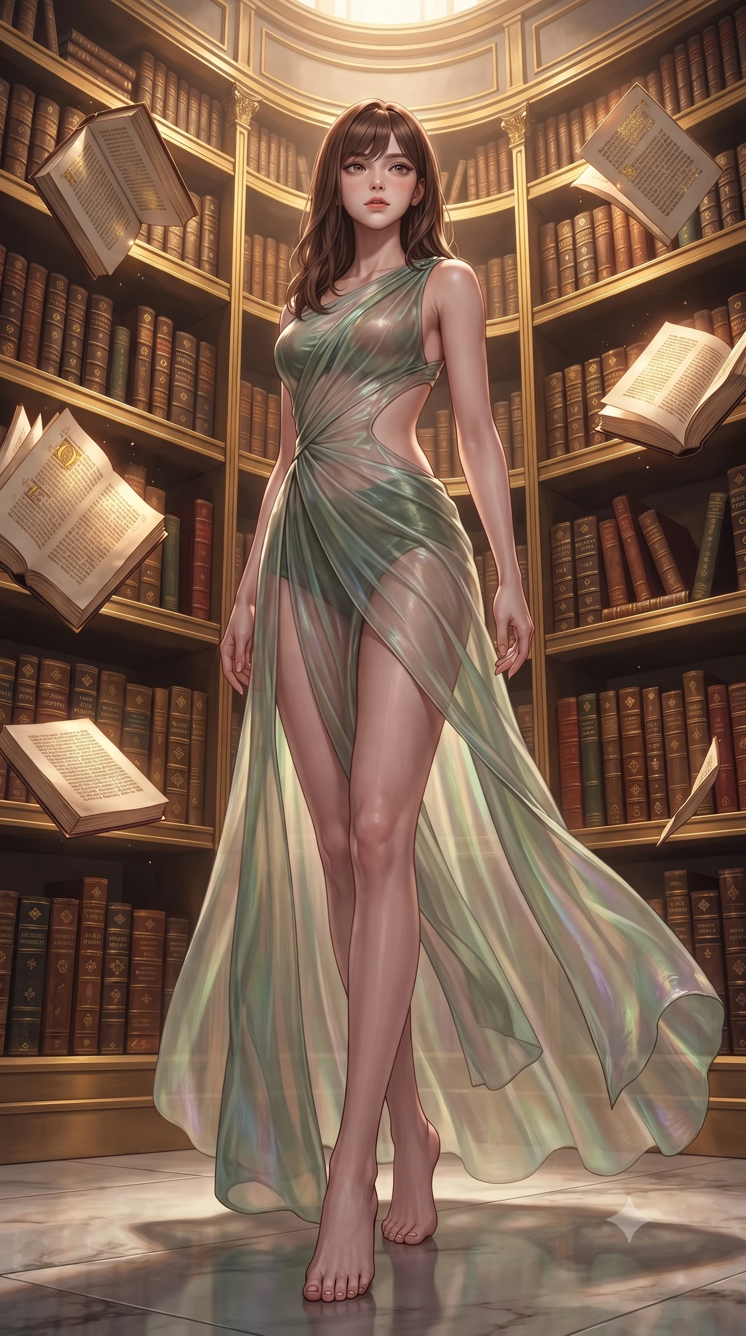 score_9, masterpiece, best quality, ultra-detailed, high-budget anime keyframe, editorial fashion photography, tasteful artistic composition, Korean woman. low angle full-body shot from head to toe showing her feet, filling the entire 9:16 vertical frame with her statuesque presence, stretching her vertical silhouette. navigating the luminous space with effortless poise, displaying her perfect model proportions surrounded by floating illuminated manuscripts with gold leaf lettering, thousands of antique leather-bound books stacked along majestic golden shelves. She has an absolutely perfect, statuesque 8.5-heads proportion, an exceptionally tall and slender model-like female figure with impossibly long slender legs and an ultra-slim waist. sharp v-shaped jawline, high-bridge nose, intricate jewel-like eyes with depth, thick eyelashes, glossy lips with a natural sheen. wearing a translucent iridescent chiffon gown with a plunging neckline and open back in sage green and oatmeal, made of premium stretch velvet with a rich sheen, featuring clean architectural cutouts along her slender torso, the elegant draped fit framing her graceful clavicle and slender torso. surrounded by a scholarly, opulent aura with warm chiaroscuro contrast. highly saturated vibrant anime colors, detailed shading with soft gradients, rich glossy textures, high-contrast stereoscopic depth, volumetric dynamic lighting, master piece, 9:16 ratio