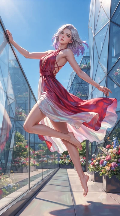 score_9, masterpiece, best quality, ultra-detailed, high-budget anime keyframe, editorial fashion photography, tasteful artistic composition, Caucasian woman. low angle full-body shot from head to toe showing her feet, filling the entire 9:16 vertica