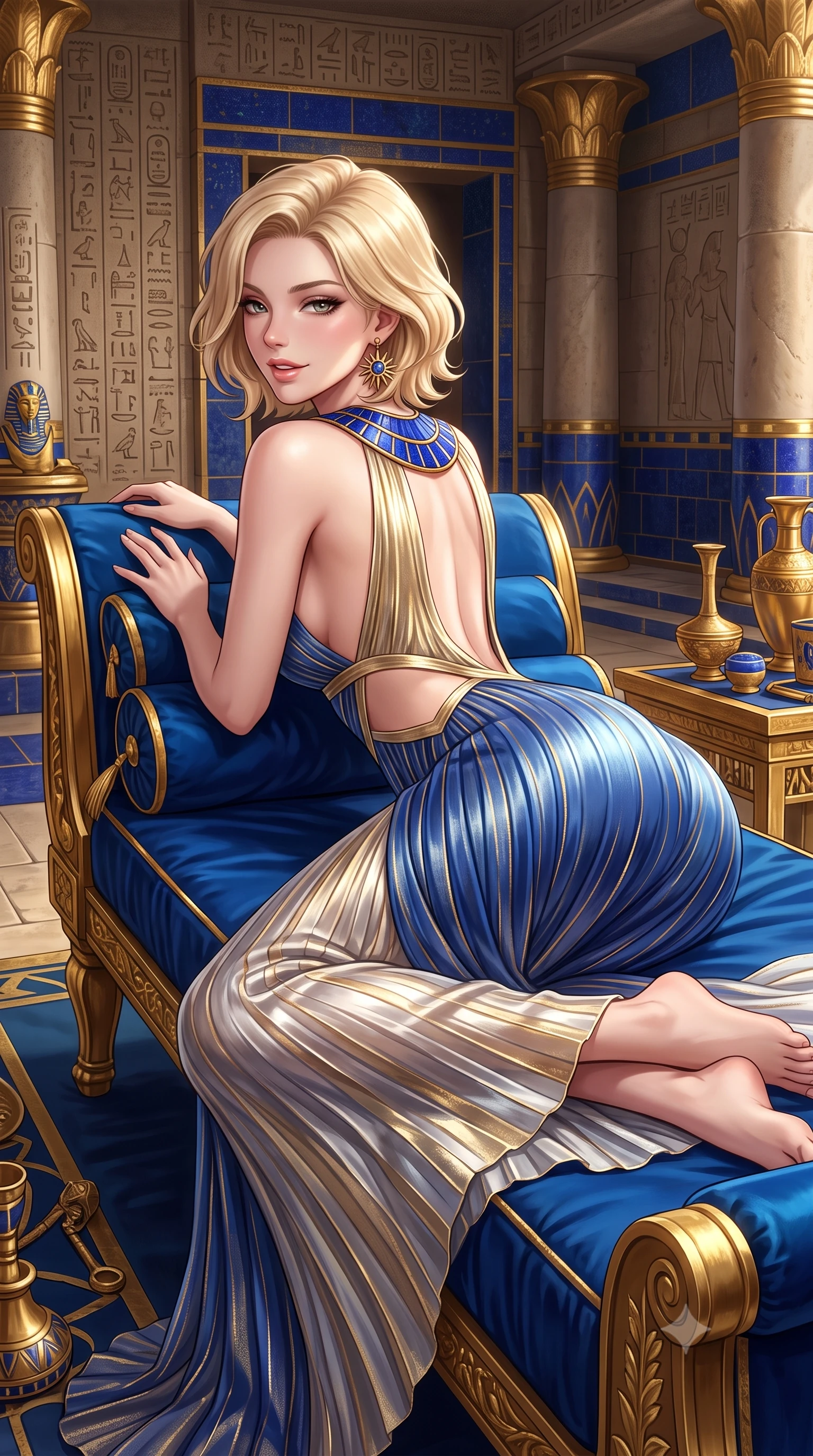 score_9, masterpiece, best quality, ultra-detailed, high-budget anime keyframe, semi-realistic 3D game render, editorial fashion photography, tasteful artistic composition, Caucasian woman. close-up cowboy shot from the waist and thighs up, the character dominates the composition, filling the frame with her large presence. turning over a bare shoulder with an intoxicating, teasing smile, her soft hair framing her sharp jawline as her hips angle gracefully while reclining face down atop a gilded royal daybed with head turned toward the lens, legs playfully bent at the knees to highlight her curvy hip silhouette. The surrounding environment is rendered in vivid detail and crisp panoramic clarity. sharp hieroglyphic wall carvings, gold leaf column capitals, and deep blue lapis lazuli tile in deep focus. She has an exceptionally elegant, slender, and willowy female figure with an ultra-slim waist, a gracefully sculpted slender torso, toned flat midriff, and rounded feminine hips creating an alluring hourglass silhouette. sharp v-shaped jawline, high-bridge nose, intricate jewel-like eyes with depth, thick eyelashes, glossy parted lips with a natural sheen, intensely captivating and seductive bedroom-eyes expression, flawlessly proportioned anatomical accuracy, strict slender model proportions, natural body alignment, perfectly sculpted long slender limbs, ultra-slim waistline, clean dynamic posture without body distortion. wearing a liquid-gold metallic pleated column gown with an ultra-deep plunging open back and hip-hugging silhouette in royal sapphire blue and brushed platinum, woven from gossamer silk organza with subtle metallic gold threads, complemented by a broad lapis lazuli collar necklace and sunburst earrings, the precision-cut side openings and low-back scoop framing her graceful spine and the sensual sweep of her hips. surrounded by a sovereign, divine, and breathlessly mesmerizing Nile queen aura. highly saturated vibrant anime colors, detailed shading with soft gradients, rich glossy textures, high-contrast stereoscopic depth, volumetric dynamic lighting, master piece, 9:16 ratio
