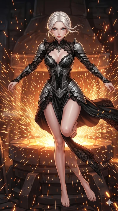 score_9, masterpiece, best quality, ultra-detailed, Set C: High-budget Anime Keyframe, Korean woman. Low angle cowboy shot filling the entire 9:16 frame with her statuesque presence. Leaping through a shower of sparks from a giant blacksmith's forge.
