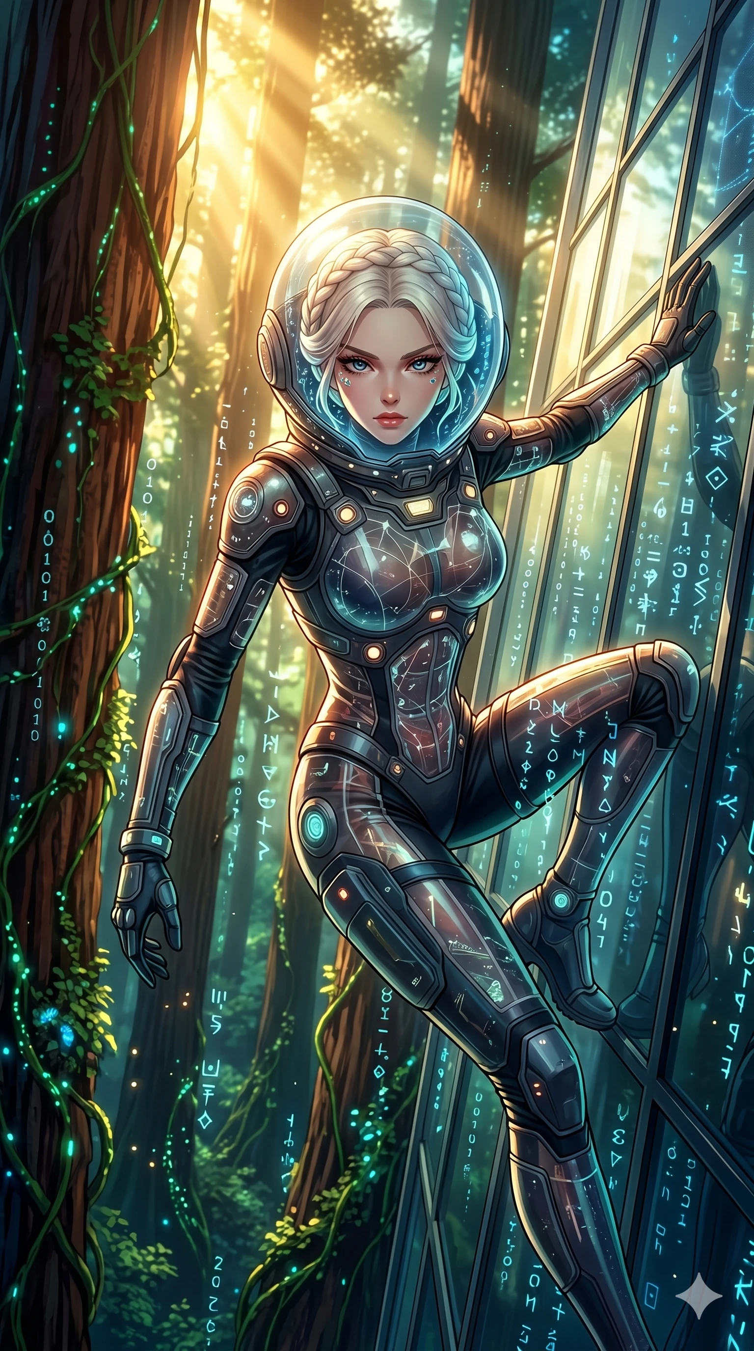 score_9, masterpiece, best quality, ultra-detailed, Set A: High-budget Anime Keyframe, Caucasian (human ears) woman. Upper body close-up from the thighs up, character filling the screen for maximum presence. Theme: Abstract Cosmic. sliding down a glass skyscraper in a giant redwood forest with glowing vines, as a digital rain of 257 symbols washes over her. The atmosphere is filled with cinematic sunlight through leaves. She has an absolutely perfect 8-heads proportion, an exceptionally tall and slender female figure with impossibly long slender legs and an ultra-slim waist. Sharp v-shaped jawline, high-bridge nose, intricate jewel-like eyes with depth, glossy lips. Wearing Deep-space explorer suit with transparent helmet-hood and glowing bio-sensors. Cinematic lighting, vivid colors, dramatic shadows, 2k, ultra detail, master piece, 9:16 ratio