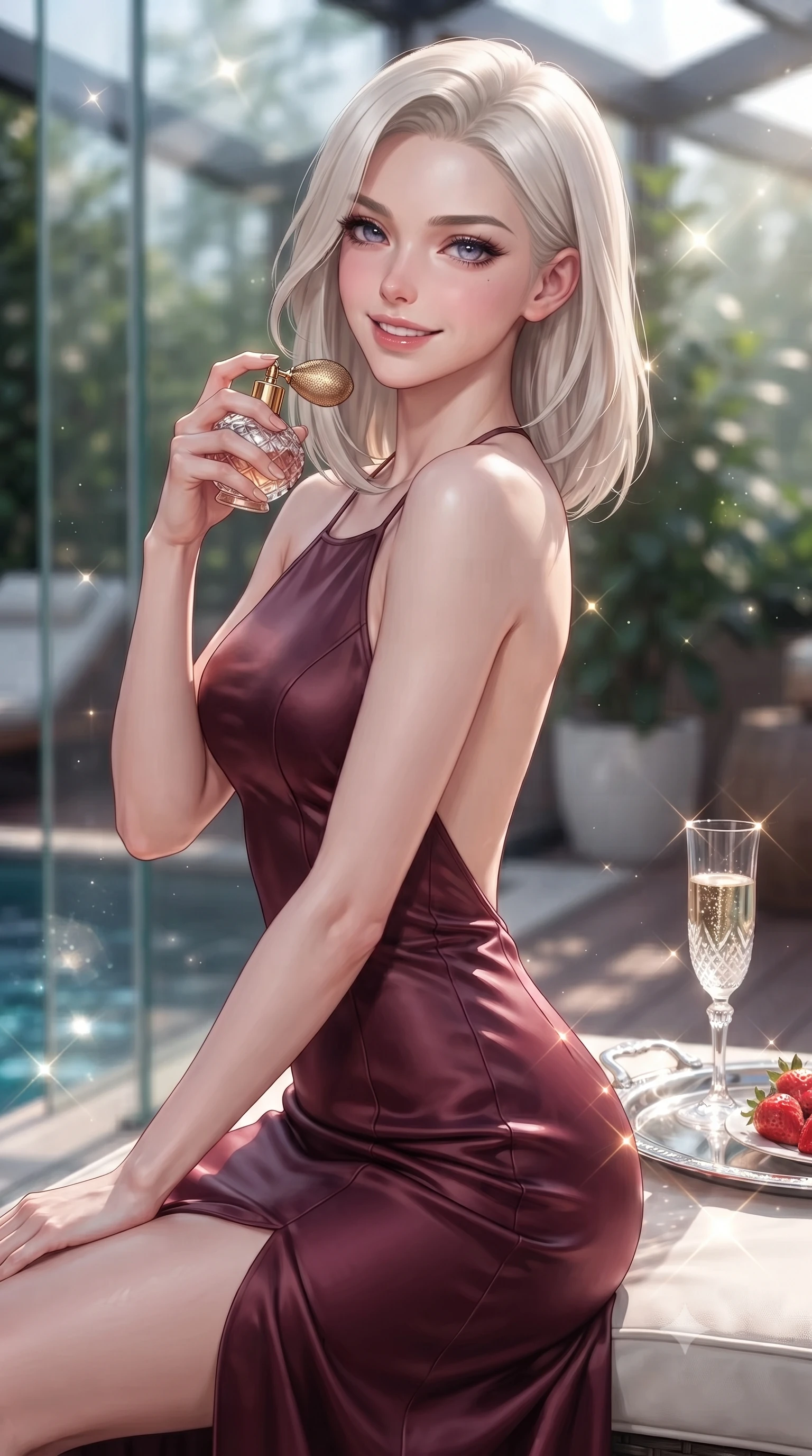 score_9, masterpiece, best quality, ultra-detailed, high-budget anime keyframe, editorial fashion photography, tasteful artistic composition, Caucasian woman. close-up cowboy shot from the waist and thighs up, the character dominates the composition, filling the frame with her large presence, background elements kept in soft focus. holding a vintage perfume bottle to her neck, smiling with quiet magnetic self-assurance set against a soft-focus background of inside an exclusive solarium deck with a crystal glass of sparkling champagne and fresh strawberries on a silver tray. She has an exceptionally elegant, slender, and willowy female figure with an ultra-slim waist, a gracefully sculpted slender torso, and a refined silhouette. sharp v-shaped jawline, high-bridge nose, intricate jewel-like eyes with depth, thick eyelashes, glossy lips with a natural sheen. wearing form-contouring deep burgundy liquid satin backless linen halter dress featuring delicate straps and a draped open-back design featuring refined tailored seams. lit by crisp morning sun rays creating sparkling glints on polished glass and water. ultra-reflective glossy finish, specular highlights, metallic sheen, high-contrast stereoscopic depth, volumetric dynamic lighting, 2k, ultra detail, master piece, 9:16 ratio