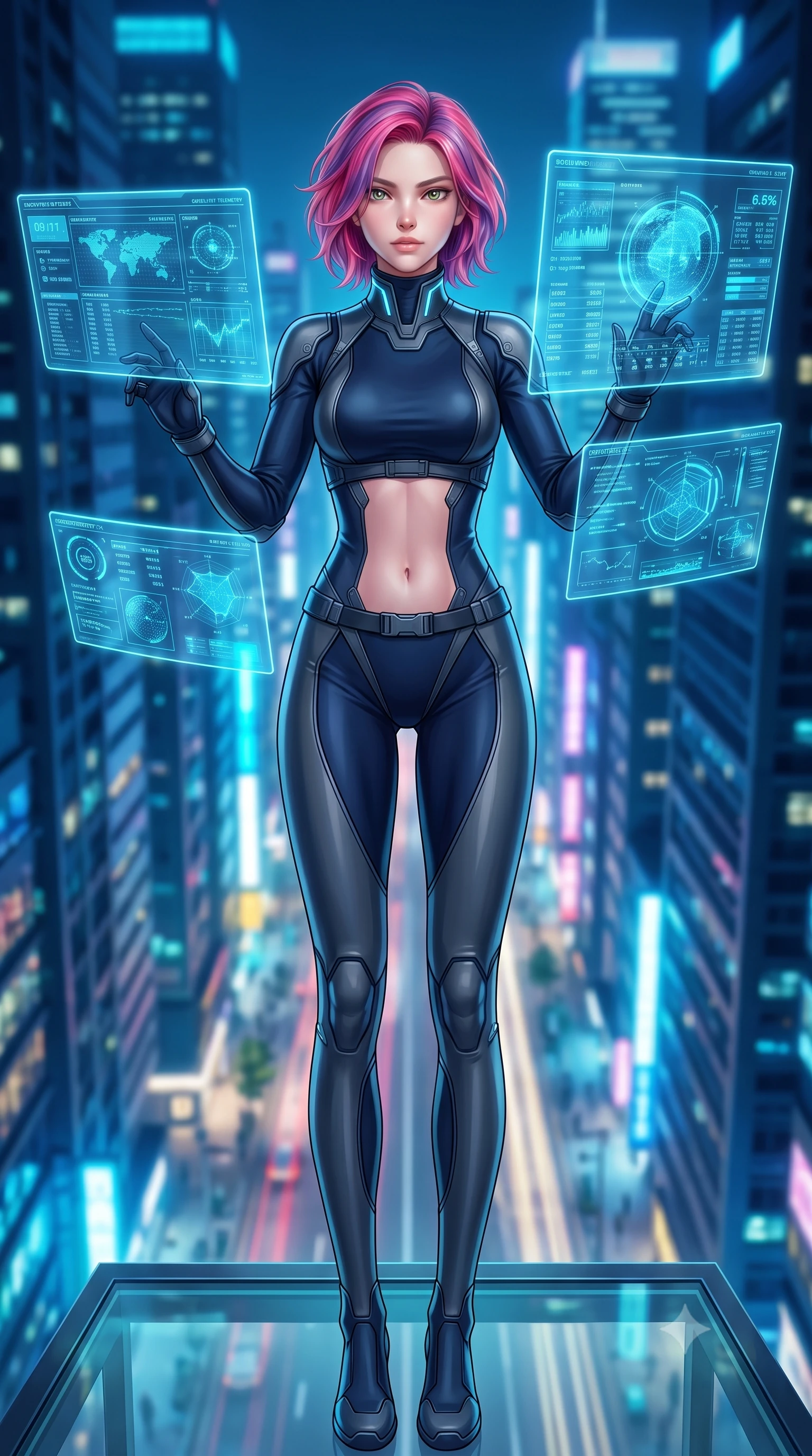 score_9, masterpiece, best quality, ultra-detailed, high-budget anime keyframe, semi-realistic 3D game render, editorial fashion photography, tasteful artistic composition, Caucasian woman. low angle full-body shot from head to toe showing her feet, filling the entire 9:16 vertical frame with her statuesque presence, stretching her vertical silhouette. landing lightly on the balls of her feet in a balanced kinetic stance, eyes locked onto the camera with fearless allure while arching her spine in a fluid stretch while reviewing encrypted satellite telemetry data with a calm, intellectual expression. The composition keeps background elements in soft focus with creamy bokeh. dizzying vertical cityscape traffic light trails and neon skyscrapers far below blurred into sapphire, cyan, and gold bokeh. She has an absolutely perfect, statuesque 8.5-heads proportion, an exceptionally tall and slender model-like female figure with impossibly long slender legs, a toned flat midriff, and an ultra-slim waist. sharp v-shaped jawline, high-bridge nose, intricate jewel-like eyes with depth, thick eyelashes, glossy lips with a natural sheen, captivating and magnetic expression, flawlessly proportioned anatomical accuracy, strict slender model proportions, natural body alignment, perfectly sculpted long slender limbs, ultra-slim waistline, clean dynamic posture without body distortion. wearing a high-tech surveillance operative suit with flexible titanium joints and waist-cinching harness in deep midnight blue and brushed gunmetal, tailored from fluid silk crepe with inner ballistic reinforcement, featuring a high aerodynamic collar framed by subtle glowing cybernetic LEDs, the glove-like aerodynamic second-skin fit tightly clinging to her ultra-slender waist and athletic curves without adding bulk, accentuating her razor-sharp statuesque lines and slim hourglass silhouette. bathed in ambient cyan and ice-blue holographic screen glow combined with midnight city skylight. highly saturated vibrant anime colors, detailed shading with soft gradients, rich glossy textures, high-contrast stereoscopic depth, volumetric dynamic lighting, master piece, 9:16 ratio