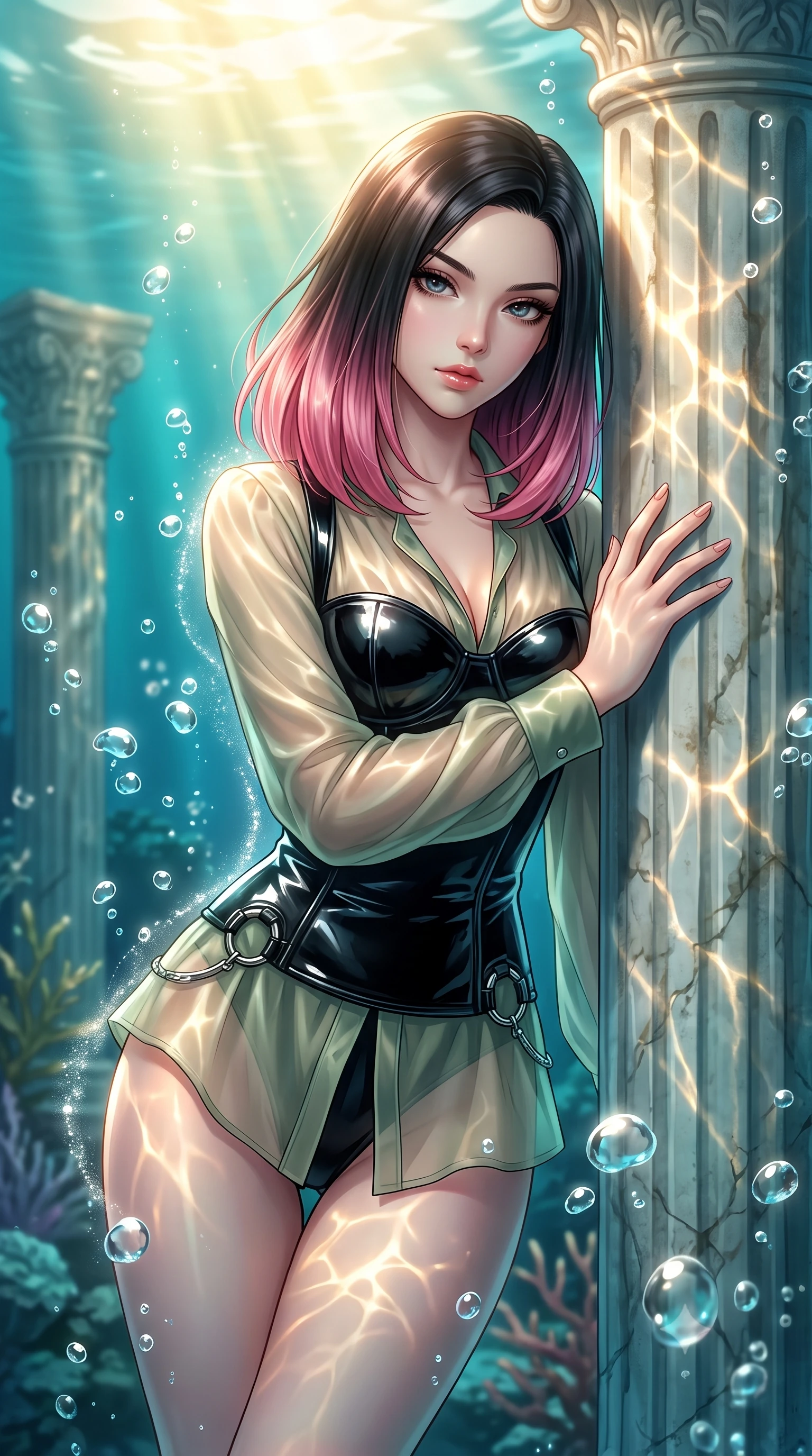 score_9, masterpiece, best quality, ultra-detailed, high-budget anime keyframe, editorial fashion photography, tasteful artistic composition, Korean woman. close-up cowboy shot from the waist and thighs up, the character dominates the composition, filling the frame with her large presence, background elements kept in soft focus. Leaning slightly forward with a composed, seductive gaze under soft glowing light resting against an antique marble pillar as gentle sea bubbles rise around her, golden sunbeams penetrating deep turquoise water creating caustic light patterns. She has an exceptionally elegant, slender, and willowy female figure with an ultra-slim waist, a gracefully sculpted slender torso, and a refined silhouette. sharp v-shaped jawline, high-bridge nose, intricate jewel-like eyes with depth, thick eyelashes, glossy lips with a natural sheen. wearing a tailored leather bustier over a sheer silk chiffon blouse in sage green and oatmeal, tailored from high-gloss patent leather, accented with delicate chrome ring hardware framing her waist, the glove-like fit emphasizing her statuesque silhouette. surrounded by a shimmering ocean aura with bright pearl-white rim lights. highly saturated vibrant anime colors, detailed shading with soft gradients, rich glossy textures, high-contrast stereoscopic depth, volumetric dynamic lighting, master piece, 9:16 ratio