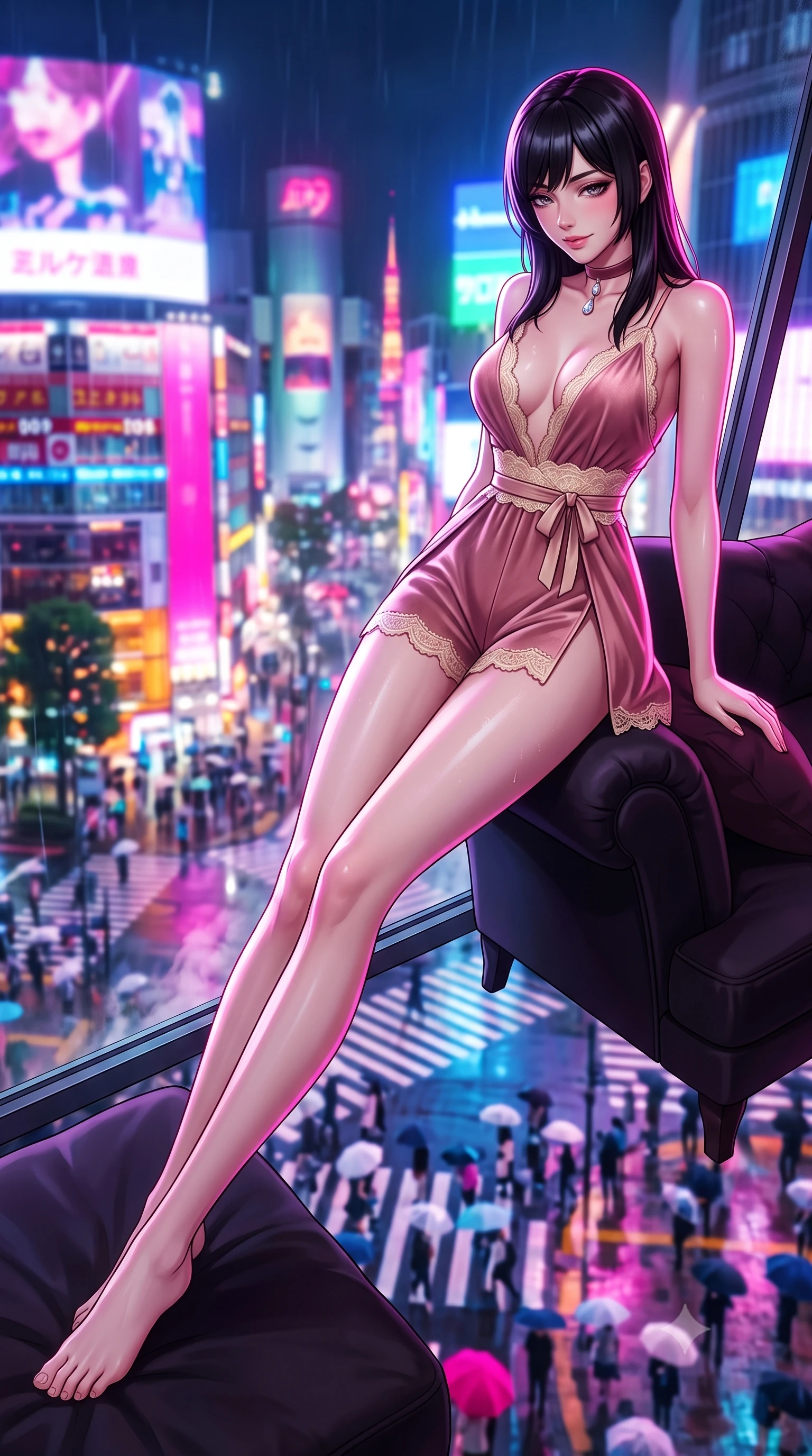 score_9, masterpiece, best quality, ultra-detailed, high-budget anime keyframe, semi-realistic 3D game render, editorial fashion photography, tasteful artistic composition, Caucasian woman. low angle full-body shot from head to toe showing her feet, filling the entire 9:16 vertical frame with her statuesque presence, stretching her vertical silhouette. reclining gracefully across the plush chaise lounge with one leg extended, her sculpted silhouette and flat midriff radiating magnetic nocturnal glamour while leaning against the outward-canted glass with hips cocked back, looking down through steaming thermal water at the bustling neon streets. The background shows a soft-focus massive electronic billboard animations, famous Shibuya scramble crossing with pedestrian umbrellas, and neon spires blurred into fuchsia, electric blue, and gold bokeh. She has an absolutely perfect, statuesque 8.5-heads proportion, an exceptionally tall and slender model-like female figure with impossibly long slender legs, an ultra-slim waist, a flat toned midriff, narrow delicate ribcage, and beautifully sculpted feminine hips creating a graceful, slim hourglass silhouette without any bulky heaviness. sharp v-shaped jawline, high-bridge nose, sparkling eyes with hypnotic seductive depth, thick curled eyelashes, glossy parted lips with a natural dewy peach sheen, alluring bedroom-eyes with an enchanting coquettish smile, exuding magnetic siren charisma and sophisticated glamour, flawlessly proportioned anatomical accuracy, strict slender model proportions, natural body alignment, perfectly sculpted long slender limbs, ultra-slim waistline, clean dynamic posture without body distortion. wearing a plunge-neck stretch velvet romper with scalloped eyelash-lace hems and a cinched waist ribbon in dusky blush pink and warm ivory lace, tailored from fine structural neoprene with crisp architectural edges and smooth contouring, finished with a thin velvet ribbon choker and a single teardrop diamond pendant, the high-slit wrap tailoring accentuating her ultra-slim waistline and the enchanting curve of her feminine hips with alluring seductive charm. illuminated by thermal water reflection bounce and sharp electric-pink rim lights sculpting her jawline, flat midriff, and curvy hips. highly saturated vibrant anime colors, detailed shading with soft gradients, rich glossy textures, high-contrast stereoscopic depth, volumetric dynamic lighting, master piece, 9:16 ratio